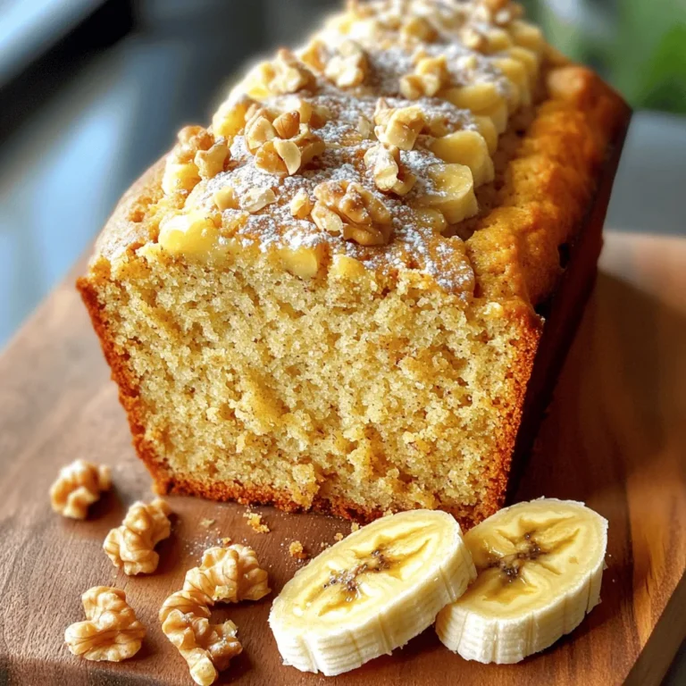 Here’s a simple list of ingredients for classic banana bread. Gather these items before you start baking. - 3 ripe bananas, mashed - 1/2 cup unsalted butter, melted - 1 cup granulated sugar - 2 large eggs, beaten - 1 teaspoon vanilla extract - 1 teaspoon baking soda - 1/4 teaspoon salt - 1 1/2 cups all-purpose flour - 1/2 cup chopped walnuts (optional) - 1/2 teaspoon ground cinnamon (optional for added warmth) Ripe bananas are key to this recipe. They give the bread its sweet and rich flavor. Use bananas that are soft and have plenty of brown spots. Unsalted butter adds moisture and richness. It helps the bread stay soft. Granulated sugar sweetens the bread, making each slice a treat. Eggs provide structure. They help the bread rise and hold together. Vanilla extract adds a nice flavor that blends well with banana. Baking soda is crucial. It helps the bread rise and become fluffy. Salt enhances all the flavors in the bread. All-purpose flour forms the base of the bread. It gives the bread its shape and texture. You can add chopped walnuts for crunch. Ground cinnamon brings warmth and depth to the flavor. If you love spices, this is a great choice. For the full recipe, check out the detailed instructions that follow. Enjoy your baking adventure! 1. Preheat your oven to 350°F (175°C). Grease a 9x5-inch loaf pan with butter or non-stick spray. 2. In a large bowl, mash the ripe bananas until smooth. Then stir in the melted butter. 3. Add granulated sugar to the banana mix. Stir until well combined. 4. Beat in two large eggs one at a time. Then add the vanilla extract. 5. In another bowl, whisk together baking soda, salt, and flour. If you want, add ground cinnamon for warmth. 6. Gradually fold the dry mixture into the banana mixture. Mix gently until just combined. Remember, a few lumps are okay. 7. If you like, fold in chopped walnuts for extra crunch. 8. Pour the batter into the prepared loaf pan. Smooth the top with a spatula. 9. Bake in the preheated oven for 55-60 minutes. Check if a toothpick comes out clean from the center. 10. Once done, let the loaf cool in the pan for about 10 minutes. Then transfer it to a wire rack to cool completely. You can find the Full Recipe above, which includes all steps to make this classic treat. Enjoy your baking journey! Ripe bananas are key for great flavor. They should be mostly brown and soft. This ripeness gives the bread a sweet taste that you will love. If you need to ripen bananas fast, place them in a paper bag. This traps the ethylene gas and speeds up ripening. You can also bake them at 300°F (150°C) for about 15-20 minutes until they turn black. Let them cool before mashing. To get the best texture, do not overmix the batter. Mix just until combined; lumps are okay. Overmixing can make the bread tough. If you want some crunch, add chopped walnuts or chocolate chips. Fold them in gently after mixing the batter. This gives your banana bread a nice surprise. Banana bread is yummy warm or at room temperature. Slice it thick and serve with butter or cream cheese. You can also pair it with a hot drink like coffee or tea. For a fresh touch, add banana slices or a mint sprig to the plate. Enjoy your banana bread with friends or family for a delightful treat. For the full recipe, check out the instructions above. {{image_2}} You can easily switch up the classic banana bread with fun flavors. One popular choice is chocolate chip banana bread. Just add 1 cup of chocolate chips to the batter before baking. The chocolate melts and adds a sweet touch. Another twist is nutty banana bread. You can use various nuts like walnuts or pecans. Just fold in 1/2 cup of your favorite nuts for added crunch. The nuts give the bread a nice texture and extra flavor. If you want a healthier version, try using whole wheat flour instead of all-purpose flour. Whole wheat flour adds fiber and nutrients. You can also reduce the sugar by half or use natural sweeteners like honey or maple syrup. This keeps the bread tasty while cutting down on refined sugar. For those who need gluten-free options, use gluten-free flour blends. These blends work well and keep the texture light. If you follow a vegan diet, you can replace the eggs and butter. Use 1/4 cup of unsweetened applesauce for each egg. Swap the butter with coconut oil or vegan butter. This way, everyone can enjoy a slice of banana bread. Check out the full recipe for these variations! To keep your banana bread fresh, use an airtight container. This helps keep out air and moisture. You can also wrap it in plastic wrap or foil. Store it at room temperature for up to four days. If you want to keep it longer, refrigeration is an option but can dry it out. To keep banana bread moist, place a slice of bread or a piece of apple in the container. This adds moisture and keeps it soft. For long-term storage, freezing is the best method. First, let the banana bread cool completely. Then, wrap it tightly in plastic wrap. After that, put it in a freezer bag. Be sure to remove as much air as possible. This helps prevent freezer burn. You can freeze banana bread for up to three months. When you are ready to eat it, take it out of the freezer. Let it thaw in the fridge overnight for the best taste. You can warm it in the oven for a few minutes before serving. This will bring back its fresh-baked flavor. How long does banana bread last? Banana bread lasts about 3 to 4 days when stored at room temperature. Keep it in an airtight container. For longer storage, you can freeze it for up to 3 months. Just wrap it well in plastic wrap and then in foil. Can I use frozen bananas for the recipe? Yes, you can use frozen bananas! Just thaw them first and drain any excess liquid. Frozen bananas are often sweeter, making your banana bread even better. What can I substitute for eggs in this recipe? You can use applesauce or a flaxseed meal mix as an egg substitute. For one egg, mix 1 tablespoon of flaxseed meal with 2.5 tablespoons of water. Let it sit for a few minutes until it thickens. My banana bread is too dense; what did I do wrong? Dense banana bread often comes from overmixing the batter. Mix just until the dry and wet ingredients combine. Also, ensure your bananas are very ripe for the best flavor and texture. Why does my banana bread have a rubbery texture? A rubbery texture usually means the batter was mixed too much or the bread was overbaked. Use a gentle folding motion, and check for doneness a few minutes early to avoid overbaking. Can I halve the recipe? Yes, you can easily halve the recipe. Just use half of each ingredient. Your baking time may be a bit shorter, so keep an eye on it. How can I scale up the recipe for larger batches? To scale up, simply multiply each ingredient by the number of loaves you want to make. Adjust the baking time if you use larger pans or bake more than one loaf at a time. Always check for doneness with a toothpick. For the full recipe, check out the Banana Bliss Bread section! Banana bread is a fun and simple treat you can make at home. From choosing the best ingredients to mastering baking techniques, this guide has it all. You can experiment with flavors, use healthier options, and even store or freeze your bread for later. After trying this recipe, your banana bread will delight friends and family. Enjoying it fresh or adapted to your taste makes each bite special. Now, grab your ingredients and get baking!