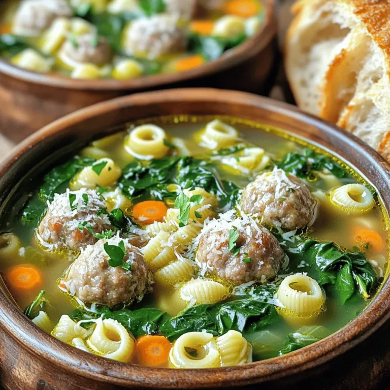 To make this hearty soup, gather the following ingredients: - 1 cup small pasta (acini di pepe or orzo) - 1 pound ground chicken or turkey - 1/2 cup parmesan cheese, grated - 1/4 cup fresh parsley, chopped - 1 egg, lightly beaten - 2 cloves garlic, minced - 1 small onion, finely chopped - 6 cups low-sodium chicken broth - 1 cup carrots, sliced - 1 cup spinach leaves, chopped - 1 teaspoon dried oregano - Salt and pepper to taste - Olive oil for sautéing If you can't find fresh ingredients, don't worry! You can swap some items for dried or frozen ones: - Use frozen spinach instead of fresh. - Dried parsley can replace fresh parsley in a pinch. - Grated cheese can be any hard cheese you enjoy. - Use any small pasta you like, such as ditalini or small shells. Garnishes can add flavor and look great on the table. Consider these options: - Extra grated parmesan cheese - Fresh parsley leaves for color - Crusty bread on the side for dipping - A drizzle of olive oil adds richness Follow the Full Recipe for a step-by-step guide to making this classic dish. Each ingredient plays a key role in bringing out the best flavors, so don't skip them! Start by gathering your ingredients. In a mixing bowl, combine the ground chicken or turkey, grated parmesan cheese, chopped parsley, minced garlic, and the beaten egg. Add a pinch of salt and pepper for flavor. Mix everything well until fully combined. This step is key to making tasty meatballs. Once mixed, form small meatballs, about one inch in diameter. Set these aside for now. Next, take a large pot and heat a drizzle of olive oil over medium heat. Add in the finely chopped onion and sliced carrots. Sauté them for about five minutes until they soften. This adds a nice base flavor for your soup. The smell will make your kitchen feel warm and inviting. Now it's time to cook the soup. Pour six cups of low-sodium chicken broth into the pot with the sautéed vegetables. Bring it to a gentle simmer. Then, carefully add your meatballs to the broth. Let them cook for 10 to 12 minutes, or until they are fully cooked. After that, add your pasta. Cook it according to the package directions until it is al dente. Finally, stir in the chopped spinach and dried oregano. Cook for an additional two minutes until the spinach wilts. Taste the soup and adjust seasoning with salt and pepper, if needed. For the full recipe, check out the section above. Serve the soup hot in bowls, garnished with extra parmesan and parsley for a lovely touch. Enjoy! To make great meatballs, use fresh ingredients. I love using ground chicken or turkey. Mix it well with grated parmesan, chopped parsley, and minced garlic. Make sure to add salt and pepper too. Form small meatballs, about one inch wide. This size helps them cook evenly. If the mixture feels too wet, add a bit of breadcrumbs. To boost the flavor, sauté onions and carrots in olive oil first. This step brings out their sweetness. Adding fresh garlic while cooking also makes a big difference. For extra depth, try using low-sodium chicken broth. It gives a rich base without too much salt. Don't forget to add oregano and fresh spinach at the end. They add a fresh taste and nice color. Serve the soup hot in bowls. I like to sprinkle extra grated parmesan on top. This adds creaminess and flavor. Fresh parsley is a great touch too. Pair the soup with crusty bread for a complete meal. You can also offer a light salad on the side. This makes it hearty and filling. For a special touch, you can drizzle a bit of olive oil over the top before serving. Check out the Full Recipe for more details! {{image_2}} You can make a tasty vegetarian version. Replace meatballs with chickpeas or lentils. Use vegetable broth instead of chicken broth. Add more veggies like zucchini and bell peppers for texture. You can also use tofu for protein. For a vegan version, skip the egg and use a flaxseed mixture as a binder. While ground chicken or turkey is common, you can use other meats. Ground beef or pork adds rich flavor. You can also mix meats for a unique taste. For a lighter option, try ground turkey. Each meat brings its own flavor, so feel free to experiment. While acini di pepe or orzo is traditional, you can swap in different pasta. Small shells or ditalini work well and add fun shapes. If you want a gluten-free option, use rice or quinoa. These choices make the soup your own and keep it exciting. For the full recipe, check the details above. After enjoying your Italian wedding soup, store leftovers in an airtight container. Let the soup cool down first. It will stay fresh in the fridge for three to four days. If you notice any pasta getting too soft, you can always add fresh pasta when reheating. To freeze the soup, place it in a freezer-safe container. Leave some space at the top for expansion. This soup can last in the freezer for up to three months. When ready to eat, thaw it overnight in the fridge. Reheat the soup on the stove over medium heat. If it’s too thick, add a splash of broth or water. Stir often to heat evenly. For microwave reheating, use a microwave-safe bowl. Cover it loosely to avoid splatters. Heat in one-minute intervals, stirring in between. For the full recipe, check out the link and enjoy every bite! Classic Italian Wedding Soup is a warm, hearty dish. It combines small meatballs, pasta, and greens in rich broth. This soup is not for weddings alone, despite its name. It’s a comforting meal for any day. You can make it using ground chicken or turkey, which adds lightness. The broth is flavored with garlic, onion, and herbs like oregano. Adding spinach gives it a fresh, vibrant taste. It’s simple yet full of flavor, making it perfect for family dinners or gatherings. Yes, you can make Italian Wedding Soup ahead of time. It tastes even better the next day as flavors meld. To prepare, follow the recipe and store the soup in the fridge. Just wait to add the pasta until you reheat it. This keeps the pasta from becoming mushy. When ready to serve, heat the soup on the stove. Add the pasta and let it cook until tender. This way, you enjoy a tasty meal without the stress of last-minute cooking. Many side dishes pair well with Italian Wedding Soup. A classic choice is crusty bread, perfect for dipping. You might also serve a light salad with mixed greens and vinaigrette. Garlic bread is another great option, adding crunch and flavor. For a heartier touch, consider serving a cheese platter. A glass of white wine or sparkling water complements the soup nicely. Each of these sides enhances the meal, making it even more enjoyable. You can find more ideas in the Full Recipe. This blog post covered all you need to know to make Italian Wedding Soup. We explored the best ingredients, how to prepare them, and offered some great tips. Remember to consider substitutions and variations to fit your taste. Storing and reheating leftovers is simple, which is a bonus. I hope you feel ready to cook this hearty dish. It’s comforting, flavorful, and easy to share. Enjoy making and serving it to your loved ones!
