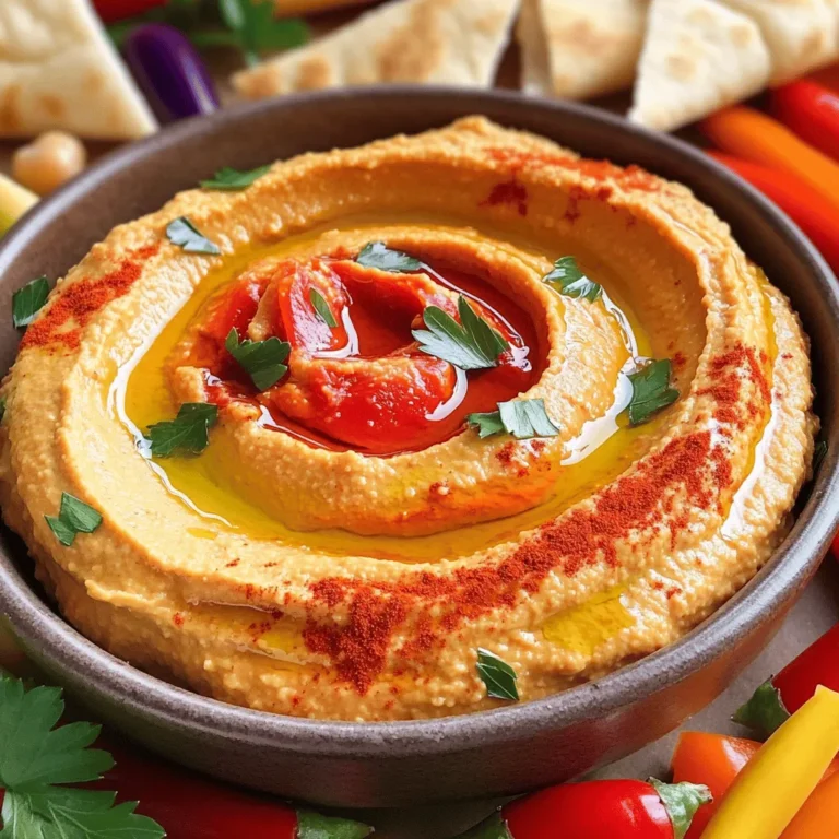 To make roasted red pepper hummus, you need a few key ingredients. Here’s what to gather: - 1 can (15 oz) chickpeas, rinsed and drained - 2 large roasted red peppers, peeled and chopped - 3 tablespoons tahini - 2 tablespoons olive oil - 2 garlic cloves, minced - 1 tablespoon lemon juice - 1 teaspoon ground cumin - Salt and pepper to taste - Water, as needed for consistency These ingredients blend together to create a creamy and flavorful dip. The chickpeas provide protein and fiber. The roasted red peppers add sweetness and depth. Tahini gives a rich, nutty taste. Olive oil rounds out the flavors. You can enhance your hummus with some simple garnishes. Consider these options: - Paprika for a warm color - Fresh parsley, chopped for brightness - A drizzle of olive oil on top Serve the hummus with warm pita bread or crunchy vegetable sticks. You can also add it to a mezze platter for a beautiful presentation. Each ingredient brings its own health benefits. Here’s a quick look: - Chickpeas: High in protein and fiber, great for digestion. - Tahini: Packed with healthy fats, vitamins, and minerals. - Olive oil: Rich in antioxidants and good for heart health. - Garlic: Known for its immune-boosting properties. - Red peppers: High in vitamin C, they support skin health. Using these ingredients not only makes a tasty dish, but it also offers great nutrition. For the full recipe, check out the Roasted Red Pepper Hummus 🥙. Start by gathering all your ingredients. You will need chickpeas, roasted red peppers, tahini, olive oil, garlic, lemon juice, and cumin. Rinse and drain the chickpeas. This helps remove extra salt and improves the taste. Chop the roasted red peppers into smaller pieces. This makes them easier to blend. Next, add the chickpeas, red peppers, tahini, olive oil, minced garlic, lemon juice, and cumin into a food processor. Blend the mixture on high speed. Stop the processor to scrape down the sides. This helps mix everything evenly. If the hummus is too thick, add cold water slowly. Just one tablespoon at a time. Blend until it reaches a creamy texture. Keep tasting it. Add salt and pepper to suit your taste. Once your hummus is smooth, transfer it to a bowl. Drizzle olive oil on top for a rich flavor. Garnish with paprika and fresh parsley for color. Serve with warm pita bread or crunchy veggie sticks. You can even use it as part of a mezze platter. Check out the Full Recipe for more details. Enjoy this creamy, flavorful treat! Roasting red peppers brings out their sweet flavor. Start by washing the peppers. Place them on a baking sheet. Set your oven to 450°F (232°C). Roast for about 20 minutes, turning them halfway. You want the skin to blister and char. After roasting, place them in a bowl and cover with plastic wrap. Let them steam for 10 minutes. This makes peeling easier. Once cool, peel the skin off. Remove the seeds and stems. Chopped roasted red peppers make a great addition to hummus. To make your hummus pop, try adding spices. Ground cumin gives a warm note. You could also use smoked paprika for a smoky taste. A pinch of cayenne pepper adds heat. Fresh herbs like cilantro or basil can brighten the flavor. Lemon zest offers a fresh kick. Experiment with amounts to find your perfect mix. Each spice can change the profile of your hummus. One mistake is not draining the chickpeas well. This can make the hummus watery. Another is skipping the blending step. Blend until smooth for the best texture. If the hummus is thick, add water slowly. Over-seasoning can ruin the taste. Always taste after each addition. Finally, don’t forget to garnish. A sprinkle of paprika and parsley adds color and flair. For the full recipe, check out Roasted Red Pepper Hummus 🥙. {{image_2}} You can mix up your roasted red pepper hummus with new flavors. Try adding spices like smoked paprika or cayenne for some heat. You can also blend in sun-dried tomatoes for a tangy twist. For a fresh taste, add basil or cilantro. Each addition gives your hummus a unique flavor that excites your palate. Serve your hummus in various ways to keep it fun. Use it as a dip with pita chips or fresh veggies. Spread it on sandwiches or wraps for extra creaminess. You can also use it as a topping for grilled meats or fish. It adds a tasty element to any dish and makes meals more enjoyable. If you have dietary needs, you can still enjoy this hummus. Swap tahini with sunflower seed butter for a nut-free option. Use olive oil or avocado oil based on your taste. If you want a lower-carb option, serve with cucumber slices instead of pita. These changes keep the flavor while meeting your needs. For the complete recipe, see the [Full Recipe]. To keep your roasted red pepper hummus fresh, store it in an airtight container. Make sure the container seals well. This helps prevent air from making it dry. You can keep it in the fridge for best results. Your hummus can last in the fridge for about 5 days. If you want to store it longer, freezing is an option. Just scoop it into a freezer-safe container. Leave some space at the top, as it may expand. You can freeze it for up to 3 months. When you want to eat it again, thaw it in the fridge overnight. Hummus is best served cold or at room temperature. If you stored it in the fridge, give it a good stir before serving. If it seems too thick after thawing, add a little water. Blend it again to get that creamy texture back. For a great presentation, drizzle olive oil and sprinkle paprika on top. Enjoy it with warm pita or veggie sticks. You can find the full recipe for roasted red pepper hummus above. To make roasted red pepper hummus from scratch, you need a few simple steps. First, gather your ingredients. You will need chickpeas, roasted red peppers, tahini, olive oil, garlic, lemon juice, and spices. In a food processor, add the chickpeas, roasted red peppers, tahini, olive oil, minced garlic, lemon juice, and ground cumin. Blend until smooth. If it's too thick, add cold water one tablespoon at a time. Taste and season with salt and pepper. Finally, serve with a drizzle of olive oil and some paprika on top. Hummus offers many health benefits. It is high in protein, which helps build muscle. Chickpeas, the main ingredient, are rich in fiber. This fiber aids digestion and keeps you full. Hummus is also packed with healthy fats from olive oil and tahini. These fats are good for your heart. Plus, it contains vitamins and minerals that support overall health. Eating hummus can be a tasty way to enjoy a healthy snack. Yes, you can use fresh peppers, but the flavor will change. Roasted red peppers have a sweet, smoky taste that fresh ones lack. If you use fresh peppers, consider roasting them first. This way, you will get a similar flavor. Roasting can be done in the oven or over a flame. Just make sure to remove the skins before adding them to your hummus. You can find roasted red pepper hummus at many grocery stores. Look in the refrigerated section, often near other dips. Many brands offer this flavor. If you want a fresher option, check local farmers' markets or specialty stores. Some restaurants and cafes also serve it. For a homemade version, follow the Full Recipe for a quick and easy option. Roasted red pepper hummus is simple and fun to make. We reviewed key ingredients, preparation tips, and storage methods. You learned how to blend for smoothness and avoid common mistakes. Remember to experiment with flavors and garnishes. This dish can fit many diets and tastes. Enjoy this tasty treat with friends and family. Embrace your creativity in the kitchen and enjoy every bite of your hummus!
