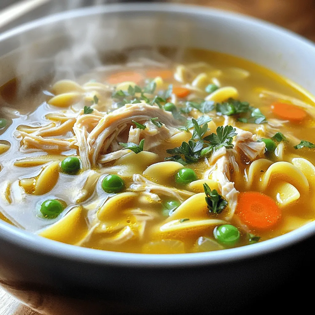 To make a great chicken noodle soup, you need some key items. Here’s what you’ll need: - 1 tablespoon olive oil - 1 medium onion, chopped - 2 carrots, sliced - 2 celery stalks, diced - 3 garlic cloves, minced - 1 pound boneless, skinless chicken breasts - 6 cups chicken broth - 1 teaspoon dried thyme - 1 bay leaf - 8 ounces egg noodles - 1 cup frozen peas - Salt and pepper to taste - Fresh parsley, chopped (for garnish) These ingredients create a warm and tasty soup. The chicken gives protein, while the veggies add flavor and nutrition. You can take your soup to the next level with some optional ingredients. Try adding: - 1 teaspoon of lemon juice for brightness - A pinch of red pepper flakes for heat - Fresh herbs like dill or rosemary for extra taste These extras can make your soup unique. They help you personalize the flavor to your liking. If you don’t have some ingredients, don’t worry! You can swap them out. Here are some ideas: - Use vegetable broth instead of chicken broth for a lighter taste. - Chicken thighs can replace chicken breasts for richer flavor. - If you don’t have egg noodles, any pasta will do. Just cook it slightly less. These swaps keep the soup simple while still tasting great. You can easily adjust the recipe to fit what you have on hand. For the complete recipe, check out the [Full Recipe]. Start by gathering your vegetables. Chop one medium onion, slice two carrots, and dice two celery stalks. These three vegetables form the base of your soup. They add depth and flavor. Mince three garlic cloves for that perfect aroma. Heat one tablespoon of olive oil in a large stockpot over medium heat. Add the chopped onion, carrots, and celery. Sauté them for about five to seven minutes until they are soft. Stir in the minced garlic and cook for one to two minutes. This step makes your kitchen smell great! Now, it’s time to add the chicken. Place one pound of boneless, skinless chicken breasts into the pot. Pour in six cups of chicken broth to cover the chicken. Add one teaspoon of dried thyme and one bay leaf for flavor. Bring the mixture to a boil. Once it's boiling, lower the heat and let it simmer. Cook for 15 to 20 minutes, or until the chicken is fully cooked. Carefully remove the chicken from the pot. Use two forks to shred it into bite-sized pieces. Return the shredded chicken back into the pot, mixing it well with the broth. Next, stir in eight ounces of egg noodles and one cup of frozen peas. These add heartiness and texture to your soup. Cook for an additional seven to ten minutes, or until the noodles are tender. Don't forget to season your soup with salt and pepper to taste. Before serving, remove the bay leaf. This soup is best served hot, garnished with freshly chopped parsley for a pop of color. Enjoy your comforting easy chicken noodle soup! For the full recipe, check out the details above. To make your chicken noodle soup shine, I always add fresh herbs. Thyme and parsley bring a bright taste. You can also use lemon juice for a hint of acidity. A splash of soy sauce adds depth, too. If you like heat, try red pepper flakes. These small tweaks can turn good into great. After enjoying a bowl, store any leftover soup to keep it fresh. Use an airtight container to prevent spills and keep flavors in. Let the soup cool down before sealing it. This way, you avoid condensation that can make it watery. Store it in the fridge for up to three days. For longer storage, freeze it in individual portions. When reheating, do it gently. Use a pot on the stove for even heat. Stir it often to prevent burning. If you use a microwave, heat it in short bursts. Stir between each burst to warm it evenly. Add a splash of broth or water if it thickens too much. This keeps it delicious and comforting. {{image_2}} To make a gluten-free version, swap egg noodles for gluten-free pasta. Many brands offer tasty options. You can also use rice noodles for a different texture. Just remember to cook them according to package instructions. This way, you keep the soup's comfort while meeting dietary needs. For a vegetarian twist, replace the chicken with hearty vegetables. Try using mushrooms, zucchini, and bell peppers. Use vegetable broth instead of chicken broth. You can also add tofu for protein. This version is still warm and cozy, perfect for a chilly day. If you like heat, add red pepper flakes or diced jalapeños. You can also stir in a spoonful of sriracha or hot sauce. These spices will give your soup a nice kick. Adjust the heat to your taste. You can still enjoy the classic flavors while making it exciting. Explore these variations to find your favorite style. Each one offers a new way to enjoy my easy chicken noodle soup. For more ideas, check out the Full Recipe. Once your chicken noodle soup is ready, let it cool. Use an airtight container to keep the soup fresh. Be sure to store it in the fridge if you plan to eat it within a few days. This helps keep the flavors strong. Avoid leaving it out at room temperature. This can cause bacteria to grow. Use a spoon to serve the soup, so it stays clean. Freezing is a great way to store chicken noodle soup for later use. First, let the soup cool completely. Then, pour it into freezer-safe bags or containers. Leave some space at the top for expansion. Label the bags with the date. This way, you can easily keep track of how long it has been in the freezer. When you want to eat it, thaw it in the fridge overnight. Chicken noodle soup can last about 3 to 4 days in the fridge. If you freeze it, it will stay good for about 2 to 3 months. Be sure to check for any off smells before you eat it. If it doesn’t smell right, it's best to throw it away. This keeps you safe and healthy. For the best taste, eat the soup sooner rather than later. If you want more details, check the Full Recipe. To make Easy Chicken Noodle Soup from scratch, start with fresh ingredients. You will need olive oil, onion, carrots, celery, garlic, chicken breasts, and chicken broth. Heat the olive oil in a large pot. Add the onion, carrots, and celery. Cook them until they soften. Then add minced garlic and cook a bit more. Next, place the chicken breasts in the pot. Pour in the chicken broth, add thyme and a bay leaf, and bring it to a boil. After boiling, lower the heat and let it simmer. Once the chicken is cooked, shred it and return it to the pot. Add egg noodles and peas, and cook until the noodles are tender. Season with salt and pepper. Serve with parsley on top for a nice touch. You can find the full recipe above. Yes, you can use rotisserie chicken! It saves time and adds great flavor. Just shred the chicken and add it when you would normally return the cooked chicken to the pot. This makes the soup even easier to prepare. You can skip cooking the chicken in the broth, and start adding the other ingredients right away. Avoid these common mistakes to make the best chicken noodle soup: - Overcooking the vegetables: They should be tender but not mushy. - Adding noodles too early: They can turn soggy if cooked too long. - Not seasoning enough: Taste as you go to get the right flavor. - Skipping the bay leaf: It adds great depth to the soup. - Not letting it simmer: This helps meld the flavors together. By keeping these tips in mind, you can make a delicious chicken noodle soup every time! In this guide, we explored making easy chicken noodle soup. You learned about key ingredients and fun variations. I shared tips to improve flavor and safe ways to store leftovers. Remember to pick fresh ingredients for the best taste. Whether you choose a classic recipe or a spicy twist, you can create a warm dish. Enjoy your cooking adventure and share your soup joy with others!