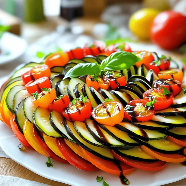 For a delicious baked ratatouille, you will need these fresh ingredients: - 1 medium zucchini, sliced into thin rounds - 1 medium eggplant, sliced into thin rounds - 1 bell pepper (red or yellow), sliced - 1 medium onion, thinly sliced - 2 cups cherry tomatoes, halved - 3 cloves garlic, minced - 1 teaspoon fresh thyme leaves - 1 teaspoon fresh basil, chopped - ½ teaspoon dried oregano - 4 tablespoons olive oil - Salt and pepper to taste - 1 tablespoon balsamic vinegar (for drizzling) - Fresh basil leaves for garnish To enhance your dish, consider adding: - Grated cheese like mozzarella or goat cheese - Extra fresh herbs like parsley or rosemary - Spices such as crushed red pepper for a kick If you want some swaps, try these ideas: - Use yellow squash instead of zucchini - Swap eggplant for mushrooms or bell peppers - For a vegan option, skip the cheese or use a dairy-free alternative - Choose low-sodium vegetable broth instead of salt for seasoning These ingredients and options help make your baked ratatouille flavorful and colorful. You can find the full recipe for Ratatouille Delight and enjoy cooking this vibrant dish! To start, preheat your oven to 400°F (200°C). This step is key for even cooking. Next, heat 2 tablespoons of olive oil in a large skillet over medium heat. Once hot, add the sliced onion and minced garlic. Sauté until the onions look clear, about 5 minutes. Season this mix with salt, pepper, and dried oregano to bring out the flavors. Now, grab a 9x13 inch baking dish. Spread the sautéed onion and garlic mixture evenly on the bottom. This will create a tasty base for your ratatouille. Now comes the fun part: layering the vegetables! Slice the zucchini and eggplant into thin rounds. Take your red or yellow bell pepper and slice it into strips. Halve the cherry tomatoes. Start by standing the zucchini, eggplant, bell pepper, and cherry tomatoes upright in the dish. Alternate them in a spiral pattern for a beautiful look. This not only makes it pretty but also helps the flavors blend. Once arranged, drizzle the remaining 2 tablespoons of olive oil over the top. Then, sprinkle fresh thyme leaves, chopped basil, salt, and pepper evenly across the veggies. Cover your baking dish tightly with aluminum foil. This helps steam the vegetables, making them soft and tasty. Bake for 30 minutes. After that, remove the foil and continue baking for another 15-20 minutes. This allows the vegetables to caramelize a bit. To finish, drizzle balsamic vinegar over the baked ratatouille for a burst of flavor. You can enjoy this dish hot or at room temperature. For the full recipe, check out Ratatouille Delight . To avoid overcooking your vegetables, focus on timing. Start by slicing all your veggies evenly. This helps them cook at the same speed. When you layer them, place the denser ones, like eggplant and zucchini, on the bottom. They will take longer to cook. Bake your ratatouille covered for the first half. This keeps moisture in and helps soften the veggies. After 30 minutes, remove the foil. This step allows the top to caramelize and develop great flavor. Check your dish often in the last few minutes. You want it tender but not mushy. Baked ratatouille pairs well with crusty bread or a fresh salad. You can also serve it with a dollop of yogurt or a drizzle of balsamic glaze. For a heartier meal, serve it alongside grilled chicken or fish. Consider adding a sprinkle of feta cheese for a salty bite. Fresh herbs like basil or parsley can enhance the dish. They add freshness to every bite. Visual aids can help you nail the presentation. Look for images showing the layered veggies. You want to see vibrant colors and nice textures. Video demonstrations can guide you step-by-step. They make it easier to replicate the dish. Seeing the baking process can also help you understand doneness. Check out the Full Recipe for more details and visual support! {{image_2}} You can make ratatouille your own by swapping ingredients. Use seasonal vegetables like butternut squash or asparagus. They add unique flavors and colors. Fresh herbs can also change the taste. Try tarragon or parsley for a fresh twist. You can even add spices like smoked paprika for warmth. Each swap gives your dish a new personality. Ratatouille is not just for baking. You can make it on the stovetop too. Start by sautéing the onions and garlic in a pan. Then, add the vegetables and cook until tender. This method is quick and easy. You can also use a slow cooker. Just layer the veggies, add olive oil, and set it on low for several hours. Both methods offer delicious results. Ratatouille has many versions around the world. In Italy, they make a similar dish called Caponata. It includes eggplant, tomatoes, and capers for a salty kick. In Spain, you might find a ratatouille-like dish with chorizo and olives. Each culture adds its own touch, making ratatouille a global delight. Explore these variations to find your favorite twist! After enjoying your baked ratatouille, store leftovers in the fridge. Place the dish in an airtight container. This keeps it fresh for up to three days. Make sure to let it cool down first. If you want to keep flavors strong, cover it tightly. For long-term storage, you can freeze ratatouille. Use freezer-safe containers or bags. Portion it into single servings for easy meals later. Label each container with the date. To reheat, thaw in the fridge overnight. Then, warm it in a skillet over low heat. Stir gently until heated through. Ratatouille stays good in the fridge for up to three days. If you freeze it, use it within three months. Check for changes in smell or texture before eating. If it looks or smells off, it’s best to discard it. Enjoy your colorful dish while it's fresh! Ratatouille comes from France, especially the region of Provence. It started as a peasant dish. People made it to use their garden vegetables. The dish shows how simple food can be full of flavor. Today, ratatouille is loved worldwide. It represents the essence of summer with its bright colors and fresh taste. Yes, making ratatouille ahead is a great idea. You can prepare it a day before serving. Just follow these best practices: - Cook the ratatouille as directed. - Let it cool and store it in the fridge. - Reheat it gently before serving. This allows the flavors to blend well, making it taste even better. To check if your ratatouille is done, look for these signs: - The vegetables should be tender. - They should not be mushy. - The edges may caramelize slightly. You can test by piercing the vegetables with a fork. If it goes in easily, it’s ready. For detailed cooking instructions, check out the complete guide for Ratatouille Delight . This blog post covered the key ingredients for ratatouille, from zucchini to onions. I shared steps to prepare and bake your dish perfectly. You learned tips for serving and storing, plus variations to try. Ratatouille is versatile and fun to make. Use fresh ingredients for the best flavor. Remember, creativity adds joy to cooking. Enjoy making your ratatouille and exploring different twists on this classic dish!