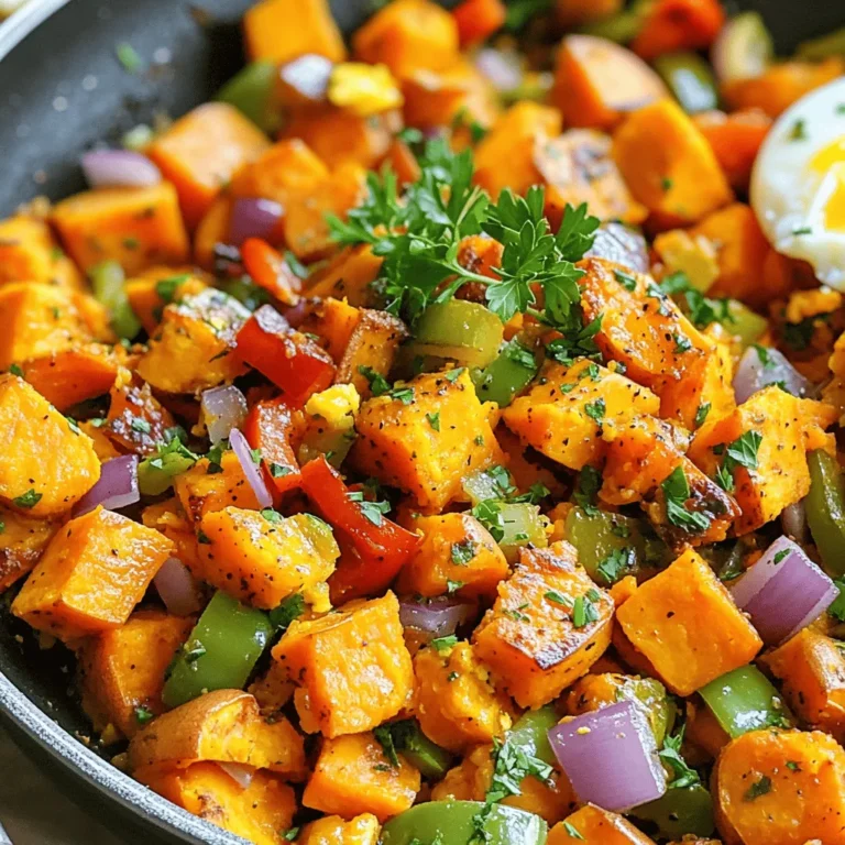 To make a tasty sweet potato hash, you need: - 2 medium sweet potatoes, peeled and diced - 1 red bell pepper, diced - 1 green bell pepper, diced - 1 small red onion, diced - 2 cloves garlic, minced - 1 teaspoon smoked paprika - 1/2 teaspoon cumin - Salt and pepper to taste - 3 tablespoons olive oil - 4 large eggs (optional, for serving) - Fresh parsley, chopped (for garnish) Sweet potato hash is not just flavorful; it also offers great nutrition. Sweet potatoes are high in fiber and vitamins A and C. Bell peppers add extra vitamins and antioxidants. When you add eggs, you boost the protein content. Here’s a rough breakdown per serving without eggs: - Calories: 180 - Protein: 4g - Carbohydrates: 35g - Dietary Fiber: 6g - Fat: 5g To make this dish, you’ll need a few simple tools: - Large skillet (cast iron is perfect) - Cutting board - Sharp knife - Measuring spoons - Spatula - Serving plates With these ingredients and equipment, you are ready to create a delicious sweet potato hash. For the full details on how to cook it, check out the Full Recipe. First, gather all your ingredients. You need two sweet potatoes, one red bell pepper, one green bell pepper, one small red onion, and two cloves of garlic. Make sure to peel and dice the sweet potatoes. Dice the bell peppers and onion as well. Mince the garlic. This prep makes cooking easier and faster. Next, measure out your spices. You will need one teaspoon of smoked paprika and half a teaspoon of cumin. Add salt and pepper to taste. You will also need three tablespoons of olive oil. If you want eggs on top, set aside four large eggs. Lastly, chop some fresh parsley for garnish. Now, heat two tablespoons of olive oil in a large skillet over medium heat. Once the oil is hot, add the diced sweet potatoes. Sprinkle salt, pepper, smoked paprika, and cumin over them. Stir to coat the sweet potatoes well. Cook the sweet potatoes for about 10 to 12 minutes. Stir them every few minutes. You want them to soften and brown a little on the edges. After that, add the diced red onion and bell peppers. Cook these together for another five to seven minutes. Keep stirring until the veggies are tender. In the last minute, add the minced garlic. Stir it in until you smell its great flavor, about 30 seconds. Taste and adjust seasoning if you need to. If you want eggs, use the last tablespoon of olive oil in a separate pan. Cook the eggs to your liking, whether fried or poached. Serve the sweet potato hash on plates. Top each serving with a cooked egg and sprinkle fresh parsley on top. For a rustic look, you can serve the hash in the skillet. This adds charm and warmth. Enjoy this easy and tasty breakfast dish! For the full recipe, check the details above. To make a great sweet potato hash, focus on these tips: - Choose the right sweet potatoes: Look for firm, smooth ones. - Dice evenly: Cut your sweet potatoes and veggies into similar sizes. This helps them cook at the same rate. - Don’t overcrowd the pan: If you add too many veggies, they won’t brown well. Cook in batches if needed. - Use high heat: This gives your hash a nice crisp. Start with medium heat, then turn it up a bit. - Stir less: Let the sweet potatoes sit for a while before stirring. This helps with browning. You can easily swap ingredients based on what you have: - Sweet potatoes: Try butternut squash or regular potatoes. - Bell peppers: Zucchini or mushrooms work well too. - Onion: Green onion or shallots can add nice flavor. - Spices: If you don’t have smoked paprika, regular paprika is a good choice. - Eggs: For a vegan option, leave them out or use tofu instead. Here are some fun ways to serve your sweet potato hash: - Top with eggs: Fried or poached eggs add richness. - Garnish: Fresh parsley or chives make it look pretty. - Add hot sauce: Spice things up with your favorite hot sauce. - Serve with toast: A slice of crusty bread pairs well. - Make it a meal: Add a side salad for extra veggies. For the full recipe, check out the Savory Sweet Potato Hash section. {{image_2}} You can make your sweet potato hash even better with some tasty veggies. Try adding spinach, kale, or zucchini. These greens add color and nutrients. Just chop them up and toss them in during the last few minutes of cooking. You can also add mushrooms for a nice earthy flavor. The options are endless, and they all taste great! If you want more protein, there are many choices. You can add cooked beans, like black beans or chickpeas. They boost the protein and fiber in your meal. For meat lovers, diced ham or cooked sausage works well too. Just mix them in with the veggies and cook until heated through. If you prefer eggs, top your hash with fried or poached eggs for a classic touch. Spices can change the flavor of your sweet potato hash. If you like heat, add a pinch of cayenne pepper or chili powder. For a fresh twist, sprinkle in fresh herbs like thyme or rosemary. You can also try curry powder for a warm, exotic flavor. Each spice gives your dish a new twist, making it fun to experiment with! Check out the Full Recipe for more ideas. After enjoying your sweet potato hash, cool it down. Place leftovers in an airtight container. Store it in the fridge if you plan to eat it within three days. Make sure to keep it covered to prevent it from drying out. To reheat, take the hash out of the fridge. You can use a skillet or a microwave. If using a skillet, warm it over medium heat. Stir occasionally until heated through. If using a microwave, heat in short bursts, stirring in between. This keeps it from getting soggy. You can freeze sweet potato hash for later. First, let it cool completely. Then, place it in a freezer-safe container or bag. Press out any air before sealing. It can last up to three months in the freezer. To use, thaw it overnight in the fridge before reheating. Enjoy your tasty meal anytime! For the full recipe, check out the detailed steps. To make sweet potato hash crispy, use a few simple tricks. First, cut your sweet potatoes into small cubes. This helps them cook faster and get crispier. Second, use enough oil in your pan. Oil helps with browning and crisping. Finally, avoid crowding the skillet. If too many pieces are in the pan, they steam instead of crisping. By following these steps, you can achieve a delicious, crunchy texture. Yes, you can make sweet potato hash ahead of time. Cook it fully and then cool it down. Place the hash in an airtight container. It stays fresh in the fridge for about three days. When you are ready to eat, just reheat it in a skillet. Add a splash of oil for extra crispiness. This makes for an easy and tasty breakfast option! Sweet potato hash pairs well with many items. You can serve it with eggs, such as fried or poached. This adds protein and flavor. You might also add avocado slices for creaminess. Fresh herbs, like parsley, give it a nice touch. For a spicy kick, try adding hot sauce. Each of these options enhances the dish and makes it even more satisfying. For the full recipe, you can check the section above. Sweet potato hash is a tasty dish you can make with simple steps. We covered the key ingredients, nutritional facts, and the gear you'll need. You saw how to prep, cook, and add final touches for great flavor. I shared useful tips for cooking, ingredient swaps, and ways to serve it. Plus, we explored fun variations and storage tips. Now, you have all the tools to create a delicious meal. Enjoy your cooking journey!