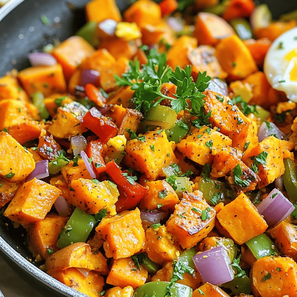 To make a tasty sweet potato hash, you need: - 2 medium sweet potatoes, peeled and diced - 1 red bell pepper, diced - 1 green bell pepper, diced - 1 small red onion, diced - 2 cloves garlic, minced - 1 teaspoon smoked paprika - 1/2 teaspoon cumin - Salt and pepper to taste - 3 tablespoons olive oil - 4 large eggs (optional, for serving) - Fresh parsley, chopped (for garnish) Sweet potato hash is not just flavorful; it also offers great nutrition. Sweet potatoes are high in fiber and vitamins A and C. Bell peppers add extra vitamins and antioxidants. When you add eggs, you boost the protein content. Here’s a rough breakdown per serving without eggs: - Calories: 180 - Protein: 4g - Carbohydrates: 35g - Dietary Fiber: 6g - Fat: 5g To make this dish, you’ll need a few simple tools: - Large skillet (cast iron is perfect) - Cutting board - Sharp knife - Measuring spoons - Spatula - Serving plates With these ingredients and equipment, you are ready to create a delicious sweet potato hash. For the full details on how to cook it, check out the Full Recipe. First, gather all your ingredients. You need two sweet potatoes, one red bell pepper, one green bell pepper, one small red onion, and two cloves of garlic. Make sure to peel and dice the sweet potatoes. Dice the bell peppers and onion as well. Mince the garlic. This prep makes cooking easier and faster. Next, measure out your spices. You will need one teaspoon of smoked paprika and half a teaspoon of cumin. Add salt and pepper to taste. You will also need three tablespoons of olive oil. If you want eggs on top, set aside four large eggs. Lastly, chop some fresh parsley for garnish. Now, heat two tablespoons of olive oil in a large skillet over medium heat. Once the oil is hot, add the diced sweet potatoes. Sprinkle salt, pepper, smoked paprika, and cumin over them. Stir to coat the sweet potatoes well. Cook the sweet potatoes for about 10 to 12 minutes. Stir them every few minutes. You want them to soften and brown a little on the edges. After that, add the diced red onion and bell peppers. Cook these together for another five to seven minutes. Keep stirring until the veggies are tender. In the last minute, add the minced garlic. Stir it in until you smell its great flavor, about 30 seconds. Taste and adjust seasoning if you need to. If you want eggs, use the last tablespoon of olive oil in a separate pan. Cook the eggs to your liking, whether fried or poached. Serve the sweet potato hash on plates. Top each serving with a cooked egg and sprinkle fresh parsley on top. For a rustic look, you can serve the hash in the skillet. This adds charm and warmth. Enjoy this easy and tasty breakfast dish! For the full recipe, check the details above. To make a great sweet potato hash, focus on these tips: - Choose the right sweet potatoes: Look for firm, smooth ones. - Dice evenly: Cut your sweet potatoes and veggies into similar sizes. This helps them cook at the same rate. - Don’t overcrowd the pan: If you add too many veggies, they won’t brown well. Cook in batches if needed. - Use high heat: This gives your hash a nice crisp. Start with medium heat, then turn it up a bit. - Stir less: Let the sweet potatoes sit for a while before stirring. This helps with browning. You can easily swap ingredients based on what you have: - Sweet potatoes: Try butternut squash or regular potatoes. - Bell peppers: Zucchini or mushrooms work well too. - Onion: Green onion or shallots can add nice flavor. - Spices: If you don’t have smoked paprika, regular paprika is a good choice. - Eggs: For a vegan option, leave them out or use tofu instead. Here are some fun ways to serve your sweet potato hash: - Top with eggs: Fried or poached eggs add richness. - Garnish: Fresh parsley or chives make it look pretty. - Add hot sauce: Spice things up with your favorite hot sauce. - Serve with toast: A slice of crusty bread pairs well. - Make it a meal: Add a side salad for extra veggies. For the full recipe, check out the Savory Sweet Potato Hash section. {{image_2}} You can make your sweet potato hash even better with some tasty veggies. Try adding spinach, kale, or zucchini. These greens add color and nutrients. Just chop them up and toss them in during the last few minutes of cooking. You can also add mushrooms for a nice earthy flavor. The options are endless, and they all taste great! If you want more protein, there are many choices. You can add cooked beans, like black beans or chickpeas. They boost the protein and fiber in your meal. For meat lovers, diced ham or cooked sausage works well too. Just mix them in with the veggies and cook until heated through. If you prefer eggs, top your hash with fried or poached eggs for a classic touch. Spices can change the flavor of your sweet potato hash. If you like heat, add a pinch of cayenne pepper or chili powder. For a fresh twist, sprinkle in fresh herbs like thyme or rosemary. You can also try curry powder for a warm, exotic flavor. Each spice gives your dish a new twist, making it fun to experiment with! Check out the Full Recipe for more ideas. After enjoying your sweet potato hash, cool it down. Place leftovers in an airtight container. Store it in the fridge if you plan to eat it within three days. Make sure to keep it covered to prevent it from drying out. To reheat, take the hash out of the fridge. You can use a skillet or a microwave. If using a skillet, warm it over medium heat. Stir occasionally until heated through. If using a microwave, heat in short bursts, stirring in between. This keeps it from getting soggy. You can freeze sweet potato hash for later. First, let it cool completely. Then, place it in a freezer-safe container or bag. Press out any air before sealing. It can last up to three months in the freezer. To use, thaw it overnight in the fridge before reheating. Enjoy your tasty meal anytime! For the full recipe, check out the detailed steps. To make sweet potato hash crispy, use a few simple tricks. First, cut your sweet potatoes into small cubes. This helps them cook faster and get crispier. Second, use enough oil in your pan. Oil helps with browning and crisping. Finally, avoid crowding the skillet. If too many pieces are in the pan, they steam instead of crisping. By following these steps, you can achieve a delicious, crunchy texture. Yes, you can make sweet potato hash ahead of time. Cook it fully and then cool it down. Place the hash in an airtight container. It stays fresh in the fridge for about three days. When you are ready to eat, just reheat it in a skillet. Add a splash of oil for extra crispiness. This makes for an easy and tasty breakfast option! Sweet potato hash pairs well with many items. You can serve it with eggs, such as fried or poached. This adds protein and flavor. You might also add avocado slices for creaminess. Fresh herbs, like parsley, give it a nice touch. For a spicy kick, try adding hot sauce. Each of these options enhances the dish and makes it even more satisfying. For the full recipe, you can check the section above. Sweet potato hash is a tasty dish you can make with simple steps. We covered the key ingredients, nutritional facts, and the gear you'll need. You saw how to prep, cook, and add final touches for great flavor. I shared useful tips for cooking, ingredient swaps, and ways to serve it. Plus, we explored fun variations and storage tips. Now, you have all the tools to create a delicious meal. Enjoy your cooking journey!