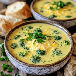 - 4 cups fresh broccoli florets - 1 medium onion, diced - 2 carrots, diced - 3 cloves garlic, minced - 4 cups vegetable broth - 2 cups sharp cheddar cheese, grated - 1 cup heavy cream - 1 teaspoon Dijon mustard - Salt and pepper to taste - 2 tablespoons olive oil - Fresh parsley for garnish (optional) When cooking, accuracy matters. Use a measuring cup for the broth and cream. A kitchen scale helps for cheese if you prefer weight. Chop vegetables evenly. This aids in quick and even cooking. Want to change it up? Try adding a pinch of nutmeg for warmth. You can also toss in cooked bacon for a savory crunch. If you enjoy spice, add red pepper flakes for heat. A squeeze of lemon juice brightens up the soup nicely. These extras make the soup your own! For the full recipe, check out the detailed instructions provided. Start by gathering your ingredients. You need fresh broccoli, onion, carrots, garlic, vegetable broth, cheddar cheese, heavy cream, Dijon mustard, olive oil, salt, and pepper. This soup is easy and quick to make. You can prep in about 15 minutes. Dice the onion and carrots. Mince the garlic and set everything aside. In a large pot, heat the olive oil over medium heat. Once hot, add the diced onion and carrots. Cook for 5 to 7 minutes until they are soft. This step brings out the sweet flavors in the onion. Next, add the minced garlic and cook for one more minute. You will smell a lovely aroma. Now, stir in the broccoli florets. Pour in the vegetable broth and bring the mixture to a boil. After that, reduce the heat and let it simmer for 10 to 15 minutes. This cooking time is crucial. You want the broccoli to be tender but still bright green. When the broccoli is tender, use an immersion blender to purée the soup until smooth. If you don’t have one, carefully transfer the soup to a blender in batches. Once smooth, return it to the pot. Stir in the heavy cream and Dijon mustard. This adds creaminess and a hint of tang. Now, gradually add the grated cheddar cheese. Stir until it melts completely into the soup. This is where the magic happens; the soup becomes rich and creamy. Season with salt and pepper to taste. Heat for a few more minutes, but don’t let it boil. For a lovely finish, ladle the soup into bowls. Garnish with fresh parsley and extra cheese if desired. Serve with crusty bread for dipping. This creamy broccoli cheddar soup is the perfect comfort meal! Don't forget to check the Full Recipe for any steps you may have missed. To get that dreamy, creamy texture, the key is blending. After cooking the soup, use an immersion blender. This tool makes it easy to purée the soup right in the pot. If you don’t have one, blend the soup in batches. Just make sure to return it all to the pot afterward. The cream and cheese also add to the smoothness. Use full-fat cream and sharp cheddar for the best results. If you want to boost the flavor, think about adding more. A splash of lemon juice brightens the taste. You can also mix in cooked bacon bits for a smoky crunch. If you love herbs, fresh thyme or basil can lift the dish. For a little heat, add a pinch of red pepper flakes. Each of these ingredients makes your soup unique. Avoid overcooking the broccoli. If you cook it too long, it loses its vibrant color and crunch. Keep an eye on the simmering time. Also, avoid adding the cheese too quickly. Gradually stir it in for a smooth melt. Lastly, remember to taste and season your soup. A little salt and pepper can make a big difference. By avoiding these mistakes, your soup will be perfect every time. For the full recipe, check the complete guide above. {{image_2}} You can add more veggies to your soup for extra nutrition. Try spinach, peas, or zucchini. These will blend well and add color. You can also sneak in some cooked quinoa or lentils for protein. They will make your soup heartier without changing the taste. While sharp cheddar is my go-to, other cheeses work too. Try gouda for a smoky flavor or Monterey Jack for creaminess. You could even mix cheeses for a unique twist. Just remember to adjust the amount based on the cheese's strength. If you want a dairy-free version, there are great options available. Use coconut milk or almond milk instead of heavy cream. Nutritional yeast adds a cheesy taste without dairy. You can also use vegan cheese, which melts well. Just ensure it's a brand you like for the best flavor. For the full recipe, check out the details above. To keep your creamy broccoli cheddar soup fresh, store it in an airtight container. Let it cool down first. Place it in the fridge within two hours of cooking. This way, it stays tasty and safe to eat. When you're ready to enjoy the soup again, pour it into a pot. Heat it over medium heat until it is warm. Stir it often to avoid sticking. You can also use a microwave. Just heat it in short bursts, stirring in between. If you want to save some soup for later, freezing works well. Let the soup cool completely. Then, pour it into freezer-safe containers. Leave some space at the top, as it will expand. It can last up to three months in the freezer. When you're ready to eat it, thaw it in the fridge overnight. Then, reheat as mentioned above. Enjoy your tasty, easy comfort meal anytime! For the complete recipe, check out the [Full Recipe]. Yes, you can make this soup ahead of time. It keeps well in the fridge. I often prepare it a day before serving. Just let it cool, then store it in an airtight container. When you're ready to eat, simply reheat it on the stove. This soup tastes even better the next day as the flavors blend. If you need a substitute for heavy cream, try using whole milk or half-and-half. You can also try coconut cream for a dairy-free option. Just keep in mind that these options may change the flavor and texture a bit. If you want to keep it rich, use sour cream or cream cheese. Both add a nice tang. This creamy broccoli cheddar soup can last up to five days in the fridge. Make sure you store it in a sealed container to keep it fresh. If you notice any off smell or strange look, it’s best to throw it away. Always trust your senses when it comes to food safety. You can also check out the Full Recipe for more tips on storing leftovers! In this post, I outlined the key steps to making a delicious soup. We covered the ingredients you'll need and measurements for success. I shared cooking steps and how to blend for the best texture. Remember to use tips to enhance flavor and avoid common mistakes. Explore variations for extra nutrition and learn how to store your leftovers properly. Soup can be made ahead and enjoyed later. Enjoy your cooking journey and happy eating!
