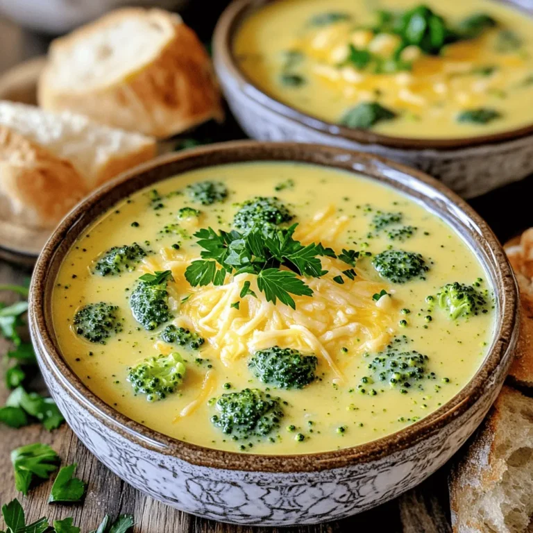 - 4 cups fresh broccoli florets - 1 medium onion, diced - 2 carrots, diced - 3 cloves garlic, minced - 4 cups vegetable broth - 2 cups sharp cheddar cheese, grated - 1 cup heavy cream - 1 teaspoon Dijon mustard - Salt and pepper to taste - 2 tablespoons olive oil - Fresh parsley for garnish (optional) When cooking, accuracy matters. Use a measuring cup for the broth and cream. A kitchen scale helps for cheese if you prefer weight. Chop vegetables evenly. This aids in quick and even cooking. Want to change it up? Try adding a pinch of nutmeg for warmth. You can also toss in cooked bacon for a savory crunch. If you enjoy spice, add red pepper flakes for heat. A squeeze of lemon juice brightens up the soup nicely. These extras make the soup your own! For the full recipe, check out the detailed instructions provided. Start by gathering your ingredients. You need fresh broccoli, onion, carrots, garlic, vegetable broth, cheddar cheese, heavy cream, Dijon mustard, olive oil, salt, and pepper. This soup is easy and quick to make. You can prep in about 15 minutes. Dice the onion and carrots. Mince the garlic and set everything aside. In a large pot, heat the olive oil over medium heat. Once hot, add the diced onion and carrots. Cook for 5 to 7 minutes until they are soft. This step brings out the sweet flavors in the onion. Next, add the minced garlic and cook for one more minute. You will smell a lovely aroma. Now, stir in the broccoli florets. Pour in the vegetable broth and bring the mixture to a boil. After that, reduce the heat and let it simmer for 10 to 15 minutes. This cooking time is crucial. You want the broccoli to be tender but still bright green. When the broccoli is tender, use an immersion blender to purée the soup until smooth. If you don’t have one, carefully transfer the soup to a blender in batches. Once smooth, return it to the pot. Stir in the heavy cream and Dijon mustard. This adds creaminess and a hint of tang. Now, gradually add the grated cheddar cheese. Stir until it melts completely into the soup. This is where the magic happens; the soup becomes rich and creamy. Season with salt and pepper to taste. Heat for a few more minutes, but don’t let it boil. For a lovely finish, ladle the soup into bowls. Garnish with fresh parsley and extra cheese if desired. Serve with crusty bread for dipping. This creamy broccoli cheddar soup is the perfect comfort meal! Don't forget to check the Full Recipe for any steps you may have missed. To get that dreamy, creamy texture, the key is blending. After cooking the soup, use an immersion blender. This tool makes it easy to purée the soup right in the pot. If you don’t have one, blend the soup in batches. Just make sure to return it all to the pot afterward. The cream and cheese also add to the smoothness. Use full-fat cream and sharp cheddar for the best results. If you want to boost the flavor, think about adding more. A splash of lemon juice brightens the taste. You can also mix in cooked bacon bits for a smoky crunch. If you love herbs, fresh thyme or basil can lift the dish. For a little heat, add a pinch of red pepper flakes. Each of these ingredients makes your soup unique. Avoid overcooking the broccoli. If you cook it too long, it loses its vibrant color and crunch. Keep an eye on the simmering time. Also, avoid adding the cheese too quickly. Gradually stir it in for a smooth melt. Lastly, remember to taste and season your soup. A little salt and pepper can make a big difference. By avoiding these mistakes, your soup will be perfect every time. For the full recipe, check the complete guide above. {{image_2}} You can add more veggies to your soup for extra nutrition. Try spinach, peas, or zucchini. These will blend well and add color. You can also sneak in some cooked quinoa or lentils for protein. They will make your soup heartier without changing the taste. While sharp cheddar is my go-to, other cheeses work too. Try gouda for a smoky flavor or Monterey Jack for creaminess. You could even mix cheeses for a unique twist. Just remember to adjust the amount based on the cheese's strength. If you want a dairy-free version, there are great options available. Use coconut milk or almond milk instead of heavy cream. Nutritional yeast adds a cheesy taste without dairy. You can also use vegan cheese, which melts well. Just ensure it's a brand you like for the best flavor. For the full recipe, check out the details above. To keep your creamy broccoli cheddar soup fresh, store it in an airtight container. Let it cool down first. Place it in the fridge within two hours of cooking. This way, it stays tasty and safe to eat. When you're ready to enjoy the soup again, pour it into a pot. Heat it over medium heat until it is warm. Stir it often to avoid sticking. You can also use a microwave. Just heat it in short bursts, stirring in between. If you want to save some soup for later, freezing works well. Let the soup cool completely. Then, pour it into freezer-safe containers. Leave some space at the top, as it will expand. It can last up to three months in the freezer. When you're ready to eat it, thaw it in the fridge overnight. Then, reheat as mentioned above. Enjoy your tasty, easy comfort meal anytime! For the complete recipe, check out the [Full Recipe]. Yes, you can make this soup ahead of time. It keeps well in the fridge. I often prepare it a day before serving. Just let it cool, then store it in an airtight container. When you're ready to eat, simply reheat it on the stove. This soup tastes even better the next day as the flavors blend. If you need a substitute for heavy cream, try using whole milk or half-and-half. You can also try coconut cream for a dairy-free option. Just keep in mind that these options may change the flavor and texture a bit. If you want to keep it rich, use sour cream or cream cheese. Both add a nice tang. This creamy broccoli cheddar soup can last up to five days in the fridge. Make sure you store it in a sealed container to keep it fresh. If you notice any off smell or strange look, it’s best to throw it away. Always trust your senses when it comes to food safety. You can also check out the Full Recipe for more tips on storing leftovers! In this post, I outlined the key steps to making a delicious soup. We covered the ingredients you'll need and measurements for success. I shared cooking steps and how to blend for the best texture. Remember to use tips to enhance flavor and avoid common mistakes. Explore variations for extra nutrition and learn how to store your leftovers properly. Soup can be made ahead and enjoyed later. Enjoy your cooking journey and happy eating!