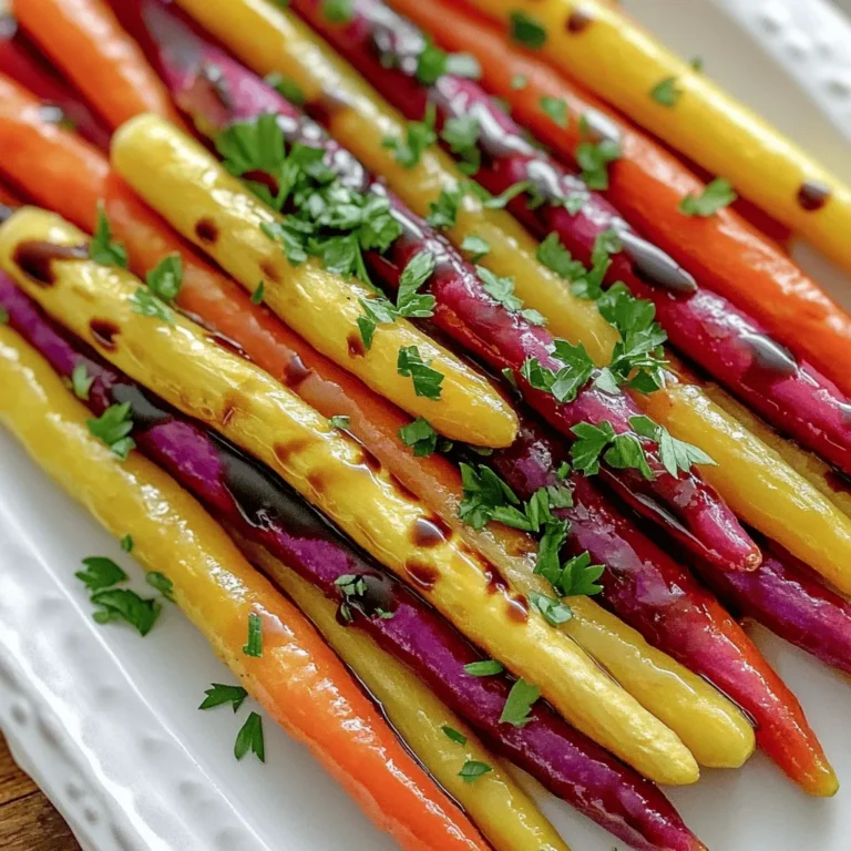 To start this simple and tasty dish, gather these key items: - 1 pound rainbow carrots (or regular carrots), peeled and cut into sticks - 2 tablespoons balsamic vinegar - 2 tablespoons honey or maple syrup - 2 tablespoons olive oil - 1 teaspoon dried thyme (or fresh thyme, if available) - Salt and pepper to taste - Fresh parsley, chopped (for garnish) These ingredients blend to create a sweet and tangy flavor that highlights the carrots' natural taste. You can add extra ingredients to boost the taste. Here are some ideas: - Minced garlic for a savory kick - A pinch of chili flakes for heat - Lemon zest for a fresh twist - Chopped nuts for crunch These additions can take your balsamic roasted carrots to the next level. Feel free to experiment and find your favorite mix. Balsamic roasted carrots offer many health benefits: - Carrots are rich in vitamins A and K. They help your vision and skin. - Balsamic vinegar can support digestion and add flavor without many calories. - Olive oil is full of healthy fats that are good for your heart. - Honey or maple syrup adds sweetness and has antioxidants. Using fresh ingredients not only enhances taste but also boosts nutrition. Enjoy this delicious dish while knowing you are eating well! For the full recipe, check out the Balsamic Glazed Rainbow Carrots 🥕. Start by gathering your ingredients. You will need: - 1 pound rainbow carrots (or regular carrots), peeled and cut into sticks - 2 tablespoons balsamic vinegar - 2 tablespoons honey or maple syrup - 2 tablespoons olive oil - 1 teaspoon dried thyme (or fresh thyme, if available) - Salt and pepper to taste - Fresh parsley, chopped (for garnish) Wash your carrots well. Peel them and cut them into sticks. Try to keep the size even. This helps them cook at the same rate. Preheat your oven to 400°F (200°C). This high heat helps the carrots caramelize. In a large bowl, mix balsamic vinegar, honey, olive oil, thyme, salt, and pepper. Whisk these together until they blend well. Now, add your carrot sticks to the bowl. Toss them well in the balsamic mixture until each stick is fully coated. This step is key for flavor. Spread the carrots in a single layer on a baking sheet lined with parchment paper. Make sure they are not crowded. This allows for even roasting. Roast them in the oven for 25 to 30 minutes. Stir halfway through to ensure they cook evenly. You want your carrots tender but still a bit crisp. The roasting time can vary with carrot size. Check them at 25 minutes. If they are not caramelized yet, give them a few more minutes. Once they are done, remove the baking sheet from the oven. Transfer the carrots to a serving platter. Drizzle any remaining balsamic glaze from the sheet over the carrots for added flavor. Garnish with freshly chopped parsley before serving. For the full recipe, refer to the section above. Enjoy your delicious balsamic roasted carrots! When choosing carrots, look for firm and bright ones. Fresh carrots have smooth skin and strong color. Avoid any with wrinkles or soft spots. Rainbow carrots add fun colors and flavors. They come in shades of orange, purple, and yellow. Each offers a slightly different taste. Feel free to mix varieties for a vibrant dish! A great balsamic glaze balances sweet and tangy flavors. Use high-quality balsamic vinegar for the best taste. Honey or maple syrup adds sweetness. Mix them well with olive oil and herbs to enhance the flavor. Adjust the amount to suit your taste. If you want a thicker glaze, simmer it on low heat until it reduces. One common mistake is overcrowding the baking sheet. This can lead to steaming instead of roasting. Spread the carrots in a single layer to ensure even cooking. Another mistake is not stirring halfway through. Stirring helps them cook evenly and caramelize nicely. Lastly, don’t skip the garnish. Fresh parsley adds color and a burst of flavor! For the full recipe, check out the Balsamic Glazed Rainbow Carrots above. {{image_2}} You can change the taste of balsamic roasted carrots easily. Adding garlic gives a strong flavor. Just chop two to three cloves and mix them in with the other ingredients. You can also use herbs like rosemary or oregano for a fresh taste. Fresh thyme works well too, but you can swap it for dried. Each herb adds a new twist to the dish. If you want to change the sweet taste, try honey or maple syrup. Honey adds a rich and warm flavor. Maple syrup has a distinct sweetness that pairs well with the balsamic vinegar. You can even mix both for a unique taste. Just keep the same amount in the recipe. Each option brings its flavor, making your dish special. Balsamic roasted carrots can go well with many meals. They pair nicely with proteins like chicken or fish. The sweet and tangy taste complements the savory flavor of meats. You can also serve them with grains like quinoa or rice. This adds texture and makes a complete meal. For a colorful plate, add a side salad. Enjoy the mix of flavors and textures! To keep your balsamic roasted carrots fresh, let them cool first. Then, place them in an airtight container. Store them in the fridge. They will last for about 3 to 5 days. If you want to keep them longer, freezing is a good option. Make sure to label the container with the date. When you’re ready to enjoy your leftovers, reheat them in the oven. This helps them stay crispy. Preheat your oven to 350°F (175°C). Spread the carrots on a baking sheet. Heat for about 10 to 15 minutes. You can also use a microwave, but the carrots may get soft. If using a microwave, heat in short bursts. If you want to freeze your balsamic roasted carrots, it’s very simple. First, make sure they are cool. Then, place them in a freezer-safe bag or container. Remove as much air as possible. They can be frozen for up to 3 months. To use, thaw them in the fridge overnight. Then, reheat as mentioned above. Enjoy your delicious carrots again! For the full recipe, check out Balsamic Glazed Rainbow Carrots. Yes, you can. Many vegetables roast well. Try Brussels sprouts, sweet potatoes, or bell peppers. Each will add a unique taste. Just cut them into even pieces. This helps them cook at the same rate as carrots. Toss them in the same balsamic mix for a yummy flavor. To make this recipe vegan, swap honey for maple syrup. Maple syrup gives a nice sweetness. It blends well with balsamic vinegar. This simple change makes the dish vegan. You won’t lose any flavor. Enjoy the same tasty results with this easy switch. The best way to slice carrots is into sticks or rounds. Aim for about ½ inch thick. This size helps them cook evenly and get tender. If you want a fun twist, use a peeler for ribbons. Ribbons cook faster but keep an eye on them to avoid overcooking. For the full recipe, check the details above! Balsamic roasted carrots are simple and tasty. We explored key ingredients, like carrots and balsamic vinegar, plus optional flavors for a unique twist. Proper cooking techniques ensure the best texture, while tips can help you avoid common mistakes. Enjoy variations with different flavors and serving ideas. Don't forget to store leftovers properly to keep them fresh. Overall, this dish is healthy, fun, and can easily fit into your meals. Now, get ready to enjoy your delicious creation!