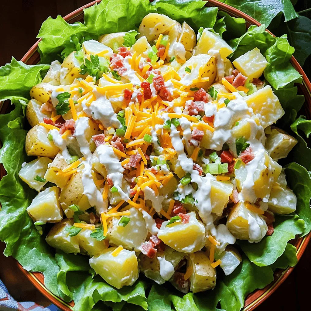 To make the delicious Loaded Baked Potato Salad, gather these items: - 4 large russet potatoes - ½ cup sour cream - ½ cup mayonnaise - 1 cup shredded sharp cheddar cheese - 1 cup cooked and crumbled turkey bacon or turkey sausage - 4 green onions, chopped - ½ teaspoon garlic powder - ½ teaspoon onion powder - Salt and pepper, to taste - Optional: 1 cup diced tomatoes These ingredients create a tasty mix of flavors. The russet potatoes provide a fluffy base. Sour cream and mayonnaise give a creamy texture. The sharp cheddar adds a rich taste, while turkey bacon gives a nice crunch. Green onions bring freshness to each bite. Garlic and onion powder enhance the overall flavor, making it truly special. If you want a pop of color, feel free to add diced tomatoes. This Loaded Baked Potato Salad is perfect for summer gatherings or any meal. You can find the full recipe [here](Full Recipe). Start by washing the russet potatoes under cold water. Scrub them well to remove dirt. Next, poke several holes in each potato with a fork. This helps steam escape while cooking. You can cook the potatoes in two ways: microwave or bake. For the microwave, place the potatoes on a safe plate. Microwave them on high for 10-15 minutes. Remember to turn them halfway through. They should be soft when you poke them. If you prefer baking, heat your oven to 400°F (200°C). Bake the potatoes for 45-60 minutes until they are tender. Once cooked, let the potatoes cool for a bit. Then, cut them into bite-sized cubes. Keep the skin on for extra flavor and texture. In a large bowl, mix together sour cream and mayonnaise. This will be the creamy base of your dressing. Next, add garlic powder, onion powder, salt, and pepper. Stir well until everything is combined. This mix adds a rich flavor to your salad. Now it’s time to add the fun stuff! Gently fold the cubed potatoes into the dressing. Then, add shredded cheddar cheese, turkey bacon, and half of the green onions. Mix everything carefully until the potatoes are well-coated. If you want a fresh twist, fold in diced tomatoes. This optional step adds color and taste. Finally, taste the salad and adjust the seasoning if needed. Transfer your Loaded Baked Potato Salad to a serving dish. Sprinkle the rest of the green onions on top for garnish. Cover the salad and chill it in the fridge for at least an hour. This waiting time lets the flavors mix well. Enjoy this delightful dish as a summer side! To get perfect potato texture, choose large russet potatoes. They have a nice starchy feel. Wash them well before cooking. Poking holes in the potatoes helps steam escape. This keeps them light and fluffy. You can microwave them for a quick option. Cook on high for 10-15 minutes, turning halfway. Check if they are tender with a fork. If you prefer baking, set your oven to 400°F (200°C). Bake for 45-60 minutes until soft. The choice is yours! For a creative presentation, serve the Loaded Baked Potato Salad in a large bowl. Line the bowl with fresh lettuce leaves. This adds color to your dish. You can also drizzle extra sour cream on top. Sprinkle more cheese for that extra flair. Adding extra green onions also makes it pop. These small touches make your salad look gorgeous! To spice up your salad, consider adding herbs or spices. Smoked paprika gives a nice smoky taste. You can also use fresh chives for a burst of flavor. If you want to change it up for diets, use Greek yogurt instead of sour cream. It’s a great way to cut calories. Swap turkey bacon for a plant-based option if needed. These small adjustments create a dish that fits everyone’s taste! {{image_2}} You can make some easy swaps to lighten up this dish. Using Greek yogurt instead of sour cream adds creaminess without extra fat. Greek yogurt also packs more protein, which is a bonus. You can substitute the bacon with plant-based options like crispy tofu or tempeh. These choices cut calories and add a unique flavor. Think about adding local ingredients to give your salad a twist. For a Southwest vibe, mix in some black beans, corn, and diced jalapeños. If you prefer a Mediterranean flair, try adding olives, feta cheese, and fresh basil. The options are endless, so get creative and use what you love. Seasonal veggies can bring a fresh taste to your potato salad. In the summer, toss in diced cucumbers, bell peppers, or sweet corn. In the fall, consider adding roasted butternut squash or Brussels sprouts. Fresh herbs like parsley or dill can brighten the dish. They add flavor and color, making your salad even more enjoyable. For the full recipe, check out my Loaded Baked Potato Salad. To store Loaded Baked Potato Salad in the fridge, use an airtight container. This keeps it fresh and prevents odors from mixing. Make sure the salad cools before sealing it up. For long-term storage, you can freeze portions in freezer bags. Press out all the air before sealing. Label each bag with the date. This helps you track how long it stays frozen. When reheating leftovers, do it slowly. Use the microwave on low power or a gentle stove. Stir often to heat evenly. This method helps keep the creamy texture. To avoid changes in texture, do not overheat. Just warm until it feels right to serve again. Loaded Baked Potato Salad can last up to three days in the fridge. Keep an eye on it after day two. Signs of spoilage include a sour smell or a change in color. If you see any mold, toss it out right away. Always trust your senses to check for freshness. Enjoy your delicious salad while it's at its best! Yes, you can make Loaded Baked Potato Salad ahead of time. This salad tastes even better after sitting in the fridge. I recommend making it a few hours or a day in advance. This lets the flavors blend well. Just cover it tightly and store it in the fridge. To prevent potatoes from browning, keep them cold. You can soak cut potatoes in cold water before cooking. This stops oxidation. Once cooked, add the dressing quickly. This minimizes exposure to air, which causes browning. You can use Greek yogurt instead of mayonnaise. It gives a nice creaminess with fewer calories. Another option is to use avocado. It adds a rich flavor and healthy fats. Both choices work great in this recipe. I do not recommend freezing Loaded Baked Potato Salad. The potatoes can become mushy when thawed. The dressing can also separate. If you have leftovers, it’s best to store them in the fridge. Absolutely! You can use any cheese you like. Monterey Jack or pepper jack add a nice twist. Crumbled feta gives a tangy flavor, too. Try different cheeses to find your favorite mix. You learned how to make a delicious Loaded Baked Potato Salad. We covered the ingredients, preparation steps, and tips for the best result. Each section provided clear guidance to help you succeed. Whether you choose to follow the recipe as is or make a twist, you can create a tasty dish. Remember, this salad is perfect as a side or main dish. Enjoy experimenting with flavors and sharing it with friends and family. Happy cooking!