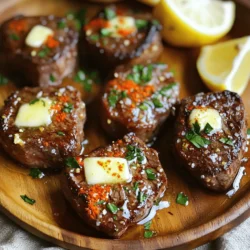 - 1 pound sirloin steak, cut into bite-sized pieces - 4 tablespoons unsalted butter - 4 cloves garlic, minced - 1 teaspoon smoked paprika - 1 teaspoon salt - 1/2 teaspoon black pepper - 1 tablespoon fresh parsley, chopped (for garnish) - Lemon wedges, for serving When you gather your ingredients, make sure they are fresh. The sirloin steak plays a big role in the taste. It should be tender and juicy. The unsalted butter adds richness. Garlic offers a nice aroma and flavor. Smoked paprika gives a hint of warmth. Salt and black pepper boost all the flavors. Fresh parsley brightens the dish. Lemon wedges add a zesty kick. - Additional spices and seasonings - Alternative cuts of steak Feel free to get creative! You can add your favorite spices. Think about cayenne for heat or herbs like thyme. If you prefer, use other cuts of steak. Ribeye or filet mignon can make this dish more luxurious. Just remember to adjust cooking times for different cuts. Enjoy experimenting with flavors! First, pat the steak dry with a paper towel. This helps the steak sear better and get a nice crust. Next, melt two tablespoons of butter in a large skillet over medium-high heat. The butter should be hot and bubbling before you add the steak. Now it's time to cook the steak bites. Add the dry steak pieces to the hot skillet in a single layer. Avoid overcrowding the pan. Sprinkle smoked paprika, salt, and black pepper over the steak. Cook the bites for about 2-3 minutes on each side for a medium-rare finish. Adjust the time based on how you like your steak cooked. Once they are done, take the steak bites out and set them aside on a plate. In the same skillet, lower the heat to medium. Add the remaining two tablespoons of butter along with the minced garlic. Sauté for about 30 seconds. The garlic should smell great but not turn brown. Toss the cooked steak bites back into the skillet, coating them in the garlic butter sauce. Finally, remove the skillet from heat. Garnish with freshly chopped parsley and serve immediately with lemon wedges on the side for a bright flavor. For the full recipe, check out Garlic Butter Steak Bites. To get a great sear, start with dry steak pieces. Pat them with a paper towel. This helps them brown well. Heat your skillet until it's hot. Use medium-high heat for this. Place the steak bites in a single layer without crowding. Cook them for about 2-3 minutes on each side for medium-rare. If you want them more cooked, add a minute or two. Simple seasonings can make a big difference. Besides salt and pepper, try smoked paprika. It adds a nice depth to the flavor. Fresh herbs like parsley bring brightness to the dish. You can also marinate the steak bites for extra taste. A mix of olive oil, garlic, and lemon juice works wonders. Pair your garlic butter steak bites with tasty sides. Roasted veggies or a fresh salad complement them well. You can even serve them over rice or pasta for a heartier meal. For a fun twist, use toothpicks and serve them as appetizers. They are perfect for parties and gatherings. For the full recipe, refer to the main section above. {{image_2}} You can switch up the cut of steak for this dish. Sirloin is great, but ribeye adds more fat and flavor. Flank steak works too; just slice it against the grain for tenderness. If you want a vegetarian twist, try using mushrooms or tofu. Portobello mushrooms give a meat-like texture. Firm tofu absorbs the garlic butter well and adds protein. To spice things up, consider an Asian-inspired version. Add soy sauce, ginger, and sesame oil for a new taste. You can also toss in some green onions for crunch and color. For a Southwest-style kick, mix in chili powder and cumin. A squeeze of lime juice brightens the dish and adds a zesty finish. You have options for cooking these steak bites. Grilling gives a smoky flavor and nice char. Just be careful not to overcook them. Pan-searing is another great method. It allows for that perfect sear and keeps the juices in. If you prefer, you can also oven-bake them. This method cooks evenly and reduces hands-on time. Just remember to check the steak's doneness to avoid overcooking. For the full recipe, check out the main article. To keep your garlic butter steak bites fresh, follow these simple steps. First, let the steak bites cool to room temperature. Place them in an airtight container. This helps to lock in the flavor and moisture. Store them in the fridge for up to three days. The shorter time you wait, the better they will taste. When it's time to enjoy your leftovers, reheating properly is key. The best method is to use a skillet. Heat a bit of butter over medium heat. Add the steak bites and warm them for a few minutes. This helps to keep them juicy. To avoid dryness, don’t overcook them. You can also use a microwave, but be careful. Heat in short bursts to keep them moist. If you want to save steak bites for later, freezing is a great option. First, allow them to cool completely. Place them in a freezer-safe bag or container. Remove as much air as possible to prevent freezer burn. They can last up to three months in the freezer. When ready to eat, thaw them in the fridge overnight. To reheat, use the same skillet method as before. This way, they’ll taste just as good as fresh. For the full recipe, check the earlier section. What is the best cut of steak for this recipe? The best cut is sirloin steak. It cooks well and is flavorful. Other good cuts include ribeye or filet mignon. These cuts are tender and rich. Can I make this recipe ahead of time? Yes, you can make the steak bites ahead. Cook them and store in the fridge. Reheat in a skillet with a bit of butter for the best flavor. How can I achieve a more buttery flavor? To enhance the buttery taste, add more butter while cooking. You can also use compound butter with herbs for extra depth. How do I make steak bites tender? Cut the steak against the grain for more tender bites. Also, avoid overcooking to keep them juicy. Marinating the steak can also help make it soft. What's the best way to adjust the doneness? Use a meat thermometer for precise cooking. Aim for 130°F for medium-rare. Adjust your cooking time based on the thickness of the steak pieces. What side dishes go well with garlic butter steak bites? These steak bites pair well with mashed potatoes or roasted vegetables. A simple green salad also complements the dish nicely. What sauces complement this dish? You can serve garlic butter steak bites with chimichurri or a red wine reduction. Both sauces add a fresh taste and enhance the steak's flavor. In this post, we explored how to make delicious garlic butter steak bites. We covered essential ingredients, step-by-step instructions, and tips for perfect cooking. Variations allow for creativity with flavors and ingredients. Proper storage and reheating methods ensure you enjoy your leftovers. Cooking should be fun and easy. You can impress friends and family with this recipe, even if you are a beginner. Enjoy trying different spices and serving ideas to make it your own!