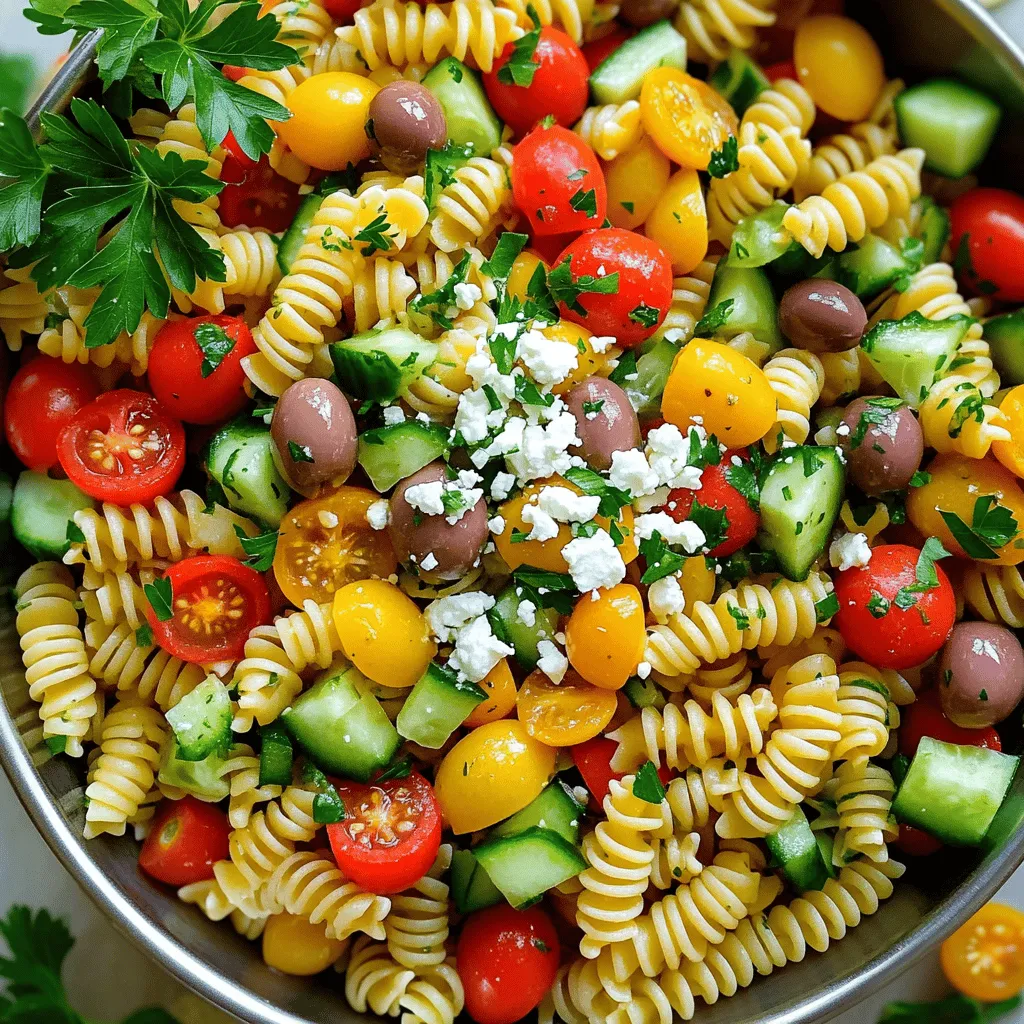 - 8 oz whole grain pasta (fusilli or penne) - 1 cup cherry tomatoes, halved - 1 medium cucumber, diced - 1 bell pepper, diced - ½ red onion, finely chopped - 1 cup Kalamata olives, pitted and halved - 1 cup feta cheese, crumbled - ¼ cup fresh parsley, chopped - 2 tablespoons olive oil - 1 tablespoon red wine vinegar (or lemon juice) - 1 teaspoon dried oregano - Salt and pepper to taste When I make Healthy Greek Pasta Salad, I gather fresh, vibrant ingredients. The whole grain pasta adds a nice chew and keeps you full. I love using fusilli or penne for this dish; both work well! Next, the cherry tomatoes bring sweetness. I slice them in half for easy bites. Then, I chop a medium cucumber. Its cool crunch balances the rich flavors. For color and flavor, I add a bell pepper, diced into small pieces. Don't forget the red onion! I finely chop it to add a bit of sharpness. Kalamata olives are key for that briny taste. These are pitted and halved before going in the bowl. Feta cheese is a must for this salad. I crumble it over the top for creaminess. Lastly, I sprinkle in fresh parsley. It adds a pop of green and a fresh taste. Now, let’s talk about the dressing. A simple mix of olive oil, red wine vinegar, and dried oregano brings it all together. I like to season with salt and pepper for extra flavor. This salad is not just tasty; it's colorful and healthy. You can find the full recipe here for more details! To start, bring a large pot of salted water to a boil. Add 8 oz of whole grain pasta. Cook it until it is al dente, which means it should be firm but not hard. This usually takes about 8 to 10 minutes. Once done, drain the pasta and rinse it under cold water. This stops the cooking and cools it down quickly. While the pasta cooks, chop up your veggies. You need 1 cup of cherry tomatoes, 1 medium cucumber, 1 bell pepper, and ½ red onion. Dice all of these and place them in a large mixing bowl. You also want 1 cup of Kalamata olives, pitted and halved. Add these olives to the bowl too. Once the pasta is cool, add it to the bowl with the veggies. Gently toss everything together. This helps to mix the flavors well. Next, sprinkle 1 cup of crumbled feta cheese and ¼ cup of chopped parsley over the mixture. Toss it again lightly to combine. In a small bowl, whisk together 2 tablespoons of olive oil, 1 tablespoon of red wine vinegar, 1 teaspoon of dried oregano, salt, and pepper to taste. This dressing will give your salad a tasty kick. Drizzle the dressing over the pasta salad and toss it gently. Make sure everything is well coated. For the best flavor, chill the salad in the refrigerator for at least 30 minutes before serving. This allows the flavors to blend nicely. You can find the Full Recipe for a quick reference if needed. Chilling the salad is key to great flavor. I let my salad sit in the fridge for at least 30 minutes. This time lets the flavors mix and become more vibrant. You can also add lemon juice for extra freshness. A splash of lemon brightens every bite and adds zing. Serving is just as important as taste. I love using a large bowl to show off the colors. Garnish with fresh parsley and a sprinkle of feta on top. For extra flair, add a few olives around the bowl. This adds a pop of color and makes it more inviting. Sometimes, salads can taste off. If it’s bland, adjust the seasonings. Add more salt, pepper, or lemon juice to enhance the taste. If your salad is too dry, drizzle a bit more olive oil or lemon juice. Toss gently to ensure every bite is flavorful and moist. {{image_2}} You can easily enhance this salad with protein. I recommend adding grilled chicken, shrimp, or chickpeas. Grilled chicken gives a smoky flavor. Shrimp adds a touch of the sea, while chickpeas provide a nice crunch. Each option enriches the dish and makes it more filling. Just cook your protein of choice and mix it in. If you prefer a vegan option, you can swap out feta cheese for vegan cheese. Vegan feta mimics the taste and texture of traditional feta. It still adds that creamy and tangy element to the salad. Other alternatives include tofu or nutritional yeast for added flavor. These swaps keep the dish tasty and satisfying. Using seasonal vegetables can boost the freshness of your salad. In summer, ripe tomatoes and cucumbers shine. In fall, consider adding roasted squash or bell peppers. Each season offers new flavors. This approach allows you to switch things up while keeping the salad vibrant and delicious. To store leftover salad, place it in an airtight container. This keeps it fresh and tasty. You can store it in the fridge for up to three days. Make sure to mix it well before serving again. The flavors will blend nicely after sitting for a while. You can freeze pasta salad, but it may change in texture. The veggies can become mushy when thawed. If you want to freeze it, leave out the dressing and feta cheese. Store it in a freezer-safe container. It will last for about three months. When ready to eat, thaw it in the fridge overnight. The salad stays fresh for about three days in the fridge. After that, the ingredients may not taste as good. If you see any signs of spoilage, like an off smell or slimy veggies, throw it out. Enjoy your Healthy Greek Pasta Salad while it’s fresh for the best taste! For the full recipe, check out the Healthy Greek Pasta Salad section above. Yes, you can make this salad ahead of time. Prepare it up to two days in advance. Store it in an airtight container in the fridge. The flavors will blend and taste even better after a day. Just remember to toss it again before serving. You can easily change this recipe. Here are some fun ideas: - Swap feta cheese for goat cheese or a dairy-free option. - Add grilled chicken or chickpeas for protein. - Toss in some spinach or arugula for extra greens. - Use different olives, like green or stuffed varieties. I recommend whole grain pasta like fusilli or penne. These shapes hold the dressing well. You can also use farro orzo for a different texture. Feel free to experiment with other pasta shapes, but keep it whole grain for health. Yes, you can make this salad gluten-free. Choose gluten-free pasta made from rice, quinoa, or chickpeas. This will keep the salad tasty and friendly for those avoiding gluten. Make sure to check labels for any other ingredients, like olives or dressings, to stay gluten-free. This Greek pasta salad is a tasty mix of whole grain pasta, fresh veggies, and feta. You learned how to prepare the pasta, chop vegetables, and combine everything with a simple dressing. I shared tips for flavor, presentation, and storage. With easy variations, this salad can fit any meal. Keeping it fresh and delicious is simple. Try it out, and enjoy the colorful flavors all week. You’ll impress family and friends with this dish!