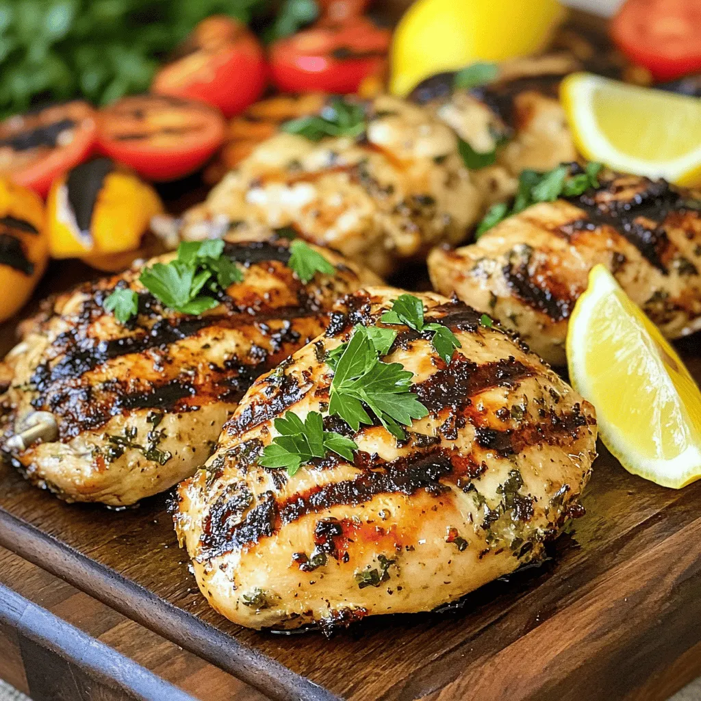 To make Lemon Herb Grilled Chicken, gather these simple items: - 4 boneless, skinless chicken breasts - 1/4 cup olive oil - 1 large lemon (zested and juiced) - 3 cloves garlic, minced - 2 teaspoons dried oregano - 2 teaspoons dried thyme - 1 teaspoon paprika - Salt and pepper to taste - Fresh parsley, chopped (for garnish) You can swap ingredients if needed. For olive oil, use avocado oil. If you lack fresh lemon, try lime juice. For garlic, shallots work well. If you don't have dried herbs, fresh ones are great too. Use three times as much fresh herbs for a stronger flavor. Fresh herbs add a bright taste. They work well when grilling. Dried herbs are more intense. They are easier to store and measure. If using dried herbs, remember to adjust amounts. If the recipe calls for 2 teaspoons of dried oregano, use 6 teaspoons of fresh oregano instead. This way, your Lemon Herb Grilled Chicken stays flavorful and tasty. For more details on how to create this dish, check the Full Recipe. Start by gathering all your ingredients. This makes cooking smooth and easy. In a mixing bowl, add 1/4 cup of olive oil, the juice and zest of one large lemon, three minced garlic cloves, two teaspoons of dried oregano, two teaspoons of dried thyme, and one teaspoon of paprika. Add salt and pepper to taste. Whisk all these ingredients together until they blend nicely. This mix is your marinade. Next, take your four boneless, skinless chicken breasts. You can put them in a shallow dish or a resealable plastic bag. Pour the marinade over the chicken. Make sure each piece gets a good coat. Seal the bag or cover the dish. Place it in the fridge for at least one hour. If you have time, let it marinate for up to four hours. This step makes the chicken extra flavorful. Now it’s time to grill! Preheat your grill to medium-high heat. After marinating, take the chicken out and let any extra marinade drip off. Discard the leftover marinade to keep things safe. Place the chicken on the hot grill. Cook each side for about 6-7 minutes. You want the internal temperature to reach 165°F (75°C). Look for no pink in the center. Once done, transfer the chicken to a platter and let it rest for five minutes. This helps keep the juices inside. Before serving, sprinkle some fresh chopped parsley on top for color and taste. For the full recipe, refer to the earlier section. Enjoy your delicious Lemon Herb Grilled Chicken! To get the best flavor, use fresh herbs when you can. Fresh herbs bring a bright taste to the chicken. If you only have dried herbs, they work too. Just remember that dried herbs are stronger. Use about one-third of the amount. The lemon juice and zest add zing. Marinate your chicken for at least one hour. For even more flavor, let it sit for four hours. This makes a big difference. Heat your grill to medium-high. This helps the chicken cook evenly. Make sure the grill is hot before you add the chicken. This keeps the chicken from sticking. Cook each side for about 6-7 minutes. Use a meat thermometer to check the temperature. It should reach 165°F (75°C). This ensures the chicken is safe to eat. Let the chicken rest for five minutes after grilling. This helps the juices settle. If you cut it right away, the juices escape. For serving, place the chicken on a big platter. Add some grilled veggies or a fresh salad. This makes a colorful meal. A few lemon wedges on the side add a nice touch. You can find the full recipe linked above for more details! {{image_2}} You can change the taste of the lemon herb grilled chicken with a few easy swaps. If you want a spicy kick, try adding cayenne pepper or chili powder to the marinade. For a sweet twist, mix in a tablespoon of honey or maple syrup. You can also use fresh herbs instead of dried ones. Basil and cilantro work great for new flavors. If you don't have a grill, you can still enjoy this dish. Bake the chicken in the oven at 400°F (200°C) for about 20-25 minutes. Use a meat thermometer to ensure it reaches 165°F (75°C). You can also cook the chicken on the stovetop in a skillet. Use medium heat and cook each side for about 6-7 minutes, just like on the grill. When serving your lemon herb grilled chicken, think about fresh sides. Grilled veggies like zucchini and bell peppers pair nicely. A simple garden salad with a lemon vinaigrette compliments the chicken well. You can also serve it with rice or quinoa for a filling meal. For a fun touch, add lemon wedges on the plate. This makes the dish look bright and inviting. For the full recipe, check out the detailed instructions! After making Lemon Herb Grilled Chicken, let it cool for a few minutes. Place the chicken in an airtight container. This keeps it fresh and tasty. If you plan to eat it in a few days, store it in the fridge. It will last about 3-4 days. Always remember to label your container with the date you cooked it. This helps you track its freshness. When you are ready to enjoy your leftover chicken, reheating is key. You can use the oven, microwave, or stovetop. If you choose the oven, set it to 350°F (175°C). Place the chicken on a baking sheet for about 10-15 minutes. This keeps the chicken moist. If using a microwave, cover the chicken with a damp paper towel. Heat in short bursts, checking often. This prevents drying out. The goal is to reach 165°F (75°C) again for safety. If you want to save your Lemon Herb Grilled Chicken for later, freezing is a great option. Wrap each piece tightly in plastic wrap. Then, place them in a freezer-safe bag or container. Label it with the date. The chicken can stay in the freezer for up to 3 months. When you are ready to eat it, thaw in the fridge overnight. This keeps it safe and preserves the flavor. To keep your chicken juicy, marinate it well. Use a mix of olive oil, lemon juice, and spices. This helps lock in moisture. When you grill, don’t overcook the chicken. Aim for an internal temperature of 165°F (75°C). Letting it rest for five minutes after cooking also helps. This allows the juices to redistribute throughout the meat. Yes, you can use bone-in chicken. Bone-in pieces take longer to cook. The marinade works just as well. Just make sure to adjust your cooking time. Cook until the internal temperature reaches 165°F (75°C). Using a meat thermometer helps ensure it’s done. Bone-in chicken offers a richer flavor, making it a tasty choice. You can pair Lemon Herb Grilled Chicken with many sides. Grilled vegetables make a colorful and healthy option. A fresh garden salad adds crunch and freshness. Rice or quinoa are great for a filling side. You might also serve it with lemon wedges for a zesty kick. For more ideas, check out the Full Recipe for additional suggestions! This blog post covered key steps to make Lemon Herb Grilled Chicken. We talked about the essential ingredients and easy swaps. Fresh versus dried herbs can change the dish, too. I detailed the cooking process, from marinating to grilling, to ensure great results. You now have tips for flavor, grilling, and how to serve it. We also explored variations for different tastes and cooking methods. Finally, I shared the best storage and reheating methods. Use these tips to cook a delicious meal every time.