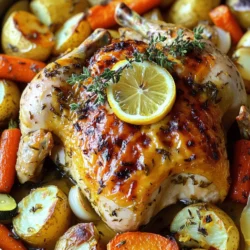 To make a tasty Lemon Herb Roasted Chicken, gather these simple ingredients: - Whole chicken (4-5 lbs) - 2 lemons, zest and juice - 4 cloves garlic, minced - 1/4 cup olive oil - 2 tablespoons fresh thyme, chopped - 2 tablespoons fresh rosemary, chopped - 1 tablespoon fresh parsley, chopped - Salt and pepper to taste - 1 onion, quartered - 1 cup low-sodium chicken broth - Vegetables for roasting (e.g., carrots, potatoes, and zucchini) Each ingredient plays a key role in flavor. The lemons give a bright taste. The herbs add depth and freshness. Garlic enhances the aroma and richness. Olive oil helps keep the chicken moist and flavorful. Using fresh herbs makes a big difference. I love adding a variety of vegetables for roasting. Carrots, potatoes, and zucchini work well together. They soak up all the delicious juices from the chicken. This makes the meal both colorful and tasty. You can find the Full Recipe for more details and steps. Enjoy the process of preparing these ingredients. Your kitchen will smell amazing! 1. Preheat your oven to 425°F (220°C). Grab a roasting pan and line the bottom with quartered onion. 2. In a bowl, mix olive oil, minced garlic, lemon zest, lemon juice, thyme, rosemary, parsley, salt, and pepper. This is your tasty herb marinade. 3. Pat the chicken dry with paper towels. Rub the herb marinade all over the chicken. Get some under the skin for extra flavor. 4. Add a bit more lemon juice on top for that bright taste. 1. Place the chicken in the roasting pan, breast-side up, on top of the onion. 2. Pour chicken broth into the pan. This keeps the chicken moist as it cooks. 3. Arrange your choice of vegetables around the chicken. Drizzle with olive oil and season with salt and pepper. 4. Roast the chicken for 1 hour to 1 hour and 15 minutes. The chicken is done when it reaches an internal temperature of 165°F (75°C) and the skin looks golden brown. Baste the chicken with pan juices a couple of times for flavor. 1. After roasting, take the chicken out of the oven. Cover it loosely with foil and let it rest for 10-15 minutes. 2. Carve the chicken and serve it with the pan juices and vegetables. Garnish with extra herbs for a nice touch. You can find the Full Recipe for more details. To get the best flavor from your lemon herb roasted chicken, marinate it well. A good marinade makes a big difference. I like to mix olive oil, garlic, lemon zest, lemon juice, and fresh herbs. Rub this mix all over the chicken. Get it under the skin too. This helps the chicken soak up all that goodness. For keeping your chicken juicy, dry it with paper towels first. This helps the skin get golden brown and crispy. When you roast it, pour chicken broth in the pan. The broth adds moisture and flavor. Baste the chicken with pan juices a few times. This helps it stay moist and adds extra flavor. When serving lemon herb roasted chicken, think about sides. Roasted vegetables like carrots, potatoes, and zucchini work well. They complement the flavors of the chicken. You can also serve it with a light salad or garlic bread. For a nice presentation, carve the chicken and place it on a platter. Arrange the roasted vegetables around it. Add some lemon slices and fresh herbs on top. This adds color and makes the dish pop. Your guests will love the look and taste! For the full recipe, check out the complete instructions above. {{image_2}} You can change up the herbs for your lemon herb roasted chicken. If you love bold tastes, try using oregano or basil. Both herbs add a nice twist. For a bit of heat, sprinkle in some red pepper flakes. They will give your dish a spicy kick. If you need to swap ingredients, there are easy options. For a dairy-free meal, skip the butter and use olive oil. If you want a low-sodium dish, you can use fresh lemon juice instead of broth. Always adjust seasonings to your taste. You can cook lemon herb roasted chicken in different ways. A slow cooker is a great option. Just rub the chicken with the herb marinade and place it in the slow cooker. Cook on low for about 6 to 8 hours. This method keeps the chicken very tender and juicy. Another fun method is grilling. Marinate your chicken as usual, then place it on the grill. Cook it over medium heat for about 45 minutes. Flip it halfway to get nice grill marks. This adds a smoky flavor that contrasts well with the herbs. For more details on making this dish, check the Full Recipe. To store leftover lemon herb roasted chicken, first let it cool down. This helps keep it fresh. Place pieces in an airtight container. Keep it in the fridge for up to four days. For longer storage, you can freeze the chicken. Wrap it tightly in plastic wrap and then place it in a freezer bag. This keeps out air and prevents freezer burn. When properly stored, it can last for up to three months in the freezer. When it’s time to enjoy your leftovers, reheating is key. To keep the chicken moist, use a baking dish. Preheat your oven to 350°F (175°C). Place the chicken in the dish and add a splash of chicken broth. Cover it with foil to trap steam. Heat for about 20-25 minutes, or until warm. You can also reheat in the microwave. Use a microwave-safe dish and cover it. Heat in one-minute bursts until hot. Always check that it reaches a safe temperature of 165°F (75°C) before eating. For more details, check the Full Recipe. How long to roast a chicken? Roast a chicken for 1 hour to 1 hour and 15 minutes. The key is to check the internal temperature. It should reach 165°F (75°C). This ensures the chicken is safe to eat and juicy. Can I use frozen chicken for this recipe? I do not recommend using frozen chicken. It needs to thaw first. Frozen chicken will not cook evenly. Always use fresh or fully thawed chicken for the best results. What to do if the chicken isn’t browning? If the chicken isn’t browning, check the oven temperature. Ensure it is set to 425°F (220°C). You can also baste it with pan juices. This helps add color and flavor. How to know when chicken is fully cooked? Use a meat thermometer to check the internal temperature. It should read 165°F (75°C) in the thickest part. Another way is to cut into the chicken. The juices should run clear, not pink. In this post, I covered how to roast a whole chicken perfectly. We look at the key ingredients, preparation steps, and roasting process. I shared best practices for flavor and moisture, plus serving suggestions. You can also try variations or different cooking methods. Don't forget about proper storage and reheating tips for leftovers. Roasting chicken can be simple and rewarding. With practice, you will create meals that impress family and friends. Enjoy this tasty dish, and make it your own!
