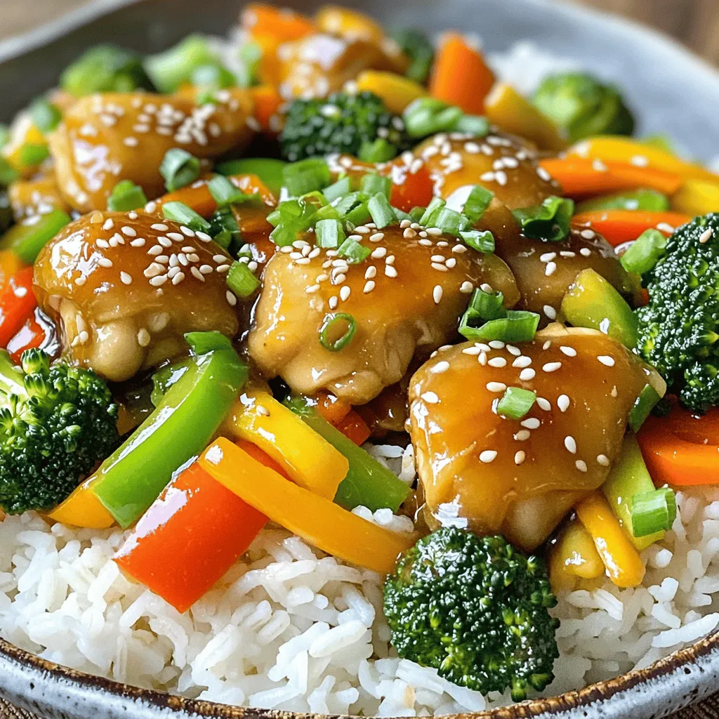 - 500g boneless chicken thighs, cut into bite-sized pieces - 2 tablespoons honey - 3 tablespoons soy sauce (low sodium) - 1 bell pepper (red or yellow), sliced - 1 cup broccoli florets - 1 carrot, julienned - 1 small onion, sliced The main ingredients in this dish create a perfect balance of flavors. Chicken thighs give you juicy bites. Honey and soy sauce mix well for a sweet and savory taste. Fresh vegetables add color and crunch. - 2 cloves garlic, minced - 1 tablespoon fresh ginger, minced - 2 tablespoons cornstarch - 2 green onions, chopped (for garnish) - Sesame seeds (for garnish) - Salt and pepper to taste The seasonings bring out the best in this dish. Garlic and ginger add warmth and depth. Cornstarch helps the chicken crisp up nicely. Green onions and sesame seeds give a fresh look. You can find the full recipe to guide you through. 1. Mixing honey garlic sauce: In a medium bowl, combine 2 tablespoons of honey, 3 tablespoons of soy sauce, 2 minced garlic cloves, and 1 tablespoon of fresh ginger. Stir this mixture well and set it aside. This sauce will add a sweet and savory flavor to the dish. 2. Coating chicken with cornstarch: Take 500 grams of boneless chicken thighs cut into bite-sized pieces. Toss the chicken pieces with 2 tablespoons of cornstarch. This step is key for a crispy outside on the chicken. 1. Searing chicken in the skillet: Heat 1 tablespoon of vegetable oil in a large non-stick skillet or wok over medium-high heat. Once the oil is hot, add the coated chicken in a single layer. Cook for about 5-6 minutes, turning occasionally, until the chicken is browned and fully cooked. Remove it from the pan and set it aside. 2. Stir-frying vegetables: In the same skillet, add 1 sliced onion. Sauté it for 2-3 minutes until it is soft. Next, add 1 cup of broccoli florets, 1 sliced bell pepper, and 1 julienned carrot. Stir-fry these veggies for about 4-5 minutes. They should be colorful and just tender. 1. Mixing cooked chicken with veggies and sauce: Return the cooked chicken to the skillet with the veggies. Pour the honey garlic sauce over everything. Stir well to coat all the ingredients. Cook for an additional 2-3 minutes until the sauce thickens slightly. 2. Final seasoning adjustments: Season with salt and pepper to taste. This step adds the final touch to your dish. Remove it from heat and garnish with chopped green onions and sesame seeds before serving. Feel free to check out the Full Recipe for more details! - Ensuring crispy chicken: To get crispy chicken, coat it well with cornstarch. This helps the chicken get a golden crust when cooked. Make sure your skillet is hot before adding the chicken. This way, it sears quickly and locks in the juices. - How to avoid overcooking vegetables: Stir-fry vegetables quickly over high heat. This keeps them crunchy and colorful. Add them after the chicken is cooked. Stir them for 4-5 minutes, just until they are tender but still crisp. - Adding extra ingredients: Spice it up! You can add chili flakes for heat. Try different bell pepper colors like green, orange, or purple for a fun twist. Each color brings a unique taste and makes the dish pop. - Recommended side dishes for pairing: Serve your Honey Garlic Chicken Stir-Fry with jasmine rice or quinoa for a filling meal. You can also add a simple salad on the side for freshness. Don't forget to drizzle a bit of extra honey for added sweetness! For the full recipe, check out the link. {{image_2}} You can easily change the meat in this dish. Try using beef or shrimp for a new taste. Each protein brings its unique flavor. For a vegetarian option, use tofu or tempeh. Tofu absorbs flavors well, while tempeh adds a nutty taste. Both are great choices for those who want a meatless meal. You can tweak the sauce to fit your taste. If you want more sweetness, add a bit more honey. For saltiness, increase the soy sauce. You can also try using different sauces. Teriyaki sauce adds a sweet, savory kick. Oyster sauce offers a rich, umami flavor. Each option gives the dish a fresh twist. For the full recipe, check this out: [Full Recipe]. To keep your honey garlic chicken stir-fry fresh, store any leftovers in the fridge. Place the stir-fry in an airtight container. This helps prevent moisture loss and keeps it tasty. Make sure to cool the dish to room temperature before sealing. Leftovers can stay good for up to three days. Use glass or BPA-free plastic containers. Glass containers are great because they don't stain or absorb smells. Choose containers that fit the amount of food you have. Smaller containers are best for individual portions. To reheat your stir-fry, use the stovetop for the best results. Place the stir-fry in a skillet and add a splash of water. Heat over medium until warmed through. This helps keep the chicken juicy and the veggies crisp. Avoid using the microwave, as it can make the chicken tough. If you do use a microwave, heat in short bursts. Stir after each burst to ensure even heating. Adding a dash of soy sauce can help enhance the flavor during reheating. For the full recipe, check the [Full Recipe]. Can I use frozen chicken? Yes, you can use frozen chicken. Just thaw it first to ensure even cooking. How long does this dish last in the fridge? This dish lasts about three to four days in the fridge. Store it in an airtight container to keep it fresh. What can I substitute for cornstarch? You can use flour, arrowroot, or tapioca starch as a cornstarch substitute. Each will give a slightly different texture. Caloric content per serving Each serving has around 350 calories. This can vary based on added ingredients or sides. Potential allergens to consider This dish contains soy sauce, which has gluten. If you're gluten-free, use a gluten-free soy sauce. Tips for making it healthier To make it healthier, use less honey and add more veggies. You can also substitute chicken thighs for chicken breast. This blog post covered how to make a delicious honey garlic chicken stir-fry. You learned about the main ingredients, like chicken thighs and fresh vegetables. I shared easy steps for mixing, cooking, and combining everything. You found tips for getting crispy chicken and perfect veggies. We explored protein swaps and sauce variations, plus storage and reheating tips. Cooking can be fun and simple. Enjoy your tasty stir-fry and make it your own!