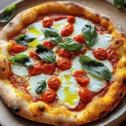 - Fresh Mozzarella vs. Regular Mozzarella Fresh mozzarella is key for Margherita pizza. It melts beautifully and has a creamy taste. Regular mozzarella lacks that rich flavor and texture. If you want great pizza, use fresh mozzarella. - Importance of San Marzano Tomatoes San Marzano tomatoes are special. They are sweet, with low acidity. This makes them perfect for sauce. Their flavor shines through on your pizza. Always choose these tomatoes for the best results. - Fresh Basil and Its Role in Flavor Fresh basil adds a bright taste. It balances the richness of the cheese. When you bake the pizza, the basil becomes fragrant. Make sure to use fresh leaves for the best flavor. - Alternatives for Fresh Mozzarella If you can't find fresh mozzarella, try burrata. It has a similar creamy texture. For a lower-fat option, use part-skim mozzarella. Just remember, it won't taste the same. - Variations of Tomatoes for the Sauce If San Marzano tomatoes are unavailable, use Roma tomatoes. They are also sweet and work well for sauce. You can also try canned diced tomatoes if you're in a pinch. - Substituting Ingredients for Dietary Needs For gluten-free pizza, use a gluten-free flour blend. If you want a dairy-free option, look for vegan cheese. These substitutions can still give you a tasty pizza experience. For the complete process of making this delightful dish, check out the Full Recipe. Mixing and Kneading the Dough To start, gather your ingredients. In a bowl, mix 2 cups of flour, 1 packet of instant yeast, 1 teaspoon of sugar, and 1 teaspoon of salt. Stir them well. Next, slowly add 3/4 cup of warm water and 1 tablespoon of olive oil. Keep mixing until the dough forms a ball. Now, turn the dough onto a floured surface. Knead it for about 5-7 minutes. You want it to be smooth and elastic. This step is key for a great crust. How to Ensure Proper Rising After kneading, place the dough in a lightly oiled bowl. Cover it with a damp cloth. Let it rise in a warm spot for about 1 hour. The dough should double in size. This rising helps create a light texture in your pizza crust. Tips for Spreading the Sauce Effectively Once the dough rises, punch it down. Roll it out into a 12-inch round on a floured surface. Transfer the dough to a parchment-lined baking sheet. Now, take 1 cup of crushed San Marzano tomatoes and spread it evenly over the base. Leave a small border around the edges. Season the sauce lightly with salt and pepper for flavor. How to Layer Cheese and Basil Next, layer 1 1/2 cups of sliced fresh mozzarella on top of the sauce. Make sure to distribute it evenly. This helps achieve that melty goodness. Finally, add a handful of fresh basil leaves on top. You can add them before baking or after for a fresh taste. Optimal Oven Settings for Pizza Preheat your oven to 475°F (245°C). If you have a pizza stone, place it in the oven to heat up. The high temperature gives a nice, crispy crust. Using a Pizza Stone vs. Baking Sheet For the best results, use a pizza stone. It retains heat well and cooks the crust evenly. If you don’t have one, a baking sheet works too. Bake your pizza for about 12-15 minutes. Look for a golden crust and bubbling cheese. Once done, remove the pizza and drizzle with extra virgin olive oil. Enjoy your homemade Margherita pizza! For the full recipe, check out the details above. To get a crisp crust, use high-protein flour. This flour helps create a chewy texture. - Ways to Achieve Crispiness: - Preheat your oven to 475°F (245°C). - If you use a pizza stone, let it heat for at least 30 minutes. - Roll the dough thin for a crispier bite. - The Role of Oven Temperature: - A hot oven cooks the pizza fast. This keeps the crust from getting soggy. - Bake for 12-15 minutes until golden brown. Fresh ingredients make a big difference in taste. - Adding Extra Herbs and Seasonings: - Fresh basil is a must, but try adding oregano or thyme too. - A pinch of red pepper flakes gives a nice kick. - Drizzling Olive Oil Before Serving: - A drizzle of extra virgin olive oil adds richness. - It also enhances the flavors of the cheese and sauce. Even the best cooks face problems. Here’s how to fix common issues. - Avoiding a Soggy Bottom: - Ensure you preheat the oven and stone. - Use less sauce and make sure tomatoes are well-drained. - Fixing Overcooked Cheese: - Check the cheese halfway through baking. - If it browns too fast, lower the oven temperature slightly. For the complete guide on making Margherita Pizza, check out the Full Recipe. {{image_2}} You can change up your Margherita pizza easily. Here are two tasty options: - Prosciutto and Arugula: Add thin slices of prosciutto on top after baking. The salty meat pairs well with fresh arugula. Just sprinkle a handful of arugula over the top, and drizzle some olive oil. This adds a fresh, peppery bite. - Roasted Vegetables with Goat Cheese: Try roasting peppers, zucchini, and onions. After roasting, place them on the pizza with crumbled goat cheese. The soft cheese adds creaminess, and the veggies bring a sweet flavor. This twist makes your pizza colorful and fun. You can cook Margherita pizza in various ways. Here are two great methods: - Grilling Margherita Pizza: Preheat your grill to medium heat. Roll out your dough and place it on the grill. Cook for about 3-4 minutes on one side. Flip it, add your toppings, and close the lid. Cook for another 4-5 minutes. This method gives you a nice smoky flavor. - Using a Cast Iron Skillet for Baking: Heat your skillet over medium heat. Add a bit of oil and place your dough in the skillet. Cook for 3 minutes until golden. Then, add your toppings and transfer it to a preheated oven. Bake until the cheese melts. This method gives you a crispy crust. You can make Margherita pizza fit different diets. Here are some ideas: - Gluten-Free Pizza Dough Options: Use a gluten-free flour blend in place of regular flour. Many brands offer pre-made gluten-free dough. This way, you can enjoy the same great taste without gluten. - Vegan Cheese Substitutes: If you want a vegan option, try using cashew cheese or store-bought vegan cheese. They melt well and add flavor. Pair it with a good tomato sauce for a delicious meal. Feel free to explore these variations and make your Margherita pizza your own! For a complete recipe, check the Full Recipe section. After enjoying your Margherita pizza, store the leftovers properly. This keeps the pizza fresh and tasty. - Best Practices for Refrigeration Place slices in an airtight container. Use parchment paper between layers to avoid sticking. Store in the fridge for 3-4 days. - Freezing Margherita Pizza For longer storage, freeze the pizza. Wrap it tightly in plastic wrap and then in aluminum foil. This prevents freezer burn. You can keep it frozen for up to 2 months. Reheating your pizza can be tricky. You want it warm and crispy, not dry. Here are the best ways to do it. - Best Methods for Reheating Without Drying Out Use an oven or a skillet. Preheat the oven to 375°F (190°C). Heat for about 10 minutes. If using a skillet, cover it with a lid and heat for 5-7 minutes on low. - Utilizing an Air Fryer for Crispiness An air fryer works great for reheating pizza. Set it to 350°F (175°C). Cook for 3-5 minutes. This method keeps the crust crispy and the cheese melty. Margherita Pizza has a rich history. It dates back to 1889 in Naples, Italy. Queen Margherita of Savoy visited the city. A chef, Raffaele Esposito, created a special pizza for her. He used tomatoes, mozzarella, and basil. These colors represent the Italian flag. The queen loved it, and it became famous. Yes, you can! If you don't have a pizza stone, use a baking sheet. Preheat the sheet in the oven to help the crust cook well. You can also use a cast iron skillet. Just make sure it is very hot when you add the dough. This helps achieve a crispy crust. Look for a golden-brown crust. The cheese should be bubbly and slightly browned. If the edges of the crust are firm and crisp, your pizza is done. You can also check the bottom. It should have a nice brown color too. For the complete instructions, check out the Full Recipe for Margherita Pizza Delight . Making Margherita pizza at home is fun and rewarding. You learned the essential ingredients, like fresh mozzarella and San Marzano tomatoes. Proper dough preparation and baking tips are key to success. You can also try different toppings and cooking methods to mix things up. Remember to store and reheat leftovers wisely to keep them tasty. Enjoy every bite, knowing you crafted a delicious pizza right from your kitchen!