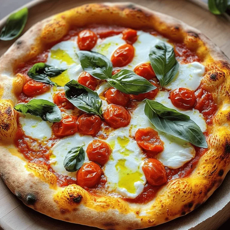 - Fresh Mozzarella vs. Regular Mozzarella Fresh mozzarella is key for Margherita pizza. It melts beautifully and has a creamy taste. Regular mozzarella lacks that rich flavor and texture. If you want great pizza, use fresh mozzarella. - Importance of San Marzano Tomatoes San Marzano tomatoes are special. They are sweet, with low acidity. This makes them perfect for sauce. Their flavor shines through on your pizza. Always choose these tomatoes for the best results. - Fresh Basil and Its Role in Flavor Fresh basil adds a bright taste. It balances the richness of the cheese. When you bake the pizza, the basil becomes fragrant. Make sure to use fresh leaves for the best flavor. - Alternatives for Fresh Mozzarella If you can't find fresh mozzarella, try burrata. It has a similar creamy texture. For a lower-fat option, use part-skim mozzarella. Just remember, it won't taste the same. - Variations of Tomatoes for the Sauce If San Marzano tomatoes are unavailable, use Roma tomatoes. They are also sweet and work well for sauce. You can also try canned diced tomatoes if you're in a pinch. - Substituting Ingredients for Dietary Needs For gluten-free pizza, use a gluten-free flour blend. If you want a dairy-free option, look for vegan cheese. These substitutions can still give you a tasty pizza experience. For the complete process of making this delightful dish, check out the Full Recipe. Mixing and Kneading the Dough To start, gather your ingredients. In a bowl, mix 2 cups of flour, 1 packet of instant yeast, 1 teaspoon of sugar, and 1 teaspoon of salt. Stir them well. Next, slowly add 3/4 cup of warm water and 1 tablespoon of olive oil. Keep mixing until the dough forms a ball. Now, turn the dough onto a floured surface. Knead it for about 5-7 minutes. You want it to be smooth and elastic. This step is key for a great crust. How to Ensure Proper Rising After kneading, place the dough in a lightly oiled bowl. Cover it with a damp cloth. Let it rise in a warm spot for about 1 hour. The dough should double in size. This rising helps create a light texture in your pizza crust. Tips for Spreading the Sauce Effectively Once the dough rises, punch it down. Roll it out into a 12-inch round on a floured surface. Transfer the dough to a parchment-lined baking sheet. Now, take 1 cup of crushed San Marzano tomatoes and spread it evenly over the base. Leave a small border around the edges. Season the sauce lightly with salt and pepper for flavor. How to Layer Cheese and Basil Next, layer 1 1/2 cups of sliced fresh mozzarella on top of the sauce. Make sure to distribute it evenly. This helps achieve that melty goodness. Finally, add a handful of fresh basil leaves on top. You can add them before baking or after for a fresh taste. Optimal Oven Settings for Pizza Preheat your oven to 475°F (245°C). If you have a pizza stone, place it in the oven to heat up. The high temperature gives a nice, crispy crust. Using a Pizza Stone vs. Baking Sheet For the best results, use a pizza stone. It retains heat well and cooks the crust evenly. If you don’t have one, a baking sheet works too. Bake your pizza for about 12-15 minutes. Look for a golden crust and bubbling cheese. Once done, remove the pizza and drizzle with extra virgin olive oil. Enjoy your homemade Margherita pizza! For the full recipe, check out the details above. To get a crisp crust, use high-protein flour. This flour helps create a chewy texture. - Ways to Achieve Crispiness: - Preheat your oven to 475°F (245°C). - If you use a pizza stone, let it heat for at least 30 minutes. - Roll the dough thin for a crispier bite. - The Role of Oven Temperature: - A hot oven cooks the pizza fast. This keeps the crust from getting soggy. - Bake for 12-15 minutes until golden brown. Fresh ingredients make a big difference in taste. - Adding Extra Herbs and Seasonings: - Fresh basil is a must, but try adding oregano or thyme too. - A pinch of red pepper flakes gives a nice kick. - Drizzling Olive Oil Before Serving: - A drizzle of extra virgin olive oil adds richness. - It also enhances the flavors of the cheese and sauce. Even the best cooks face problems. Here’s how to fix common issues. - Avoiding a Soggy Bottom: - Ensure you preheat the oven and stone. - Use less sauce and make sure tomatoes are well-drained. - Fixing Overcooked Cheese: - Check the cheese halfway through baking. - If it browns too fast, lower the oven temperature slightly. For the complete guide on making Margherita Pizza, check out the Full Recipe. {{image_2}} You can change up your Margherita pizza easily. Here are two tasty options: - Prosciutto and Arugula: Add thin slices of prosciutto on top after baking. The salty meat pairs well with fresh arugula. Just sprinkle a handful of arugula over the top, and drizzle some olive oil. This adds a fresh, peppery bite. - Roasted Vegetables with Goat Cheese: Try roasting peppers, zucchini, and onions. After roasting, place them on the pizza with crumbled goat cheese. The soft cheese adds creaminess, and the veggies bring a sweet flavor. This twist makes your pizza colorful and fun. You can cook Margherita pizza in various ways. Here are two great methods: - Grilling Margherita Pizza: Preheat your grill to medium heat. Roll out your dough and place it on the grill. Cook for about 3-4 minutes on one side. Flip it, add your toppings, and close the lid. Cook for another 4-5 minutes. This method gives you a nice smoky flavor. - Using a Cast Iron Skillet for Baking: Heat your skillet over medium heat. Add a bit of oil and place your dough in the skillet. Cook for 3 minutes until golden. Then, add your toppings and transfer it to a preheated oven. Bake until the cheese melts. This method gives you a crispy crust. You can make Margherita pizza fit different diets. Here are some ideas: - Gluten-Free Pizza Dough Options: Use a gluten-free flour blend in place of regular flour. Many brands offer pre-made gluten-free dough. This way, you can enjoy the same great taste without gluten. - Vegan Cheese Substitutes: If you want a vegan option, try using cashew cheese or store-bought vegan cheese. They melt well and add flavor. Pair it with a good tomato sauce for a delicious meal. Feel free to explore these variations and make your Margherita pizza your own! For a complete recipe, check the Full Recipe section. After enjoying your Margherita pizza, store the leftovers properly. This keeps the pizza fresh and tasty. - Best Practices for Refrigeration Place slices in an airtight container. Use parchment paper between layers to avoid sticking. Store in the fridge for 3-4 days. - Freezing Margherita Pizza For longer storage, freeze the pizza. Wrap it tightly in plastic wrap and then in aluminum foil. This prevents freezer burn. You can keep it frozen for up to 2 months. Reheating your pizza can be tricky. You want it warm and crispy, not dry. Here are the best ways to do it. - Best Methods for Reheating Without Drying Out Use an oven or a skillet. Preheat the oven to 375°F (190°C). Heat for about 10 minutes. If using a skillet, cover it with a lid and heat for 5-7 minutes on low. - Utilizing an Air Fryer for Crispiness An air fryer works great for reheating pizza. Set it to 350°F (175°C). Cook for 3-5 minutes. This method keeps the crust crispy and the cheese melty. Margherita Pizza has a rich history. It dates back to 1889 in Naples, Italy. Queen Margherita of Savoy visited the city. A chef, Raffaele Esposito, created a special pizza for her. He used tomatoes, mozzarella, and basil. These colors represent the Italian flag. The queen loved it, and it became famous. Yes, you can! If you don't have a pizza stone, use a baking sheet. Preheat the sheet in the oven to help the crust cook well. You can also use a cast iron skillet. Just make sure it is very hot when you add the dough. This helps achieve a crispy crust. Look for a golden-brown crust. The cheese should be bubbly and slightly browned. If the edges of the crust are firm and crisp, your pizza is done. You can also check the bottom. It should have a nice brown color too. For the complete instructions, check out the Full Recipe for Margherita Pizza Delight . Making Margherita pizza at home is fun and rewarding. You learned the essential ingredients, like fresh mozzarella and San Marzano tomatoes. Proper dough preparation and baking tips are key to success. You can also try different toppings and cooking methods to mix things up. Remember to store and reheat leftovers wisely to keep them tasty. Enjoy every bite, knowing you crafted a delicious pizza right from your kitchen!