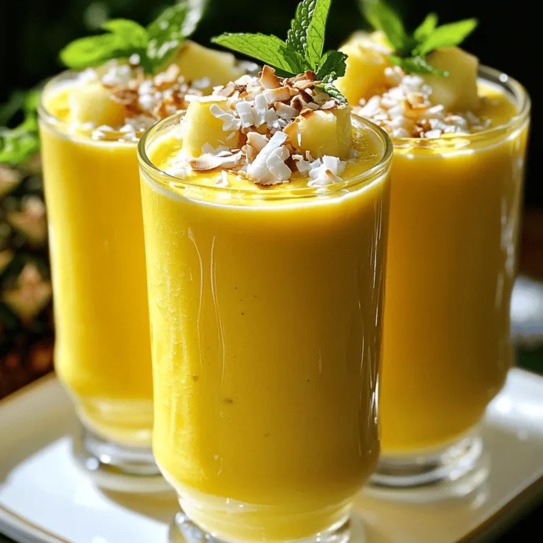- 1 cup fresh pineapple chunks - 1/2 cup coconut milk - 1 medium ripe banana - 1/2 cup Greek yogurt or dairy-free alternative - 1 tablespoon honey or agave syrup (optional) - 1/2 teaspoon vanilla extract - 1/2 cup ice cubes - Toasted coconut flakes for garnish (optional) - Fresh mint leaves for garnish (optional) To create the perfect pineapple coconut smoothie, gather fresh pineapple chunks. Using fresh fruit will give your drink a bright flavor. Next, grab coconut milk for creaminess and a rich taste. You need a ripe banana for natural sweetness and smooth texture. Greek yogurt adds protein, while a dairy-free option works for vegan diets. If you like your smoothie sweeter, consider honey or agave syrup. A hint of vanilla extract enhances flavor. Don't forget ice cubes for coolness! The optional garnishes, like toasted coconut flakes and mint leaves, add a fun touch. They make your smoothie look great and taste even better. Check the Full Recipe for more details on how to blend all these ingredients into a delicious drink! - Gather all ingredients. You need fresh pineapple chunks, coconut milk, banana, Greek yogurt, and ice cubes. - Combine the pineapple, coconut milk, banana, Greek yogurt, and vanilla in your blender. If you like it sweeter, add honey or agave syrup. - Add the ice cubes for a nice chill. Blend everything until smooth and creamy, about 30 to 60 seconds. - Taste the smoothie. If it needs more sweetness, add more honey or syrup. - Pour the smoothie into chilled glasses. You can garnish with toasted coconut flakes and fresh mint leaves if you want. - I recommend using a high-speed blender. Brands like Vitamix or Blendtec work great. - To get a creamy texture, make sure your banana is ripe. It helps create a smooth blend. - Use tall glasses for serving your smoothie. It looks nice and gives you space for garnishes. - This smoothie pairs well with light snacks. Try it with a handful of nuts or a slice of toast. To get the best taste, choose ripe pineapples. A ripe pineapple smells sweet and has a slight give when pressed. Look for a golden color on the shell. If your pineapple is not ripe, it may taste sour. You can also use canned pineapple, but fresh is best. For coconut milk, you have options. You can use canned coconut milk for creaminess. If you want a lighter version, try using coconut water. Almond milk or oat milk can also work well, but they change the taste. Do you like thicker smoothies? Add more yogurt or use less coconut milk. For thinner smoothies, add more coconut milk or a little water. Ice cubes make smoothies chill and refreshing. Use about half a cup for a nice texture. If you want a creamier feel, add extra yogurt. This gives your smoothie body and a rich taste. Cleaning your blender can be a breeze! After blending, fill it with warm water and a drop of soap. Blend for a few seconds, then rinse. This method saves time and keeps your blender clean. If you have leftover smoothie, store it in the fridge. Use an airtight container to keep it fresh. Smoothies can last up to a day. You can also freeze leftovers in ice cube trays. This lets you enjoy them later in drinks or smoothies. If you want the full recipe, check out the Tropical Paradise Pineapple Coconut Smoothie. {{image_2}} You can switch up the fruit in your smoothie. If you want to try other tropical fruits, consider mango, papaya, or passion fruit. These fruits add their unique flavors and keep the drink fresh and exciting. Seasonal fruits also work great. In summer, add ripe strawberries or blueberries. In fall, pumpkin puree can add a fun twist. Mixing fruits lets you explore new tastes and keeps your smoothie fun! For a health boost, add a handful of spinach or kale to your smoothie. They blend well and add vitamins without changing the taste much. You won’t even notice they’re there! If you want more protein, consider adding a scoop of your favorite protein powder. It makes the smoothie filling and helps with recovery after workouts. You can also use nut butter for a creamy texture and extra protein. If you need a vegan option, you can swap the Greek yogurt for dairy-free yogurt. Look for coconut, almond, or soy yogurt. They give a nice creaminess and still fit the tropical theme. For sweeteners, you can replace honey with maple syrup or agave. These plant-based options keep your smoothie sweet while making it fully vegan. Check out the Full Recipe to see how easy it is to make this delicious drink! If you have leftover smoothie, store it in the fridge. Use an airtight container. This helps keep it fresh for up to two days. Shake or stir it well before drinking. If you want to save it longer, freeze the smoothie. Pour it into ice cube trays or freezer bags. This way, you can blend it into new smoothies later. To keep pineapple fresh, store it whole in the fridge. If cut, wrap it tightly in plastic wrap. Use it within five days for the best taste. For coconut milk, keep it in a cool, dark place before opening. After opening, store it in the fridge. Use it within a week for the best quality. Smoothies are best enjoyed cold and do not usually need reheating. If you must reheat, use a microwave. Heat it in short bursts, stirring in between. This helps avoid hot spots and keeps the flavor intact. Always try to enjoy your smoothie fresh for the best experience. To make a Pineapple Coconut Smoothie, gather your ingredients first. You need: - 1 cup fresh pineapple chunks - 1/2 cup coconut milk (canned for creaminess) - 1 medium ripe banana - 1/2 cup Greek yogurt (or dairy-free alternative) - 1 tablespoon honey or agave syrup (optional) - 1/2 teaspoon vanilla extract - 1/2 cup ice cubes - Toasted coconut flakes for garnish (optional) - Fresh mint leaves for garnish (optional) Start by placing the pineapple, coconut milk, banana, yogurt, honey, and vanilla in a blender. Next, add the ice cubes for a cool touch. Blend these on high for about 30 to 60 seconds. You want a smooth and creamy texture. Taste and add more honey if you like it sweeter. Pour this into chilled glasses and add your garnishes. Enjoy this tropical delight! This smoothie is not just tasty; it also packs nutrition. Pineapple is rich in vitamin C, which helps boost your immune system. Coconut milk adds healthy fats that can help with heart health. Bananas provide potassium, which is good for your muscles and heart. Greek yogurt gives you protein, helping you feel full longer. If you use honey, it can give you a quick energy boost. Overall, this smoothie is a great way to enjoy a healthy treat. Yes, you can use frozen pineapple in your smoothie. Frozen pineapple can be just as good as fresh. It also makes your smoothie extra cold and thick. However, fresh pineapple can have a brighter flavor. If you choose frozen, make sure it is unsweetened. This way, you can control the sweetness better. Both fresh and frozen can be delicious; it just depends on your preference! This blog post provided a simple guide for making a delicious pineapple coconut smoothie. You learned about key ingredients, preparation steps, and handy tips. We explored variations and how to store your smoothie, too. As you create your own version, remember to experiment with flavors and textures. Enjoy the fresh taste and health benefits. Smoothies can be a fun and tasty way to nourish your body. So, blend away and sip on your tropical delight!
