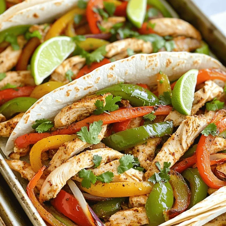 - 1 lb boneless, skinless chicken breasts - 2 bell peppers (one red, one green) - 1 medium yellow onion - 3 tablespoons olive oil - 2 teaspoons chili powder - 1 teaspoon cumin - 1 teaspoon garlic powder - 1 teaspoon paprika - 1 teaspoon onion powder - Salt and pepper to taste For my sheet pan chicken fajitas, I love using fresh ingredients. The chicken gives a great base. I prefer boneless, skinless chicken breasts for their lean quality. They cook quickly and stay juicy. The bell peppers add color and sweetness. I often choose red and green for a vibrant look. The onion brings depth and flavor to the mix. The marinade is key. It makes the chicken and veggies pop with flavor. I mix olive oil, chili powder, cumin, garlic powder, paprika, and onion powder. Salt and pepper finish the mix nicely. This blend adds a warm, spicy kick that makes fajitas special. - 8 small flour tortillas - Fresh cilantro, chopped (for garnish) - Lime wedges (for serving) I use small flour tortillas for serving. They are soft and hold the filling well. You can warm them in a skillet or oven. It makes them more pliable and tasty. For garnish, I love fresh cilantro. It adds a bright finish to each bite. Lime wedges are also a must. A squeeze of lime brightens the flavors. You can also mix in your favorite toppings. Try avocado, sour cream, or salsa for more fun. Check out the Full Recipe for all the steps to make these easy and quick fajitas! - Preheat the oven to 425°F (220°C). - Line the sheet pan with parchment paper. - Combine olive oil, chili powder, cumin, garlic powder, paprika, onion powder, salt, and pepper in a bowl. - Coat the chicken strips in this marinade for 15 minutes. This helps the chicken absorb all the great flavors. - After marinating, mix in your sliced bell peppers and onion. - Spread this mixture on the prepared sheet pan. Make sure it is in a single layer for even cooking. - Bake in the oven for 20-25 minutes. Stir halfway through to ensure everything cooks well. The chicken should be cooked through, and the veggies should be tender. You can find the full recipe in the earlier section. Enjoy your flavorful sheet pan chicken fajitas! To get the best fajitas, start with even slicing. Slice your chicken and veggies into thin strips. This helps them cook evenly. If pieces are uneven, some will cook faster than others. A sharp knife makes this task easier. For cooking times, bake your fajitas for 20 to 25 minutes. Check the chicken's doneness by cutting a piece in the thickest part. It should be white and no longer pink inside. If you have a meat thermometer, aim for 165°F (74°C). Your fajitas can shine with great sides and toppings. I love serving them with guacamole, sour cream, and a mix of salsas. Fresh avocado adds creaminess, while salsa gives a nice kick. To create a fun fajita bar, lay out the warm tortillas, cooked chicken, and veggies. Add bowls of toppings like cheese, chopped tomatoes, and fresh cilantro. Let everyone build their own fajitas! This way, you can cater to all tastes and make mealtime more interactive. For the full recipe, check out the details above! {{image_2}} You can make these fajitas even tastier with new spice blends. Try using taco seasoning or a mix of smoked paprika and chipotle powder. I love adding a pinch of cayenne for heat. Add extra ingredients for more texture. Sliced mushrooms or zucchini add a nice bite. For sweetness, try adding corn. You can also toss in black beans for protein and fiber. If you need gluten-free options, use corn tortillas. They have a great taste and work well. For low-carb diets, lettuce wraps are a fun choice. If you want a vegetarian or vegan meal, swap the chicken for firm tofu or tempeh. Marinate it just like the chicken. You can also use jackfruit for a meat-like texture. Both options soak up flavors well and taste great! For the full recipe, check the complete instructions above. To keep your fajitas fresh, place the leftover mixture in an airtight container. Cool it to room temperature before sealing. Store it in the fridge for up to three days. If you want to keep them longer, you can freeze them. Use a freezer-safe bag or container, and remove as much air as possible. The fajita mix will last up to three months in the freezer. When you are ready to eat, thaw the mixture overnight in the fridge. Reheat it in a pan over medium heat until it warms through. You can also microwave it for quick reheating. If using a microwave, stir halfway for even heating. Stored fajitas can be safe to eat for up to three days in the fridge. If you freeze them, they stay good for about three months. Always check for any signs of spoilage before eating. If it looks or smells off, it’s best to discard it. Enjoy your fajitas knowing they can last while still tasting great! For fajitas, you can use either chicken thighs or chicken breasts. Chicken breasts are lean and cook quickly. They have a mild flavor that works well with spices. However, chicken thighs are juicier and more tender. They add richness to the dish. If you prefer a more flavorful fajita, go for thighs. If you want a lighter option, stick with breasts. Yes, you can make fajitas ahead of time. For best results, marinate the chicken and veggies the night before. Store them in the fridge in a sealed bag. You can also cook the chicken and veggies and store them in the fridge. Just reheat them when you are ready to serve. This makes meal prep easy and quick. To spice up your fajitas, add extra ingredients. You can include jalapeños or serrano peppers for heat. Adding cayenne pepper to the marinade gives a nice kick. Another option is to use a spicy salsa as a topping. Experiment to find the right heat level for your taste. Enjoy the flavor! To sum up, we explored how to make sheet pan chicken fajitas. We covered the main ingredients, from the chicken to the spices. You learned step-by-step cooking instructions and smart tips for perfect fajitas. We also discussed fun flavor variations and dietary needs. Finally, we reviewed how to store leftovers safely. With these insights, you can create delicious fajitas your way. Enjoy making this dish again and again!