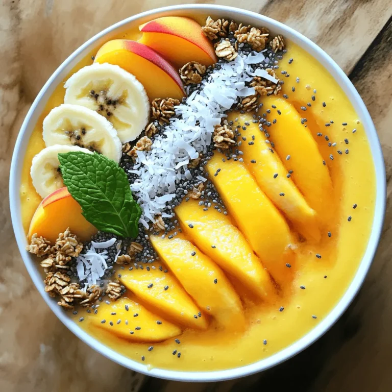 To make a delicious Peach Mango Smoothie Bowl, you need fresh and ripe ingredients. Here’s the list of what you'll need: - 2 ripe peaches, pitted and chopped - 1 ripe mango, peeled and diced - 1 banana, sliced - 1/2 cup Greek yogurt - 1/2 cup coconut milk or any milk of your choice - 1 tablespoon honey or maple syrup (optional) - Suggested toppings: sliced fruits (peach, mango, banana), granola, chia seeds, shredded coconut, and fresh mint leaves Each ingredient plays a key role. The peaches and mango bring sweetness and freshness. The banana adds creaminess. Greek yogurt gives protein and a tangy taste. Coconut milk makes it smooth and rich. You can adjust sweetness by adding honey or maple syrup. I often skip the sweetener if the fruits are ripe enough. When it comes to toppings, the sky's the limit. Add your favorite fruits or crunchy granola. Chia seeds and shredded coconut offer extra texture. Fresh mint leaves add a nice touch and a pop of color. For the complete recipe, check out the Full Recipe section. Enjoy crafting this refreshing bowl! - Step 1: Blend the fruits and yogurt Start by adding the peaches, mango, and banana to your blender. Next, pour in the Greek yogurt and coconut milk. Blend on high until everything is smooth. This step makes a creamy base for your bowl. - Step 2: Adjust sweetness if desired Taste your smoothie mix. If you want it sweeter, add honey or maple syrup. Blend again for a few seconds. This step is key to making the flavors pop. - Step 3: Serve and garnish Pour the smoothie into a bowl. Now, it's time to make it pretty! Add sliced fruits, granola, chia seeds, and shredded coconut on top. Finish with mint leaves for a fresh touch. Enjoy this fresh and flavorful treat! For the full recipe, check out the complete instructions above. How do I achieve the ideal texture? To get a smooth and creamy bowl, blend well. Start with frozen fruits. They make the smoothie thick. Use ripe peaches and mango for the best mix. What are tips for freezing fruits for extra creaminess? Freeze your fruits ahead of time. Peel and chop them. Then, spread them on a tray. Once frozen, store them in a bag. This keeps them fresh and easy to use. How do I select ripe fruits for the best flavor? Look for fruits that feel soft but not mushy. A ripe peach should have a sweet smell. A mango should yield slightly when pressed. These signs show they are ready to eat. For more delicious ideas, check out the Full Recipe! {{image_2}} You can easily change the Peach Mango Smoothie Bowl to fit your needs. Here are some great ideas: - Dairy-free options: You can swap Greek yogurt with almond or soy yogurt. This keeps it creamy without dairy. Use coconut milk or almond milk for a tasty base. - Vegan adaptations: To make this bowl vegan, skip the honey or use maple syrup. Both sweeteners work great and keep the bowl plant-based. - Boosting nutrition with superfoods: Add chia seeds or hemp seeds for extra protein and fiber. You can also mix in spinach or kale for a green twist. They blend well and add nutrients without changing the taste much. These variations help you enjoy this smoothie bowl while sticking to your diet. Try them and find your favorite mix! For the complete recipe, check out the Full Recipe section. To store unused smoothie bowls, place them in a sealed container. This keeps the bowl fresh. Use glass or plastic containers that fit well in your fridge. If you have toppings, store them separately. This helps keep them crunchy. For freezing components, pour the smoothie mix into ice cube trays. This is great for later use. You can blend the frozen cubes into new smoothie bowls. Just let them sit out for a few minutes to soften a bit. When it comes to reheating, I recommend not microwaving the smoothie. The heat can change the flavor and texture. Instead, set the bowl out for a bit. This brings it back to a nice, cool state. If it needs a bit of creaminess, stir in a splash of coconut milk. By following these steps, you can keep your Peach Mango Smoothie Bowl fresh and tasty. For the full recipe, be sure to check the instructions above! Can I substitute other fruits? Yes! You can swap in fruits like berries, pineapples, or bananas. Just keep the ratios similar. This way, you still get that nice, creamy texture. How do I make it thicker? To thicken your smoothie bowl, add more frozen fruit. Frozen bananas or peaches work great. You can also use less liquid, like coconut milk or yogurt. What are the health benefits of this smoothie bowl? This smoothie bowl is packed with vitamins and minerals. Peaches and mangoes are high in vitamin C. Greek yogurt adds protein, while chia seeds bring fiber and omega-3s. How long can I keep it in the fridge? This smoothie bowl tastes best fresh. However, you can store it in the fridge for about 1 day. It may lose some texture, but it will still be tasty. If you want to save it longer, freeze the mixture without toppings. For the full recipe, check out the main section. This blog shows how to make a delicious peach mango smoothie bowl. We covered the ingredients you need, from ripe fruits to Greek yogurt. The step-by-step guide simplifies the preparation, ensuring you get the perfect taste. I shared tips to enhance your smoothie bowl's texture and ways to adapt it for different diets. Lastly, we discussed storage tips to keep your leftovers fresh. Enjoy creating your own smoothie bowl, tailored to your taste and needs!