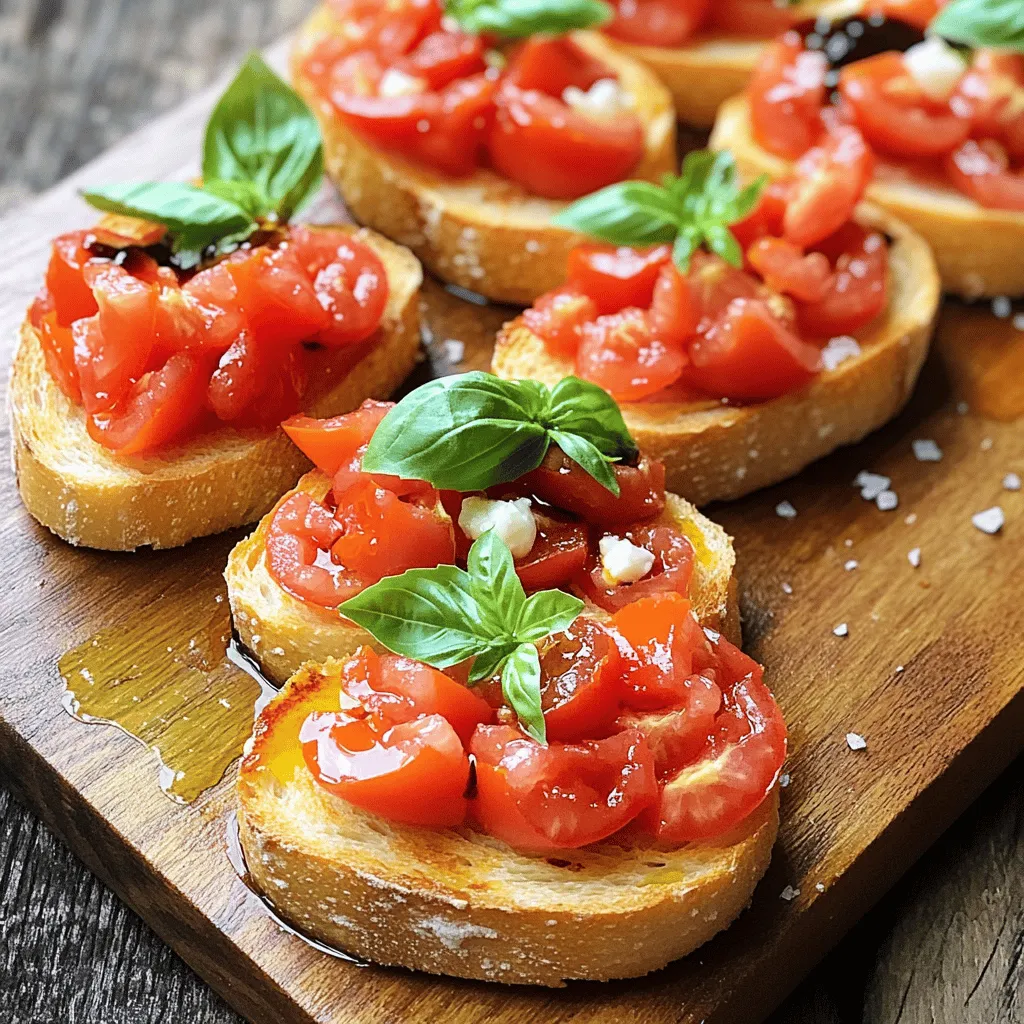 To make fresh tomato basil bruschetta, you need a few simple ingredients. Here’s what you’ll need: - 4 ripe tomatoes, finely diced - 1 cup fresh basil leaves, chopped - 2 cloves garlic, minced - 1 tablespoon balsamic vinegar - 3 tablespoons extra-virgin olive oil - Salt and pepper, to taste - 1 French baguette or ciabatta loaf, sliced - Optional: Fresh mozzarella cheese, diced Choosing great ingredients is key. Look for bright red tomatoes. They should feel firm yet slightly soft to the touch. Fresh basil leaves should be vibrant green and fragrant. This will enhance the flavor of your bruschetta. The balsamic vinegar adds a tangy kick. It balances the sweetness of the tomatoes. The olive oil brings richness. Both are essential for a tasty topping. You can also choose fresh mozzarella for added creaminess. It complements the bruschetta well. You can find the full recipe in the main article. Let’s get cooking! To start, I combine the diced tomatoes, chopped basil, minced garlic, balsamic vinegar, and olive oil in a mixing bowl. This mix creates a fresh, bright flavor. Next, I season it with salt and pepper to enhance the taste. After stirring gently, I let it sit for about 15 minutes. This time allows the flavors to meld beautifully. While the topping sits, I preheat my oven to 400°F (200°C). Then, I arrange the sliced bread on a baking sheet. I drizzle some olive oil on each slice for added flavor. I toast the bread for about 5-7 minutes, watching closely to get it golden and crispy. Once the bread cools slightly, I top each slice generously with the tomato basil mixture. If I want to add a bit of creaminess, I sprinkle diced mozzarella on top. The result is a stunning and tasty dish that looks as good as it tastes. For the full recipe, check out the details above! To make great bruschetta, choose ripe and vibrant tomatoes. Look for tomatoes that feel heavy for their size. Heirloom or vine-ripened tomatoes work best. They have deep flavor and juicy texture. You want tomatoes that smell sweet and fresh. This adds to the taste of your dish. Fresh basil is key in this recipe. Select bright green leaves and avoid any that look brown or wilted. The best basil has a strong aroma and flavor. Give the leaves a gentle squeeze to check if they smell fragrant. This fresh scent makes your bruschetta taste amazing. When serving, present your bruschetta on a wooden board. This adds a rustic touch. Garnish with whole basil leaves for color and style. Serve immediately to enjoy the best texture and flavor. Eating it fresh keeps the bread crispy and the topping bright. For the complete recipe, check out the Full Recipe! {{image_2}} You can change the bread to suit your taste. Whole grain bread adds a nutty flavor. Gluten-free bread works well for those with dietary needs. For a unique twist, try grilled polenta. Polenta gives a nice crunch and a different texture. Add seasonal ingredients to boost flavor. Roasted red peppers bring a sweet taste. Chopped olives add a salty kick. If you want creaminess, slice up some avocado. The avocado pairs perfectly with the fresh tomato and basil. Enhance your bruschetta with a few simple tricks. Drizzle pesto on top for a fresh herb burst. A sprinkle of Parmesan cheese adds a rich taste. If you enjoy heat, add a dash of chili flakes. This small touch can take your dish to the next level. For the full recipe, check the earlier section. Keep the tomato topping in an airtight container. This helps keep it fresh. Consume it within 1-2 days for the best flavor. The longer it sits, the less fresh it tastes. Store leftover slices in a paper bag. This keeps them crispy and avoids sogginess. Do not put them in the fridge. The cold air makes the bread soft and unappetizing. You can freeze the bread and topping separately. This way, you can enjoy them later. When ready to eat, let them thaw before serving. This helps keep the flavors fresh and delicious. You can easily prep bruschetta ahead of time. First, prepare the topping by mixing diced tomatoes, basil, garlic, balsamic vinegar, and olive oil in a bowl. Season it with salt and pepper. Store this mixture in the fridge. Then, toast the bread separately when you're ready to serve. Assemble everything just before serving for the best taste. If you don’t have balsamic vinegar, don’t worry! You can use red wine vinegar for a nice tang. Lemon juice also adds a bright flavor to the dish. Both options will give your bruschetta a tasty twist. Yes, you can use canned tomatoes to make bruschetta. Choose high-quality canned tomatoes for better flavor. However, fresh tomatoes are always the best choice for that vibrant taste and texture. If you go for canned, drain them well to avoid a soggy mix. This blog post covered how to make tasty bruschetta. We looked at the ingredients, step-by-step instructions, tips for the best tomatoes and basil, fun variations, and storage ideas. Bruschetta is easy to make and perfect for any gathering. With fresh flavors, it will impress your guests. Try adding new toppings to make it your own. Follow these tips, and enjoy a simple yet delicious dish.