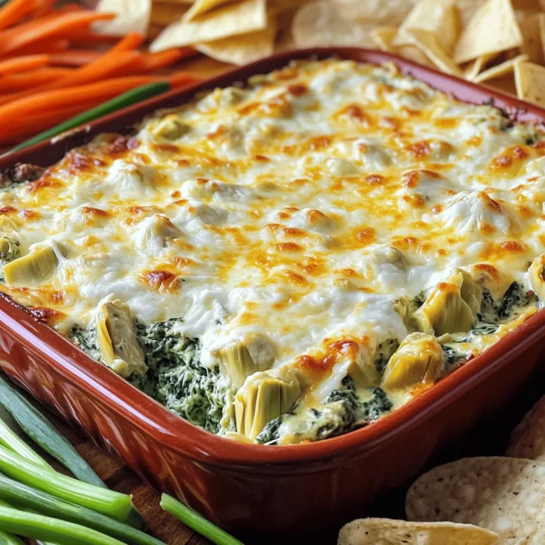 To make a tasty spinach artichoke dip, gather these items: - 1 cup fresh spinach, chopped - 1 cup artichoke hearts, drained and chopped - 1 cup cream cheese, softened - ½ cup sour cream - ½ cup mayonnaise - 1 cup shredded mozzarella cheese - ¼ cup grated Parmesan cheese - 2 cloves garlic, minced - 1 teaspoon onion powder - 1 teaspoon lemon juice - Salt and pepper to taste You can make this dip even better with these add-ins: - Jalapeños for spice - Sun-dried tomatoes for sweetness - Cooked and crumbled bacon for smokiness - Fresh herbs like basil or parsley for freshness These add-ins can change the flavor and make it unique. Feel free to be creative! This dip is not just tasty; it also has some good points: - Spinach is rich in vitamins A and C. - Artichokes are high in fiber and good for digestion. - Cream cheese gives you calcium for strong bones. - Mozzarella adds protein, great for muscle health. Enjoying this dip means you get flavors and some nutrition too. For the full recipe, check out the details above. To make your spinach artichoke dip, start by gathering all your ingredients. You need: - 1 cup fresh spinach, chopped - 1 cup artichoke hearts, drained and chopped - 1 cup cream cheese, softened - ½ cup sour cream - ½ cup mayonnaise - 1 cup shredded mozzarella cheese - ¼ cup grated Parmesan cheese - 2 cloves garlic, minced - 1 teaspoon onion powder - 1 teaspoon lemon juice - Salt and pepper to taste 1. Preheat your oven to 350°F (175°C). This gets your oven ready for baking. 2. In a large bowl, mix the softened cream cheese, sour cream, and mayonnaise. Stir until it is smooth. 3. Add the chopped spinach, artichokes, minced garlic, onion powder, lemon juice, and half of the mozzarella and Parmesan cheese. Mix it well. 4. Season the mix with salt and pepper. Adjust to your taste. 5. Transfer the mix into a baking dish. Spread it evenly. 6. Top the mixture with the remaining mozzarella and Parmesan cheese. This will give it a nice crust. 7. Bake in the oven for 25-30 minutes. Watch for the dip to bubble and turn golden. 8. Take it out and let it cool for a few minutes before serving. This helps it set a bit. For the best dip, use fresh spinach. Frozen spinach can be watery. Make sure to drain the artichokes well. This prevents the dip from being too soggy. Serve hot with tortilla chips, toasted bread, or fresh veggie sticks. Garnish with fresh herbs for a pop of color. You can find the full recipe for this delicious dip in our recipe section. Enjoy your cooking! One common mistake is not draining the artichokes well. This can make your dip watery. Always squeeze out excess liquid. Another mistake is under-seasoning. Taste the mixture before baking. Adjust the salt and pepper to your liking. Overbaking can also ruin your dip. Keep an eye on it. You want it bubbly and golden, not burnt. Serve your dip hot for the best taste. Pair it with tortilla chips or toasted bread. Fresh veggie sticks are also a great option. They add crunch and freshness. For a great look, sprinkle fresh herbs on top. Parsley or chives work well. This adds color and flavor, making your dip even more inviting. A crisp white wine goes well with this dip. Try a Sauvignon Blanc or a light Chardonnay. For a non-alcoholic option, serve it with sparkling water. The bubbles balance the creaminess of the dip. You can also enjoy it with a side salad. A fresh salad adds a nice contrast to the rich flavors. If you're feeling adventurous, try adding some spicy salsa on the side. It adds a fun kick! {{image_2}} You can make a tasty vegan version of spinach artichoke dip. Start by replacing the cream cheese, sour cream, and mayonnaise with plant-based options. Use cashew cream or tofu for the base. Both options give a creamy texture. Add nutritional yeast for a cheesy taste. This dip keeps the flavors you love while being plant-based. If you're watching your fat intake, a low-fat version works well. Swap out cream cheese for low-fat cream cheese. Use Greek yogurt instead of sour cream and mayonnaise. This keeps the dip creamy but cuts down on fat. You still enjoy rich flavors while being mindful of your diet. You can boost the flavor of your spinach artichoke dip with a few tricks. Try adding a pinch of cayenne pepper for heat. A dash of smoked paprika gives a nice smoky taste. You can also mix in sun-dried tomatoes or chopped olives. These small changes add depth and make the dip even more exciting. For the full recipe, check out the Creamy Spinach Artichoke Delight . After you make your spinach artichoke dip, let it cool. Once cooled, cover it tightly with plastic wrap or place it in an airtight container. Store it in the fridge for up to three days. The dip may thicken in the fridge, but that’s okay. Just stir it before serving. You can freeze leftover dip if you want to save it for later. First, let it cool completely. Then, put it in a freezer-safe container or bag. Squeeze out as much air as you can. Label it with the date. It can stay in the freezer for up to three months. When you’re ready to eat it, thaw it in the fridge overnight. To reheat your spinach artichoke dip, preheat your oven to 350°F (175°C). Place the dip in an oven-safe dish. Cover it with foil to keep it from drying out. Heat for about 20 minutes, or until it’s hot and bubbly. You can also microwave it. Heat in short bursts, stirring between each burst, until warm. Enjoy it hot for the best taste! For the full recipe, check out the Creamy Spinach Artichoke Delight. Yes, you can make this dip ahead of time. Prepare the dip and store it in the fridge. Keep it covered for freshness. You can bake it later when you need it. Just remember to take it out of the fridge for a bit before baking. This helps it cook evenly. If you need a substitute for cream cheese, try Greek yogurt or silken tofu. Both options work well and still keep the dip creamy. You can also use ricotta cheese for a different texture. Each substitute adds a unique flavor twist to your dip. Just choose one that fits your taste. Spinach artichoke dip lasts about four days in the fridge. Keep it in an airtight container to keep it fresh. If you want to store it longer, freeze it. It can last up to three months in the freezer. Just thaw it overnight in the fridge before reheating. Enjoy your creamy spinach artichoke delight! For the full recipe, check out the instructions above. In this article, we covered how to make spinach artichoke dip. We looked at key ingredients, helpful tips, and step-by-step instructions. You learned about variations, storage, and commonly asked questions. Remember, you can customize this dip to suit your taste. Avoid mistakes for the best dip. With the right prep and storage, enjoy it fresh and tasty. Dive in and share this easy snack with friends or family!