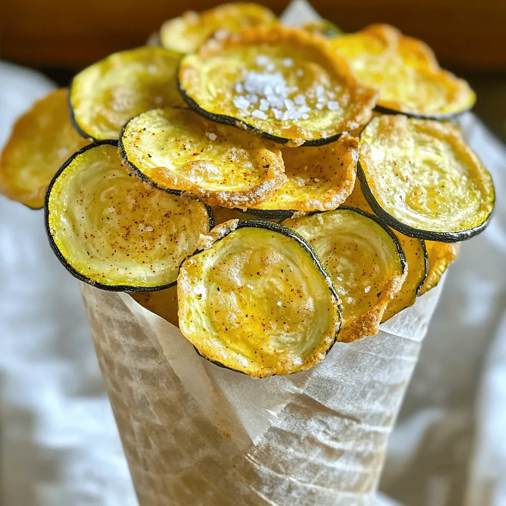 - 2 medium zucchinis - 2 tablespoons olive oil - 1 teaspoon garlic powder - 1 teaspoon onion powder - 1 teaspoon smoked paprika - ½ teaspoon sea salt - ½ teaspoon black pepper - Optional: ¼ cup grated Parmesan cheese or nutritional yeast for a vegan option To make tasty oven baked zucchini chips, start with fresh zucchinis. Choose firm ones without blemishes. The olive oil adds a nice richness, while garlic powder and onion powder give a savory kick. Smoked paprika adds a unique flavor that elevates the dish. Sea salt and black pepper enhance all the tastes. If you want a cheesy touch, sprinkle on Parmesan or nutritional yeast for a vegan twist. This mix of ingredients creates a crispy, flavorful snack you will love. For the full recipe, check the recipe section above. 1. Preheat your oven to 225°F (110°C). This low temperature helps make the chips crispy. 2. Wash the zucchinis under cool water. Slice them into thin rounds, about 1/8 inch thick. A mandoline slicer works well for even slices. 1. In a large bowl, toss the zucchini slices with two tablespoons of olive oil. This helps the seasonings stick. 2. Add 1 teaspoon each of garlic powder, onion powder, and smoked paprika. Sprinkle in ½ teaspoon of sea salt and ½ teaspoon of black pepper. Mix well until all slices are coated evenly. 1. Line a large baking sheet with parchment paper. This step prevents the chips from sticking. 2. Arrange the zucchini slices in a single layer on the baking sheet. Make sure they do not overlap. 3. Bake in the oven for 2 to 2.5 hours. Flip the chips halfway through to ensure they cook evenly. They should turn golden and crispy. 4. Once baked, remove the chips from the oven. Let them cool on the baking sheet for 10 minutes. This cooling time helps make them extra crispy. For the full recipe, refer to the earlier sections for precise measurements and additional tips. To get those perfect, crispy zucchini chips, slice them thin. I use a mandoline for this. It gives me even slices, which cook nicely. Make sure the slices do not touch on the baking sheet. If they overlap, they will steam instead of crisp up. This makes a big difference in texture. You can enhance the flavor in fun ways. Try different seasoning blends, like Italian herbs or spicy chili powder. I love adding a sprinkle of cheese, too. Parmesan gives a nice, rich taste. For a vegan option, use nutritional yeast. It adds a cheesy flavor without dairy. Don't be afraid to experiment! Make your zucchini chips look special when you serve them. I like to use a cone made of parchment paper. It adds a fun touch. Drizzle with olive oil and sprinkle some sea salt on top for extra flavor. Pair your chips with dips like hummus or yogurt sauce. They make a tasty snack or side dish. {{image_2}} You can easily switch up the flavors of your zucchini chips. For a spicy kick, add cayenne pepper. This will give your snack a nice heat. If you prefer something more herbal, try adding Herbs de Provence. This mix of herbs adds a fragrant touch to your chips. Making zucchini chips can fit many diets. For gluten-free options, skip any flour or breading. The base recipe is already gluten-free! If you want a cheesy flavor without dairy, use nutritional yeast. It's a great vegan alternative to Parmesan cheese. Zucchini chips aren’t just snacks. You can use them in salads. They add a nice crunch and flavor. You can also serve them as a side dish with your main meals. They pair well with dips or as a garnish on a plate. Get creative with how you present them! To keep your zucchini chips fresh, store them in an airtight container. This helps reduce moisture, which can make them soggy. You can use a glass jar or a plastic container with a tight lid. Layer the chips with paper towels to absorb any extra moisture. This way, you can enjoy their crunch for longer. To re-crisp your zucchini chips, preheat your oven to 350°F (175°C). Spread the chips on a baking sheet in a single layer. Bake for about 10 minutes. Keep an eye on them to avoid burning. This method helps restore their crispy texture. If you want to enhance the flavor, sprinkle a bit of sea salt or your favorite seasoning before baking. Baked zucchini chips can last about 1 week when stored properly. Place them in an airtight container to keep them fresh. Make sure they are completely cool before sealing. You want to prevent moisture from making them soggy. Yes, you can use other squashes! Yellow squash, for instance, works well. It has a similar texture and taste. Butternut squash can be used too, though it may need longer cooking time due to its thickness. To keep your zucchini chips crispy, slice them thinly and evenly. Use a mandoline for consistent thickness. Make sure to space the slices apart on the baking sheet. Avoid stacking them, as this traps moisture. You can also let them cool completely on the baking sheet. Absolutely! Air frying zucchini chips can give you a nice crunch in less time. Preheat your air fryer and cook the chips for about 15-20 minutes. Shake the basket halfway through for even cooking. Oven baking gives a more uniform texture, while air frying may be quicker. Both methods yield tasty results! For the full recipe, check out Crispy Oven Baked Zucchini Chips. Baking zucchini chips is simple and fun. You just need a few ingredients and easy steps. First, prepare the zucchinis and mix them with olive oil and spices. Bake them low and slow for the best crispiness. Experiment with flavors and side dishes to make them unique. Remember to store leftovers properly to keep them fresh. You can even reheat them to regain that crunch. Enjoy your healthy snack made your way!
