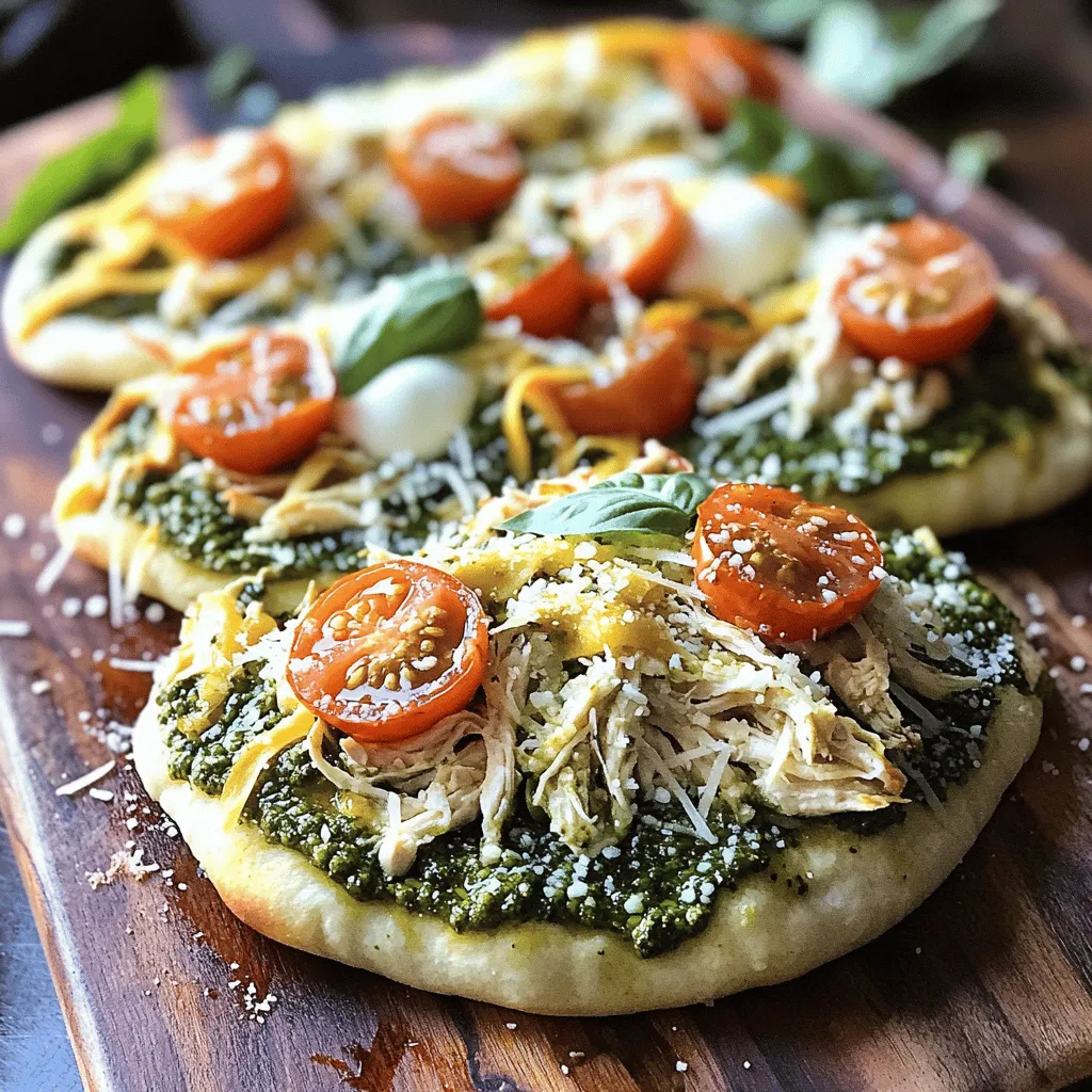 - 2 flatbreads - 1 cup cooked chicken breast, shredded - 1/2 cup basil pesto (store-bought or homemade) - 1 cup fresh mozzarella cheese, sliced - 1/2 cup cherry tomatoes, halved - 1/4 cup grated Parmesan cheese - 1 tablespoon olive oil - 1/4 teaspoon red pepper flakes (optional) - Salt and pepper to taste - Fresh basil leaves, for garnish For this Pesto Chicken Flatbread, I love using fresh ingredients. They make a big difference in taste. The flatbreads serve as a perfect base, giving a nice crunch. I use cooked chicken breast to save time. You can shred it at home or grab a rotisserie chicken. Basil pesto adds a burst of flavor. You can buy it or make your own. Fresh mozzarella cheese melts beautifully on top. Cherry tomatoes add a nice pop of color and freshness. Grated Parmesan brings a rich, savory taste. Olive oil helps everything come together and adds flavor. - Other types of pesto - Additional vegetables like spinach or bell peppers Feel free to play around with the ingredients. Different types of pesto can change the whole dish. Spinach and bell peppers add more colors and nutrients. - Calories: 450 - Protein: 30g - Carbohydrates: 35g - Fats: 20g This meal is not only tasty but also balanced. Each serving gives you a good amount of protein. It’s a great choice for a quick lunch or dinner. For the full recipe, check the details above! - Preheat oven to 400°F (200°C). - Prepare baking sheet with parchment paper. Getting the oven hot helps the flatbreads get crispy. Parchment paper keeps them from sticking. - Lightly brush flatbreads with olive oil. - Spread basil pesto evenly. - Layer shredded chicken, mozzarella, and tomatoes. Brushing olive oil on the flatbreads helps them brown. Use a spoon to spread the pesto. Make sure to cover all edges. Then, add the chicken, mozzarella, and tomatoes. This makes a tasty mix! - Sprinkle with Parmesan and seasonings. - Bake for 12-15 minutes. - Allow to cool and garnish before serving. Parmesan adds a nice salty touch. Bake until the cheese melts and the edges are golden. After baking, let them cool a bit. Add fresh basil for a pop of color and flavor. Enjoy this easy meal with friends or family! For the full recipe, check out the details above. To get a crispy flatbread, start by preheating your oven to 400°F (200°C). Brush the flatbreads with olive oil. This helps them turn golden and crunchy. Avoid using too much oil; just a light coat is enough. When layering your ingredients, spread the basil pesto evenly across the flatbread. Leave a small border around the edges to prevent spills. Distribute the chicken, mozzarella, and tomatoes evenly. This way, every bite is full of flavor. For sides, a simple green salad works well. You can also serve fresh veggies or chips. Pair your flatbread with a light drink. A crisp white wine or sparkling water can enhance the meal's flavors. If you prefer something warm, try a cup of soup. This combo makes for a delightful meal. One common mistake is overcrowding toppings. Too many toppings can make the flatbread soggy. Keep it simple to let each ingredient shine. Another mistake is not preheating the oven. A hot oven ensures even cooking and a crispy finish. Always check that your oven is heated before placing the flatbreads inside. {{image_2}} You can switch things up by using grilled vegetables instead of chicken. Zucchini, bell peppers, or eggplant work well. This adds a nice, smoky flavor. Explore different types of pesto for unique tastes. Sun-dried tomato pesto adds a rich, tangy kick. You might find it makes your flatbread taste even better. If you need gluten-free options, look for gluten-free flatbreads. Many stores sell them now. You can also make your own with almond flour or coconut flour. For vegetarian options, just skip the chicken. Add more veggies or some chickpeas for protein. This keeps the meal filling and nutritious. Try a Mediterranean style by adding olives and feta cheese. These ingredients bring a salty flavor that pairs nicely with pesto. For a Mexican twist, use chipotle sauce and jalapeños. This gives your flatbread a spicy and smoky flavor. It’s a fun way to switch up the dish! You can follow the full recipe for detailed steps and ingredient amounts. To keep your Pesto Chicken Flatbread fresh, wrap it in foil or place it in an airtight container. This helps prevent moisture loss. Store it in the fridge for up to three days. For the best taste, eat it within two days. To reheat your flatbread, use an oven or toaster oven. This method helps keep the flatbread crisp. Heat it at 350°F (175°C) for about 10 minutes. Avoid using a microwave, as it makes the flatbread soggy. Yes, you can freeze Pesto Chicken Flatbread! To do this, wrap each flatbread tightly in plastic wrap. Then place them in a freezer bag. You can freeze them for up to three months. When ready to eat, thaw in the fridge overnight and reheat in the oven. Enjoy your meal! You can make pesto with just a few simple ingredients. Here’s a basic recipe for basil pesto: - 2 cups fresh basil leaves - 1/2 cup olive oil - 1/4 cup pine nuts - 1/2 cup grated Parmesan cheese - 2 garlic cloves - Salt to taste 1. Blend the basil, pine nuts, and garlic in a food processor. 2. Slowly add the olive oil while blending. 3. Mix in the Parmesan and salt until smooth. This method gives you fresh, flavorful pesto for your flatbread! Yes, using rotisserie chicken is a great choice! It saves time and adds great flavor. The chicken is already cooked and seasoned. You can shred it and place it right on your flatbread. This makes your meal quick and easy. If you don’t have flatbread, don’t worry! You can use other bases like: - Pita bread - Tortillas - Naan bread - English muffins These options work well and let you enjoy the same great flavors. You will know the flatbreads are done when the cheese is melted and bubbly. The edges should be crispy and lightly golden. Keep an eye on them during baking to avoid burning. Enjoy that perfect crispy texture! This blog post covered a tasty Pesto Chicken Flatbread. You learned about the ingredients, steps, tips, and variations. The flatbread is simple to make and allows for many personal touches. Experiment with different flavors and enjoy a quick meal that is satisfying and delicious. Remember to store, reheat, and freeze wisely for future enjoyment. Dive into this dish, and you’ll create something tasty everyone will love. Make it your own!