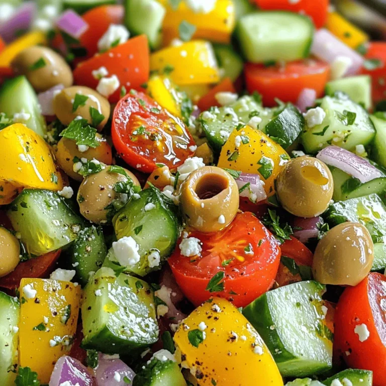 - Fresh vegetables: cucumbers, tomatoes, red bell pepper, red onion - Kalamata olives - Optional: feta cheese - Dressing components: olive oil, red wine vinegar, oregano, salt, pepper - Garnish: fresh parsley In this healthy Greek salad, fresh vegetables shine. Start with two large cucumbers, diced into bite-sized pieces. Add three medium tomatoes, also diced. A red bell pepper adds sweetness and crunch. Slice one red onion thinly for flavor. Next, include one cup of Kalamata olives, pitted and halved. They add a salty touch. If you like cheese, you can add one-third cup of crumbled feta. This gives a creamy taste. For the dressing, use one-fourth cup of extra virgin olive oil. This oil is rich and flavorful. Combine it with two tablespoons of red wine vinegar. It adds a tangy kick. Include one teaspoon of dried oregano for an earthy note. Season with salt and pepper to taste. Finally, garnish your salad with one-fourth cup of fresh parsley, chopped. This adds a bright pop of color and freshness. These simple ingredients create a fresh and vibrant dish. For the full recipe, you can check out the detailed instructions. Enjoy making this healthy Greek salad! To start, gather your fresh veggies. Dice 2 large cucumbers into small pieces. Then, take 3 medium tomatoes and dice those as well. Next, grab 1 red bell pepper and dice it too. Make sure all the pieces are even for a nice look. Place these veggies into a big mixing bowl. Now, let’s slice the red onion. Use 1 red onion and cut it thinly. This helps the onion mix well with the other flavors. Aim for uniform slices to keep the taste even. Add the sliced onion to the bowl with the other vegetables. Time to bring everything together! Add 1 cup of Kalamata olives, pitted and halved, to the bowl. These olives add a lovely briny flavor. Next, let’s make the dressing. In a small bowl, whisk together 1/4 cup of extra virgin olive oil and 2 tablespoons of red wine vinegar. You can use apple cider vinegar for a twist. Add 1 teaspoon of dried oregano to the dressing. Season with salt and pepper to your taste. Once mixed, pour this dressing over the salad. Toss gently to coat all the veggies and olives evenly. If you like, you can add feta cheese for extra flavor. Use 1/3 cup of crumbled feta cheese and sprinkle it over the salad. Give it a light toss to mix. Finally, add a pop of color with fresh parsley. Chop 1/4 cup of parsley and sprinkle it on top. This makes your salad look fresh and bright. For the full recipe, check out the Mediterranean Bliss Greek Salad. To make a great Greek salad, fresh veggies are key. Choose firm cucumbers, ripe tomatoes, and colorful bell peppers. Look for bright colors and no bruises. Check for freshness by gently pressing the skin. For storage, keep veggies in the fridge in a crisper drawer. Use a paper towel to absorb moisture. This helps them stay crisp and fresh longer. The classic dressing is a mix of olive oil and vinegar. You can switch it up! Try lemon juice for a zesty twist. For a creamy option, blend in some yogurt. To make it vegan, skip the feta. Instead, use avocado or a sprinkle of nutritional yeast for a cheesy taste. This keeps the salad tasty and plant-based. Greek salad pairs well with proteins. Grilled chicken or chickpeas work great. They add extra flavor and make the meal filling. Serve it alongside whole grain pita bread or rice. These sides complement the salad nicely. You can also enjoy it on a hot day as a light lunch or dinner. {{image_2}} This Healthy Greek Salad is packed with nutrients. It features fresh vegetables like cucumbers, tomatoes, and peppers. Each serves up vitamins and minerals that support health. Cucumbers provide hydration, while tomatoes add antioxidants. Red bell peppers are rich in vitamin C, which boosts the immune system. Kalamata olives offer healthy fats, mainly monounsaturated fats. These fats can help reduce bad cholesterol. The extra virgin olive oil adds even more healthy fats. It's a great source of omega-3 fatty acids. Fiber from vegetables aids digestion and keeps you full longer. Each serving of this salad has about 200 calories. This can vary based on the amount of feta cheese and olives you use. Portion control is key to enjoying this meal without overindulging. If you're watching your weight, balance your portion with other meals. This salad is not only light but also satisfying. You can feel good about enjoying it often. For the full recipe, check the Mediterranean Bliss Greek Salad section. You can easily boost your Greek salad by adding proteins. Grilled chicken works well. It adds great flavor and keeps you full. If you prefer plant-based options, try tofu. Just grill or sauté it lightly. To make the salad heartier, consider adding legumes. Chickpeas or black beans fit perfectly. They add texture and protein, making the dish more satisfying. This salad is quite flexible for different diets. If you need a gluten-free option, you’re in luck! All the ingredients are naturally gluten-free. Just make sure any added items, like dressings, are also gluten-free. For those on a low-carb diet, skip the tomatoes or olives. You can add more cucumbers instead to keep it refreshing without the carbs. Using seasonal vegetables makes your Greek salad even fresher. In summer, use ripe tomatoes and crunchy cucumbers. In winter, swap in hearty vegetables like bell peppers or radishes. You can also add roasted veggies for a warm twist. Each season brings new flavors, so feel free to get creative! To make a Healthy Greek Salad, follow these steps: - Dice 2 large cucumbers. - Dice 3 medium tomatoes. - Dice 1 red bell pepper. - Halve 1 cup of Kalamata olives. - Thinly slice 1 red onion. Mix all these ingredients in a large bowl. Then, in another bowl, whisk together: - 1/4 cup extra virgin olive oil. - 2 tablespoons red wine vinegar. - 1 teaspoon dried oregano. - Salt and pepper to taste. Pour the dressing over the salad and toss it gently. If you want, add 1/3 cup of crumbled feta cheese. Top with fresh parsley. Enjoy your Mediterranean Bliss Greek Salad. Yes, a Greek Salad is great for weight loss. It is low in calories and high in nutrients. The fresh veggies are filling and provide fiber. This helps you feel full without many calories. You can enjoy it as a side or a main dish. Absolutely! You can prep the salad ahead of time. Chop your veggies and store them in the fridge. Keep the dressing separate until you are ready to eat. This keeps the salad fresh and crunchy. You can mix it all together just before serving. This Greek Salad is healthy due to its fresh ingredients. Cucumbers and tomatoes are low in calories and rich in vitamins. Olives provide healthy fats, which are good for your heart. Feta cheese, if used, adds protein and calcium. Overall, this salad is a nutritious choice. Yes, you can easily customize this Greek Salad. If you don’t like feta, skip it or use a vegan option. Add proteins like grilled chicken or chickpeas for more nutrition. You can also swap out veggies based on what you like or have on hand. This makes the salad your own. You now know how to make a healthy Greek salad. We covered the fresh ingredients, preparation steps, and tips for keeping everything crisp. You learned how to mix in various proteins and adjust the salad to fit your diet. Remember, using seasonal veggies makes your dish taste even better. Customizing the salad allows you to suit your tastes while enjoying its benefits. Try this recipe to boost your meals with flavor and nutrition. Embrace the simple steps for a delicious, healthy dish. Happy cooking!