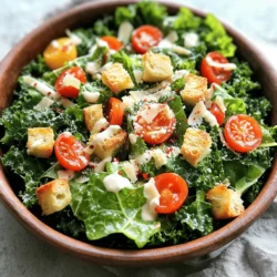 For a tasty Kale Caesar Salad, you need fresh ingredients. Here’s a list: - 1 bunch kale, stems removed and leaves chopped - 1 cup croutons (homemade or store-bought) - 1/2 cup cherry tomatoes, halved - 1/4 cup grated Parmesan cheese Always pick kale that looks bright and crisp. Fresh tomatoes add color and sweetness. You can even make croutons at home for extra flavor. Next, gather key pantry staples. These ingredients help create the creamy dressing. You will need: - 1/4 cup Greek yogurt - 2 tablespoons lemon juice - 1 tablespoon Dijon mustard - 1 clove garlic, minced - 1 tablespoon olive oil - Salt and pepper to taste These staples blend well, giving your salad a rich taste. Greek yogurt makes the dressing creamy without heavy calories. Lemon juice adds zing and freshness. Want to make your salad even better? Consider these optional add-ins: - 1/4 teaspoon red pepper flakes for heat Feel free to customize! Adding protein like grilled chicken or chickpeas can turn this salad into a meal. Enjoy experimenting with flavors! For the full recipe, check out the details shared earlier. First, grab a large bowl. Take one bunch of kale and remove the tough stems. Chop the leaves into bite-sized pieces. Add a pinch of salt to the kale. Now, massage the kale with your hands for about 2-3 minutes. This step softens the leaves and makes them tastier. You want to see the kale wilt slightly. In a small bowl, combine the following ingredients: - 1/4 cup Greek yogurt - 2 tablespoons lemon juice - 1 tablespoon Dijon mustard - 1 clove garlic, minced - 1 tablespoon olive oil - Salt and pepper to taste - Optional: 1/4 teaspoon red pepper flakes for heat Whisk these together until smooth. Taste it! If you want more heat, add red pepper flakes. This dressing adds creaminess and flavor. Pour the dressing over the massaged kale. Toss it well so every piece gets coated. Next, add in the croutons and halved cherry tomatoes. Gently mix them in to keep the croutons crispy. Serve your salad right away for the best crunch. You can also let it chill for 10 minutes to blend the flavors. For a nice touch, sprinkle 1/4 cup of grated Parmesan cheese on top. If you like, add extra Parmesan and a lemon wedge for a pretty look. Enjoy your fresh, flavorful Kale Caesar Salad! Check out the Full Recipe for more details. To massage kale correctly, start with fresh leaves. Remove the stems and chop the leaves. Place the chopped kale in a bowl. Add a pinch of salt. With clean hands, gently squeeze and rub the leaves for 2-3 minutes. This breaks down the tough fibers. The kale will turn bright green and feel softer. Massaging makes it taste better and easier to chew. For the best flavor, use fresh ingredients. Choose ripe cherry tomatoes for sweetness. Grate fresh Parmesan for a richer taste. The dressing should be creamy but not heavy. Mix Greek yogurt with lemon juice and garlic for a bright flavor. Taste as you go. Adjust salt and pepper to your liking. If you like heat, add red pepper flakes. This adds a nice kick. One common mistake is not massaging the kale. This can lead to tough, chewy leaves. Another mistake is using old or wilted ingredients. Always check your produce for freshness. Avoid over-dressing the salad. Too much dressing can make it soggy. Lastly, don’t skip the croutons. They add crunch and texture, making your Kale Caesar Salad a delight. For the complete experience, check the Full Recipe. {{image_2}} You can make your Kale Caesar Salad more filling by adding protein. Grilled chicken is a great choice. It adds flavor and keeps you full. Simply grill chicken breasts, slice them, and place them on top. Chickpeas are another option. They add a nice crunch and a boost of fiber. Just rinse canned chickpeas and toss them in. Both options make the salad heartier. While the classic dressing is tasty, you can switch it up. Try using tahini for a nutty flavor. Mix it with lemon juice and garlic for a creamy base. Another idea is to use a balsamic vinaigrette. This adds a tangy taste that pairs well with kale. You can also experiment with a spicy sriracha dressing for a kick. These alternatives keep the salad fresh and exciting. Seasonality can change your Kale Caesar Salad. In summer, add fresh fruits like berries or peaches. They bring sweetness and a burst of color. In fall, consider roasted squash or apples for warmth. These ingredients blend well with kale's texture. Winter brings a chance to add pomegranate seeds for a pop of color and crunch. Using seasonal produce makes the salad lively and fun. For the complete experience, check out the Full Recipe. To store leftover Kale Caesar Salad, place it in an airtight container. The container should be clean and dry. Keep the salad in the fridge for up to three days. If you can, store the dressing separately. This helps keep the salad fresh and crunchy. For the best taste, buy fresh ingredients. Store kale in a dry, cool place. Wrap it in a damp paper towel and place it in a plastic bag. This helps it stay fresh longer. Keep croutons in a sealed bag to avoid sogginess. Store Parmesan cheese in the fridge, wrapped tightly to prevent drying out. If your stored salad looks a bit sad, don’t worry! Add a splash of lemon juice or olive oil to bring it back to life. Toss it gently to mix. You can also add fresh croutons or extra cherry tomatoes for a crunchy boost. This makes your salad feel fresh again. For the complete recipe, check out the Full Recipe section. Kale is a superfood packed with vitamins. It has vitamin K, which helps with blood health. Kale also has vitamin A, great for vision. Plus, it provides vitamin C, which boosts your immune system. Eating kale can help lower cholesterol and improve heart health. It is high in fiber, which aids digestion. You get all these benefits when you add kale to your salads. Yes, you can! Prepare the kale and dressing a day before. Massage the kale and store it in the fridge. Keep the dressing in a separate container. When you're ready to eat, mix them with croutons and tomatoes. This keeps the salad fresh and crunchy. However, avoid adding croutons too early. They can get soggy if left too long. To make a vegan Kale Caesar Salad, swap the Greek yogurt for a plant-based yogurt. Use nutritional yeast instead of Parmesan cheese for a cheesy flavor. You can also add tahini for creaminess. The dressing can be made with lemon juice, garlic, and a splash of plant milk. This way, you still enjoy a tasty salad without any animal products. Check the Full Recipe for more ideas! Kale Caesar salad is a tasty option packed with fresh flavors. We covered ingredients, step-by-step prep, and helpful tips. Adding your favorite protein or dressing can make each salad exciting. Remember to store leftovers properly to maintain freshness. I encourage you to try different variations and enjoy the health benefits of kale. With these ideas, you can create a delicious, healthy meal anytime.