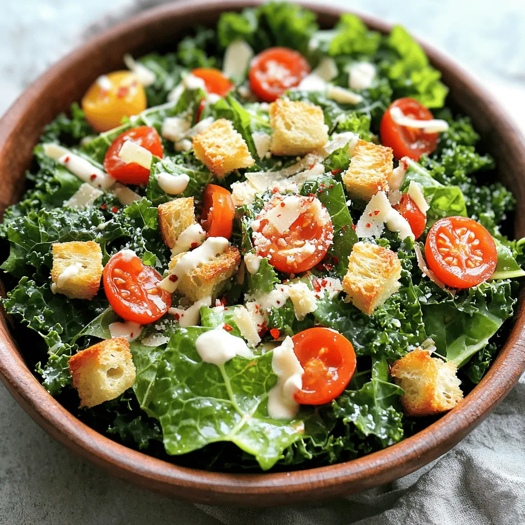 For a tasty Kale Caesar Salad, you need fresh ingredients. Here’s a list: - 1 bunch kale, stems removed and leaves chopped - 1 cup croutons (homemade or store-bought) - 1/2 cup cherry tomatoes, halved - 1/4 cup grated Parmesan cheese Always pick kale that looks bright and crisp. Fresh tomatoes add color and sweetness. You can even make croutons at home for extra flavor. Next, gather key pantry staples. These ingredients help create the creamy dressing. You will need: - 1/4 cup Greek yogurt - 2 tablespoons lemon juice - 1 tablespoon Dijon mustard - 1 clove garlic, minced - 1 tablespoon olive oil - Salt and pepper to taste These staples blend well, giving your salad a rich taste. Greek yogurt makes the dressing creamy without heavy calories. Lemon juice adds zing and freshness. Want to make your salad even better? Consider these optional add-ins: - 1/4 teaspoon red pepper flakes for heat Feel free to customize! Adding protein like grilled chicken or chickpeas can turn this salad into a meal. Enjoy experimenting with flavors! For the full recipe, check out the details shared earlier. First, grab a large bowl. Take one bunch of kale and remove the tough stems. Chop the leaves into bite-sized pieces. Add a pinch of salt to the kale. Now, massage the kale with your hands for about 2-3 minutes. This step softens the leaves and makes them tastier. You want to see the kale wilt slightly. In a small bowl, combine the following ingredients: - 1/4 cup Greek yogurt - 2 tablespoons lemon juice - 1 tablespoon Dijon mustard - 1 clove garlic, minced - 1 tablespoon olive oil - Salt and pepper to taste - Optional: 1/4 teaspoon red pepper flakes for heat Whisk these together until smooth. Taste it! If you want more heat, add red pepper flakes. This dressing adds creaminess and flavor. Pour the dressing over the massaged kale. Toss it well so every piece gets coated. Next, add in the croutons and halved cherry tomatoes. Gently mix them in to keep the croutons crispy. Serve your salad right away for the best crunch. You can also let it chill for 10 minutes to blend the flavors. For a nice touch, sprinkle 1/4 cup of grated Parmesan cheese on top. If you like, add extra Parmesan and a lemon wedge for a pretty look. Enjoy your fresh, flavorful Kale Caesar Salad! Check out the Full Recipe for more details. To massage kale correctly, start with fresh leaves. Remove the stems and chop the leaves. Place the chopped kale in a bowl. Add a pinch of salt. With clean hands, gently squeeze and rub the leaves for 2-3 minutes. This breaks down the tough fibers. The kale will turn bright green and feel softer. Massaging makes it taste better and easier to chew. For the best flavor, use fresh ingredients. Choose ripe cherry tomatoes for sweetness. Grate fresh Parmesan for a richer taste. The dressing should be creamy but not heavy. Mix Greek yogurt with lemon juice and garlic for a bright flavor. Taste as you go. Adjust salt and pepper to your liking. If you like heat, add red pepper flakes. This adds a nice kick. One common mistake is not massaging the kale. This can lead to tough, chewy leaves. Another mistake is using old or wilted ingredients. Always check your produce for freshness. Avoid over-dressing the salad. Too much dressing can make it soggy. Lastly, don’t skip the croutons. They add crunch and texture, making your Kale Caesar Salad a delight. For the complete experience, check the Full Recipe. {{image_2}} You can make your Kale Caesar Salad more filling by adding protein. Grilled chicken is a great choice. It adds flavor and keeps you full. Simply grill chicken breasts, slice them, and place them on top. Chickpeas are another option. They add a nice crunch and a boost of fiber. Just rinse canned chickpeas and toss them in. Both options make the salad heartier. While the classic dressing is tasty, you can switch it up. Try using tahini for a nutty flavor. Mix it with lemon juice and garlic for a creamy base. Another idea is to use a balsamic vinaigrette. This adds a tangy taste that pairs well with kale. You can also experiment with a spicy sriracha dressing for a kick. These alternatives keep the salad fresh and exciting. Seasonality can change your Kale Caesar Salad. In summer, add fresh fruits like berries or peaches. They bring sweetness and a burst of color. In fall, consider roasted squash or apples for warmth. These ingredients blend well with kale's texture. Winter brings a chance to add pomegranate seeds for a pop of color and crunch. Using seasonal produce makes the salad lively and fun. For the complete experience, check out the Full Recipe. To store leftover Kale Caesar Salad, place it in an airtight container. The container should be clean and dry. Keep the salad in the fridge for up to three days. If you can, store the dressing separately. This helps keep the salad fresh and crunchy. For the best taste, buy fresh ingredients. Store kale in a dry, cool place. Wrap it in a damp paper towel and place it in a plastic bag. This helps it stay fresh longer. Keep croutons in a sealed bag to avoid sogginess. Store Parmesan cheese in the fridge, wrapped tightly to prevent drying out. If your stored salad looks a bit sad, don’t worry! Add a splash of lemon juice or olive oil to bring it back to life. Toss it gently to mix. You can also add fresh croutons or extra cherry tomatoes for a crunchy boost. This makes your salad feel fresh again. For the complete recipe, check out the Full Recipe section. Kale is a superfood packed with vitamins. It has vitamin K, which helps with blood health. Kale also has vitamin A, great for vision. Plus, it provides vitamin C, which boosts your immune system. Eating kale can help lower cholesterol and improve heart health. It is high in fiber, which aids digestion. You get all these benefits when you add kale to your salads. Yes, you can! Prepare the kale and dressing a day before. Massage the kale and store it in the fridge. Keep the dressing in a separate container. When you're ready to eat, mix them with croutons and tomatoes. This keeps the salad fresh and crunchy. However, avoid adding croutons too early. They can get soggy if left too long. To make a vegan Kale Caesar Salad, swap the Greek yogurt for a plant-based yogurt. Use nutritional yeast instead of Parmesan cheese for a cheesy flavor. You can also add tahini for creaminess. The dressing can be made with lemon juice, garlic, and a splash of plant milk. This way, you still enjoy a tasty salad without any animal products. Check the Full Recipe for more ideas! Kale Caesar salad is a tasty option packed with fresh flavors. We covered ingredients, step-by-step prep, and helpful tips. Adding your favorite protein or dressing can make each salad exciting. Remember to store leftovers properly to maintain freshness. I encourage you to try different variations and enjoy the health benefits of kale. With these ideas, you can create a delicious, healthy meal anytime.
