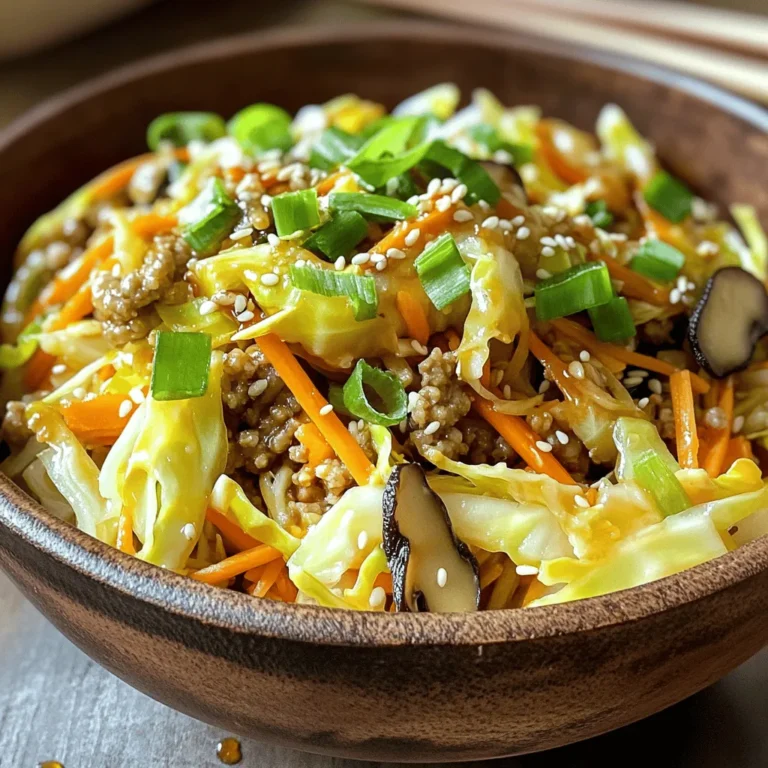 To make a hearty Egg Roll in a Bowl, you will need: - Ground meat options (chicken, turkey, or pork) - Vegetables (cabbage, carrots, shiitake mushrooms) - Seasonings and sauces (soy sauce, rice vinegar, sriracha) These ingredients bring the dish to life. The ground meat gives it protein. The vegetables add crunch and color. The sauces tie everything together with flavor. If you need gluten-free options, use tamari instead of soy sauce. For a dairy-free option, this recipe is naturally dairy-free. You can enjoy it without any dairy ingredients. To prepare this meal, you will need: - A skillet or wok - A spatula - Measuring cups and spoons These tools help you cook the dish with ease. A skillet or wok allows for even cooking, while a spatula makes stirring simple. Measuring cups ensure you use the right amounts of ingredients. For the full recipe, check out the detailed instructions provided. 1. Start by prepping your vegetables and meat. You want to have everything ready for easy cooking. 2. Use a sharp knife to chop the shiitake mushrooms and slice the green onions. Keep the white and green parts separate. 3. Take your ground chicken or turkey and measure out one pound. This will be the star of the dish. 4. Next, measure out the sauces. You’ll need one tablespoon of soy sauce and one tablespoon of rice vinegar. If you like spice, grab a teaspoon of sriracha too. 1. Heat a large skillet over medium heat, adding one tablespoon of sesame oil. This adds a nice flavor. 2. Once the oil is hot, add the ground meat. Use a spatula to break it apart, cooking for about 5-7 minutes until it’s browned. 3. When the meat is cooked, stir in the minced garlic and grated ginger. Cook this for about one minute until it smells great. 4. Now, add the coleslaw mix and shiitake mushrooms. Stir well and sauté for about 5 minutes until the veggies are tender. 1. Mix in the white parts of the green onions, the soy sauce, rice vinegar, and sriracha if you like it spicy. Season with salt and pepper to taste. 2. Cook for another 2-3 minutes until everything is hot and combined well. 3. Remove from heat. Garnish with the green tops of the green onions and sprinkle sesame seeds on top before serving. For the full recipe, check the details provided earlier. Enjoy your flavorful and hearty meal! To ensure your meat cooks through, use a food thermometer. Ground chicken or turkey should reach 165°F. Break the meat apart with a spatula as it cooks. This helps it brown and cook evenly. To avoid overcooking vegetables, add them after the meat is browned. Stir-fry the coleslaw mix and mushrooms for about five minutes. This keeps them crisp and fresh. You can spice up your Egg Roll in a Bowl with extra seasonings. Try adding garlic powder or crushed red pepper for heat. A dash of sesame oil can boost the flavor, too. Balancing flavors is key. If your dish is too salty, add a splash of rice vinegar. This adds tang and brightens up the taste. Egg Roll in a Bowl pairs well with rice or quinoa for a heartier meal. You can also serve it with lettuce wraps for a fun twist. For presentation, use a large bowl and layer the dish. Top it with green onions and sesame seeds. This makes the meal look vibrant and inviting. For the full recipe, check out the ingredients and instructions above. {{image_2}} You can easily change the protein in this dish. For a vegetarian option, try using tofu or tempeh. Both options soak up flavors well. You can also use a mix of mushrooms for a hearty texture. If you prefer meat, you can switch to pork or beef. Ground turkey works great too. Each choice brings a unique taste and feel to the meal. Adding new flavors can transform Egg Roll in a Bowl. For sweet and spicy variations, mix in pineapple chunks or a sweet chili sauce. This adds a fun twist! You can also explore different sauce combinations. Try using hoisin sauce or peanut sauce for a different flair. Each sauce can create a new experience in every bite. For those watching carbs, you can make this dish even healthier. Using cauliflower rice instead of regular rice lowers the carb count. It also adds a nice crunch. You can mix in other veggies like zucchini or bell peppers. This keeps the dish light and fresh. Enjoy these variations to make it fit your diet needs. For the Full Recipe, check the main article. To keep your Egg Roll in a Bowl fresh, place it in an airtight container. This helps to lock in flavor and moisture. Store it in the fridge right after it cools. I recommend using it within three days for the best taste and texture. You can freeze Egg Roll in a Bowl for later enjoyment. First, let it cool completely. Then, scoop it into a freezer-safe container. Make sure to leave some space at the top for expansion. It can last in the freezer for up to three months. To enjoy it again, thaw it overnight in the fridge. When you’re ready to eat, reheat it in a skillet over medium heat until hot. Stir occasionally to ensure even heating. You can also microwave it, but I find the stovetop keeps it tastier. Egg Roll in a Bowl is a fun twist on traditional egg rolls. It has all the good stuff without the wrapper. You get a mix of ground meat, fresh veggies, and tasty sauces in one bowl. This dish is quick to make and packed with flavor. It’s a hearty meal that feels comforting and satisfying. Yes, you can make this dish ahead of time! Prepare the Egg Roll in a Bowl and store it in the fridge. It stays fresh for up to three days. Just heat it up when you are ready to eat. This makes it perfect for meal prep or busy days. You can add your favorite ingredients to make it unique. Try adding bell peppers, snap peas, or even pineapple for a sweet twist. You can also swap the meat for tofu or a different protein. Experiment with spices or sauces to find your perfect mix. Egg Roll in a Bowl pairs well with many sides. Consider serving it with steamed rice or cauliflower rice for a low-carb option. You can also add a side of edamame or a simple salad. For extra crunch, top it with crispy wonton strips or serve it with soy sauce on the side. For the full recipe, check out the detailed cooking instructions. Egg Roll in a Bowl is a simple, tasty dish. We covered the best ingredients, cooking tools, and step-by-step instructions. You can customize it to fit your diet, like low-carb or vegetarian options. With tips for perfect cooking and storage info for leftovers, you can enjoy this meal any time. Try it out and make it your own! Enjoy the process and share this fun dish with friends.