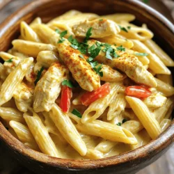 To make Creamy Cajun Chicken Pasta, you need the following ingredients: - 2 boneless, skinless chicken breasts, diced - 8 oz penne pasta - 1 tablespoon Cajun seasoning - 2 tablespoons olive oil - 1 medium onion, chopped - 3 cloves garlic, minced - 1 red bell pepper, sliced - 1 cup heavy cream - 1 cup chicken broth - 1 cup grated Parmesan cheese - Salt and pepper to taste - Fresh parsley, chopped (for garnish) You can swap some ingredients if needed. For the chicken, use shrimp or sausage for a twist. If you lack penne, any pasta shape works great. Instead of heavy cream, use half-and-half or a dairy-free cream. You can also replace Cajun seasoning with Italian herbs for a milder flavor. Using fresh ingredients makes a big difference in taste. Fresh chicken gives you a juicy texture. Fresh vegetables add crunch and color. Fresh herbs, like parsley, brighten the dish. When you use fresh items, your meal will taste better and look more appealing. Always pick the best quality for the best results. If you want the complete recipe, check the Full Recipe section. First, cook the penne pasta. Boil water in a big pot. Add a pinch of salt for flavor. Toss in the pasta and cook until al dente, which means firm but not hard. This usually takes about 8-10 minutes. Drain the pasta in a colander and set it aside. Make sure to save some pasta water in case you need it later. Next, let’s prepare the chicken. Take two boneless, skinless chicken breasts and dice them into bite-sized pieces. Heat two tablespoons of olive oil in a large skillet over medium-high heat. Add the diced chicken to the skillet. Season it with one tablespoon of Cajun seasoning, salt, and pepper. Sauté the chicken for about 5-7 minutes. You want it to be golden brown and fully cooked. Once done, remove the chicken from the skillet and keep it warm on a plate. Now, it’s time to make the creamy sauce. In the same skillet, add one chopped medium onion and three minced garlic cloves. Sauté them for 2-3 minutes until the onion is clear. Then, add one sliced red bell pepper and cook for another 3-4 minutes until it softens. Pour in one cup of heavy cream and one cup of chicken broth. Bring this mix to a gentle simmer. Lower the heat and stir in one cup of grated Parmesan cheese. Mix until the cheese melts and the sauce is creamy. Add the cooked chicken and drained penne pasta to the skillet. Toss everything together until the pasta is well coated. Taste the dish and adjust the seasoning if you need to. Serve it hot, and don’t forget to garnish it with fresh parsley. Enjoy your meal! For the complete recipe, check out the Full Recipe section. To get a creamy sauce, use heavy cream. This gives a rich texture. If the sauce is too thick, add chicken broth. If it's too thin, let it simmer a bit longer. Always stir while it simmers. This helps blend the flavors together well. You can add more depth with spices. Try smoked paprika for a smoky flavor. Fresh herbs like thyme or oregano can brighten the dish. A pinch of cayenne adds heat. For a tangy kick, a squeeze of lemon juice works wonders. Taste as you go and adjust to your liking. A large skillet is key for this dish. It helps cook everything evenly. A good cutting board and knife make prep easier. Use a pasta pot with a strainer for cooking the penne. A wooden spoon helps mix the sauce without scratching your skillet. For the best results, have measuring cups and spoons handy. For the full recipe, check out the details above. {{image_2}} You can brighten up your creamy Cajun chicken pasta with fresh veggies. Try adding spinach, zucchini, or cherry tomatoes. These add color and extra nutrients. Just sauté them with the onion and garlic. This step keeps the vegetables crunchy and tasty. Mix them in right before you add the cream for a fresh bite. If you want to change the protein, shrimp or sausage works great. Shrimp cooks quickly and adds a nice flavor. Simply sauté shrimp until pink, then set aside. For sausage, slice it and cook it until browned. Then, follow the same steps as the chicken. Each protein brings a new twist to the dish. To turn up the heat, add more Cajun seasoning or a dash of hot sauce. You can also mix in diced jalapeños or crushed red pepper flakes. Start with a little, then taste as you go. This way, you can control the spice level. Spicy flavors can make this dish even more exciting. To store leftovers of your creamy Cajun chicken pasta, let it cool first. Place it in an airtight container. Make sure to cover it well to keep it fresh. You can keep it in the fridge for up to three days. When you’re ready to enjoy your leftovers, reheat them gently. You can use a skillet over low heat. Add a splash of chicken broth or cream to keep it moist. Stir often until it is heated through. You can also use the microwave. Heat in short bursts to avoid overcooking. If you want to freeze your creamy Cajun chicken pasta, do it right after cooking. Allow it to cool completely, then place it in a freezer-safe container. It can last up to three months in the freezer. To reheat, let it thaw in the fridge overnight, then use the reheating tips mentioned. Enjoy your meal whenever you crave it! For the full recipe, check out the previous section. You can prepare the pasta and sauce ahead of time. Cook the penne pasta and set it aside. Make the creamy sauce and store it in the fridge. When you are ready to eat, just combine them. Heat everything on the stove until warm. This method saves time during busy nights. Yes, you can use any pasta you like. Fettuccine, rigatoni, or even spaghetti work well. Choose a shape that holds sauce well. Just remember to adjust cooking times according to the package. The flavors will still shine through, no matter the pasta. This dish pairs nicely with a fresh salad. A simple green salad with vinaigrette adds crunch. You can also serve garlic bread on the side. It is great for soaking up any leftover sauce. For a heartier meal, add roasted vegetables. Enjoy your meal with a touch of Cajun flair! For the complete recipe, check out the Full Recipe. In this post, I covered the key elements to create Creamy Cajun Chicken Pasta. We explored essential ingredients, their fresh substitutes, and the importance of each in the dish. I shared step-by-step instructions for cooking pasta, preparing chicken, and making a creamy sauce. Tips for sauce consistency and flavor enhancements are crucial for success. Plus, we discussed delicious variations, storage methods, and answers to common questions. Keep experimenting and enjoy your cooking journey! This dish can become a favorite in your home.