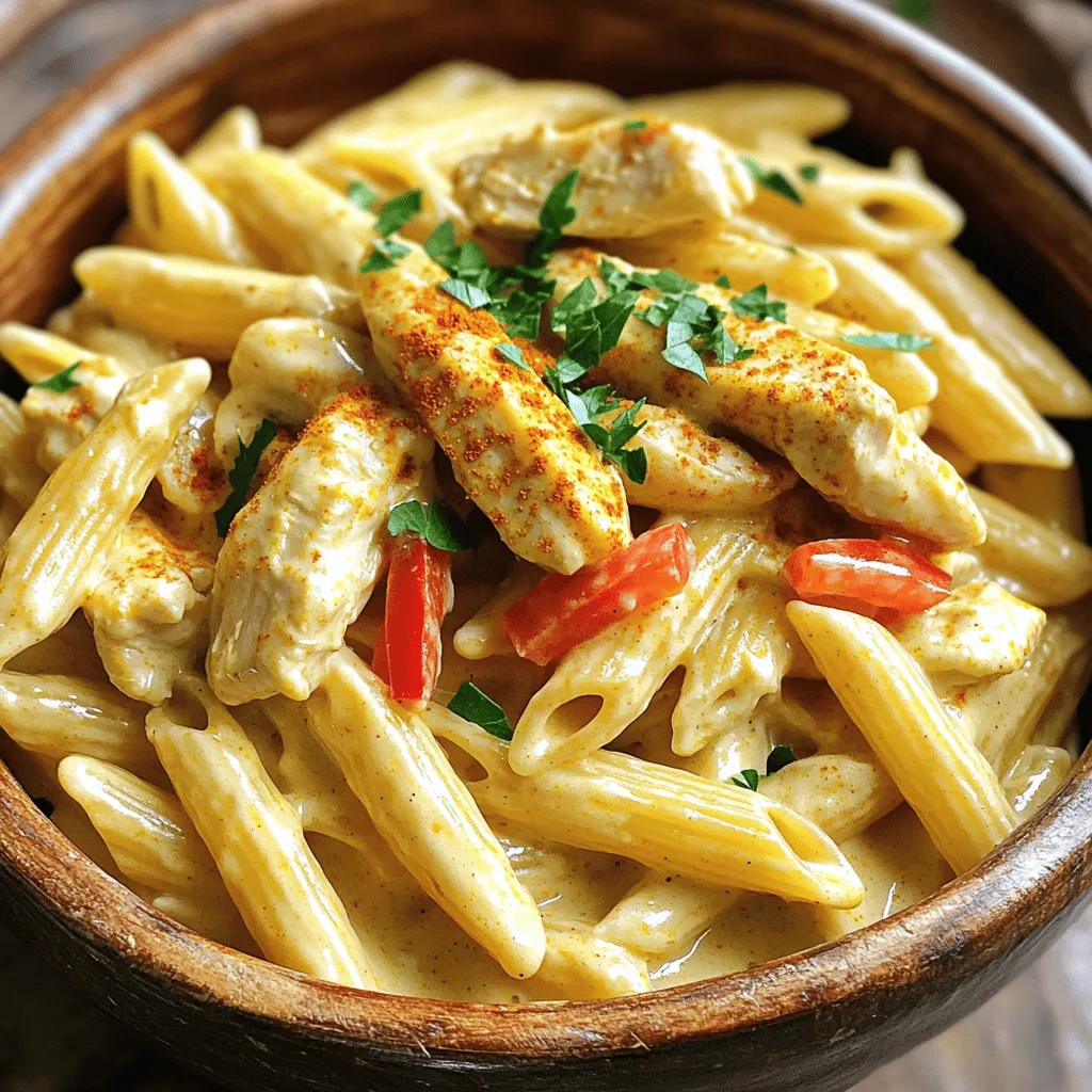 To make Creamy Cajun Chicken Pasta, you need the following ingredients: - 2 boneless, skinless chicken breasts, diced - 8 oz penne pasta - 1 tablespoon Cajun seasoning - 2 tablespoons olive oil - 1 medium onion, chopped - 3 cloves garlic, minced - 1 red bell pepper, sliced - 1 cup heavy cream - 1 cup chicken broth - 1 cup grated Parmesan cheese - Salt and pepper to taste - Fresh parsley, chopped (for garnish) You can swap some ingredients if needed. For the chicken, use shrimp or sausage for a twist. If you lack penne, any pasta shape works great. Instead of heavy cream, use half-and-half or a dairy-free cream. You can also replace Cajun seasoning with Italian herbs for a milder flavor. Using fresh ingredients makes a big difference in taste. Fresh chicken gives you a juicy texture. Fresh vegetables add crunch and color. Fresh herbs, like parsley, brighten the dish. When you use fresh items, your meal will taste better and look more appealing. Always pick the best quality for the best results. If you want the complete recipe, check the Full Recipe section. First, cook the penne pasta. Boil water in a big pot. Add a pinch of salt for flavor. Toss in the pasta and cook until al dente, which means firm but not hard. This usually takes about 8-10 minutes. Drain the pasta in a colander and set it aside. Make sure to save some pasta water in case you need it later. Next, let’s prepare the chicken. Take two boneless, skinless chicken breasts and dice them into bite-sized pieces. Heat two tablespoons of olive oil in a large skillet over medium-high heat. Add the diced chicken to the skillet. Season it with one tablespoon of Cajun seasoning, salt, and pepper. Sauté the chicken for about 5-7 minutes. You want it to be golden brown and fully cooked. Once done, remove the chicken from the skillet and keep it warm on a plate. Now, it’s time to make the creamy sauce. In the same skillet, add one chopped medium onion and three minced garlic cloves. Sauté them for 2-3 minutes until the onion is clear. Then, add one sliced red bell pepper and cook for another 3-4 minutes until it softens. Pour in one cup of heavy cream and one cup of chicken broth. Bring this mix to a gentle simmer. Lower the heat and stir in one cup of grated Parmesan cheese. Mix until the cheese melts and the sauce is creamy. Add the cooked chicken and drained penne pasta to the skillet. Toss everything together until the pasta is well coated. Taste the dish and adjust the seasoning if you need to. Serve it hot, and don’t forget to garnish it with fresh parsley. Enjoy your meal! For the complete recipe, check out the Full Recipe section. To get a creamy sauce, use heavy cream. This gives a rich texture. If the sauce is too thick, add chicken broth. If it's too thin, let it simmer a bit longer. Always stir while it simmers. This helps blend the flavors together well. You can add more depth with spices. Try smoked paprika for a smoky flavor. Fresh herbs like thyme or oregano can brighten the dish. A pinch of cayenne adds heat. For a tangy kick, a squeeze of lemon juice works wonders. Taste as you go and adjust to your liking. A large skillet is key for this dish. It helps cook everything evenly. A good cutting board and knife make prep easier. Use a pasta pot with a strainer for cooking the penne. A wooden spoon helps mix the sauce without scratching your skillet. For the best results, have measuring cups and spoons handy. For the full recipe, check out the details above. {{image_2}} You can brighten up your creamy Cajun chicken pasta with fresh veggies. Try adding spinach, zucchini, or cherry tomatoes. These add color and extra nutrients. Just sauté them with the onion and garlic. This step keeps the vegetables crunchy and tasty. Mix them in right before you add the cream for a fresh bite. If you want to change the protein, shrimp or sausage works great. Shrimp cooks quickly and adds a nice flavor. Simply sauté shrimp until pink, then set aside. For sausage, slice it and cook it until browned. Then, follow the same steps as the chicken. Each protein brings a new twist to the dish. To turn up the heat, add more Cajun seasoning or a dash of hot sauce. You can also mix in diced jalapeños or crushed red pepper flakes. Start with a little, then taste as you go. This way, you can control the spice level. Spicy flavors can make this dish even more exciting. To store leftovers of your creamy Cajun chicken pasta, let it cool first. Place it in an airtight container. Make sure to cover it well to keep it fresh. You can keep it in the fridge for up to three days. When you’re ready to enjoy your leftovers, reheat them gently. You can use a skillet over low heat. Add a splash of chicken broth or cream to keep it moist. Stir often until it is heated through. You can also use the microwave. Heat in short bursts to avoid overcooking. If you want to freeze your creamy Cajun chicken pasta, do it right after cooking. Allow it to cool completely, then place it in a freezer-safe container. It can last up to three months in the freezer. To reheat, let it thaw in the fridge overnight, then use the reheating tips mentioned. Enjoy your meal whenever you crave it! For the full recipe, check out the previous section. You can prepare the pasta and sauce ahead of time. Cook the penne pasta and set it aside. Make the creamy sauce and store it in the fridge. When you are ready to eat, just combine them. Heat everything on the stove until warm. This method saves time during busy nights. Yes, you can use any pasta you like. Fettuccine, rigatoni, or even spaghetti work well. Choose a shape that holds sauce well. Just remember to adjust cooking times according to the package. The flavors will still shine through, no matter the pasta. This dish pairs nicely with a fresh salad. A simple green salad with vinaigrette adds crunch. You can also serve garlic bread on the side. It is great for soaking up any leftover sauce. For a heartier meal, add roasted vegetables. Enjoy your meal with a touch of Cajun flair! For the complete recipe, check out the Full Recipe. In this post, I covered the key elements to create Creamy Cajun Chicken Pasta. We explored essential ingredients, their fresh substitutes, and the importance of each in the dish. I shared step-by-step instructions for cooking pasta, preparing chicken, and making a creamy sauce. Tips for sauce consistency and flavor enhancements are crucial for success. Plus, we discussed delicious variations, storage methods, and answers to common questions. Keep experimenting and enjoy your cooking journey! This dish can become a favorite in your home.