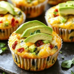 In this section, I will share the ingredients needed for savory breakfast muffins. These muffins are packed with flavor and easy to make. They are perfect for breakfast or a snack. You can find the full recipe at the end of this section. Here’s what you need for the muffins: - 1 ½ cups all-purpose flour - 1 teaspoon baking powder - 1 teaspoon baking soda - ½ teaspoon salt - ½ teaspoon black pepper - 3 large eggs - ¾ cup milk (dairy or non-dairy) - ¼ cup olive oil - 1 cup shredded cheese (cheddar or a mix) - 1 cup cooked spinach (chopped) - ½ cup sun-dried tomatoes (chopped) - ½ cup diced bell pepper (any color) - ¼ cup green onions (sliced) You can customize these muffins with extra ingredients. Here are some options to consider: - Cooked bacon or sausage for added protein - Zucchini or mushrooms for more veggies - Fresh herbs like basil or parsley for extra flavor - Different cheeses like feta or mozzarella for a twist Feel free to mix and match based on your taste! Start by preheating your oven to 375°F (190°C). This step ensures even baking. Next, grab a muffin tin. You can line it with paper liners or grease it well with cooking spray. In a large bowl, combine your dry ingredients: sift together 1 ½ cups of all-purpose flour, 1 teaspoon of baking powder, 1 teaspoon of baking soda, ½ teaspoon of salt, and ½ teaspoon of black pepper. This mix will give your muffins a great rise and flavor. In another bowl, whisk together 3 large eggs, ¾ cup of milk (dairy or non-dairy), and ¼ cup of olive oil. Make sure everything blends well. Now, pour these wet ingredients into the dry mix. Stir gently until just combined. Be careful not to overmix; lumps are fine. Now, it’s time for the fun part! Fold in 1 cup of shredded cheese, 1 cup of chopped cooked spinach, ½ cup of chopped sun-dried tomatoes, ½ cup of diced bell pepper, and ¼ cup of sliced green onions. This adds flavor and color to your muffins. Spoon the batter into your prepared muffin tin. Fill each cup about three-quarters full for the best rise. Now, it’s baking time! Place the tin in the oven and bake for 18 to 20 minutes. Your muffins should turn golden brown. To check for doneness, insert a toothpick into the center. If it comes out clean, they are ready! After baking, take the muffins out of the oven. Let them cool in the pan for 5 minutes. This helps them set and makes them easier to remove. Then, transfer the muffins to a wire rack to cool completely. When serving, I love to garnish them with a sprinkle of extra cheese and a few slices of avocado on top. They pair wonderfully with fresh fruit for a full breakfast. For a detailed recipe, check the Full Recipe section. Enjoy your savory breakfast muffins! To make perfect savory breakfast muffins, focus on mixing. Do not overmix the batter. Overmixing makes muffins tough. Mix just until the dry and wet ingredients blend. Add your favorite cheese for extra taste. Cheddar works great, but feel free to swap. Fresh herbs can also add flavor. Try basil or parsley for a twist. One common mistake is skipping the baking powder. This can cause your muffins to be dense. Also, ensure your ingredients are at room temperature. Cold eggs or milk can affect the batter. Don’t forget to grease your muffin tin well. This helps the muffins pop out easily after baking. Enhancing flavors is simple with this recipe. Add spices like garlic powder or paprika. These spices give your muffins a kick. You can also experiment with different veggies, like zucchini or mushrooms. Mixing your vegetables adds color and taste. Lastly, serve the muffins warm with a dollop of yogurt. This adds creaminess and complements the savory flavors. For the full recipe, check the section above. {{image_2}} You can easily adjust this recipe for different diets. For a gluten-free option, use gluten-free flour instead of all-purpose flour. Many brands offer blends that work well in muffins. If you want a vegan version, swap eggs for flax eggs. Mix one tablespoon of ground flaxseed with three tablespoons of water and let it sit for five minutes. Use plant-based milk and cheese for a fully vegan muffin. These changes let everyone enjoy the savory goodness. Feel free to get creative with your ingredients. You can swap out cheddar for mozzarella or feta cheese. Each cheese adds its own unique flavor. Explore different vegetables too. Try zucchini, mushrooms, or even kale instead of spinach. You can mix and match based on what you have at home. This flexibility helps you use up leftovers and create new tastes. Experiment with flavors to make these muffins even more exciting. Add herbs like basil or oregano for a fresh touch. You can also include spices like smoked paprika for a smoky flavor. For a kick, toss in some diced jalapeños. If you want a sweeter muffin, mix in some corn or a hint of maple syrup. The options are endless, and you can find your perfect blend. Check the Full Recipe to get started! To keep your muffins fresh, store them in an airtight container. Place a paper towel inside to absorb moisture. This helps prevent sogginess. You can leave them at room temperature for up to three days. For longer storage, consider freezing them. To freeze your muffins, first let them cool completely. Wrap each muffin tightly in plastic wrap. Then, place the wrapped muffins in a freezer bag. Be sure to label the bag with the date. They can stay in the freezer for up to three months. This way, you always have a savory treat on hand. Reheating is easy! For best results, use the oven. Preheat it to 350°F (175°C). Place muffins on a baking sheet for about 10 minutes. This warms them through and keeps them fluffy. You can also use a microwave. Heat each muffin for about 20-30 seconds. Enjoy your muffins warm for a delicious breakfast! For the complete recipe, check out the Full Recipe. A breakfast muffin is savory when it has herbs, cheese, or cooked veggies. In our recipe, we use cheese, spinach, sun-dried tomatoes, and bell peppers. These ingredients add rich flavors and make the muffins hearty. The mix of textures and tastes gives you a great start to your day. Yes, you can make these muffins ahead of time. They stay fresh for about three days at room temperature. Just cover them well to keep them moist. You can also freeze them for up to three months. To enjoy later, thaw them overnight and reheat in the oven or microwave. To make fluffy muffins, avoid overmixing the batter. Mix just until the ingredients combine. This keeps the muffins light. Also, make sure your baking powder and baking soda are fresh. They help the muffins rise well. Lastly, fill each muffin cup about three-quarters full for the best shape. You can serve these muffins with a side of fresh fruit for balance. A dollop of yogurt adds creaminess too. For a heartier meal, try pairing them with scrambled eggs or avocado slices. These sides complement the flavors and make your breakfast more filling. For the full recipe, check out the details above! You learned how to make tasty savory breakfast muffins. We covered the key ingredients and steps, plus tips to make them perfect. You can even add fun flavors based on your tastes. Remember, how you store and reheat muffins matters for freshness. These muffins are great for breakfast or snack time. Now, go ahead and bake a batch that your family will love! Enjoy delicious, fluffy treats today.