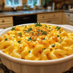 To create a delicious mac and cheese, you will need the following main ingredients: - 8 oz elbow macaroni - 2 tablespoons unsalted butter - 2 tablespoons all-purpose flour - 2 cups milk (whole or 2%) - 2 cups sharp cheddar cheese, shredded - 1 cup mozzarella cheese, shredded These ingredients form the base of your creamy dish. The elbow macaroni gives it that classic shape. The cheeses bring in richness and flavor, making each bite comforting and enjoyable. Adding the right seasonings can enhance the taste of your mac and cheese. You can use: - 1/2 teaspoon garlic powder - 1/2 teaspoon onion powder - 1/4 teaspoon paprika - Salt and pepper to taste - Optional: 1/2 cup breadcrumbs for topping - Optional: Fresh parsley for garnish The garlic and onion powders add depth. Paprika gives a nice touch of color and flavor. If you want a crunchy topping, breadcrumbs work great. Fresh parsley adds a pop of color and freshness when served. For the full recipe, you can refer to the section above. To cook elbow macaroni perfectly, start with a large pot. Fill it with water and add salt. Bring the water to a boil. Add the macaroni and cook according to the package instructions, usually about 7-8 minutes. You want it al dente, which means it should still have a slight bite. Drain the macaroni in a colander and set it aside. To avoid sticky pasta, stir the macaroni occasionally while cooking. This helps keep the pieces separate. Rinse the macaroni with cold water after draining to stop the cooking process. This will also help prevent sticking. Next, prepare the roux. In the same pot, melt 2 tablespoons of unsalted butter over medium heat. Once melted, whisk in 2 tablespoons of all-purpose flour. Cook this mixture for about 2 minutes, stirring constantly. This will help avoid lumps in your sauce. When your roux is ready, it's time to add milk. Gradually whisk in 2 cups of milk, ensuring there are no lumps. Keep whisking while bringing the mixture to a simmer. This should take about 3-5 minutes. You want the sauce to thicken nicely. Now, it's time to add the cheese. Reduce the heat to low and stir in 2 cups of sharp cheddar cheese and 1 cup of mozzarella cheese. Mix until the cheese melts and the sauce is creamy. Now, combine the cooked macaroni with the cheese sauce. Stir well until all the pasta is coated with the creamy sauce. For a crispy topping, preheat the oven to 350°F (175°C). Transfer the macaroni and cheese to a baking dish, sprinkle 1/2 cup of breadcrumbs on top, and bake for 15-20 minutes. The top should be golden and bubbly. Once done, let it cool slightly before serving. If you like, garnish with fresh parsley for a pop of color. Enjoy this cheesy comfort delight! You can find the Full Recipe for more details. The right cheese makes a big difference. I love using sharp cheddar for its bold taste. Mixing in mozzarella adds creaminess. Use freshly shredded cheese, not pre-shredded. Pre-shredded cheese has additives that make it less creamy. To prevent clumping, make sure to stir the cheese in slowly. Add it in batches, letting it melt before adding more. This way, you’ll get a smooth sauce every time. Classic mac and cheese pairs well with various sides. A fresh garden salad brightens the meal. You could also serve it with roasted vegetables for a nice contrast. Try adding a side of garlic bread for extra comfort. For drinks, a light lemonade or iced tea works great. These options balance the richness of the cheese. A common mistake is overcooking the pasta. Cook it just until al dente. This keeps it firm and prevents mushiness in the final dish. Another mistake is skipping the seasoning step. Seasoning enhances flavor. Don't forget to add salt and pepper, and use garlic and onion powders. These simple steps can elevate your mac and cheese. For the full recipe, check out the earlier section. Enjoy your creamy delight! {{image_2}} To make a baked version, cook the macaroni first. Then prepare the cheese sauce as before. Pour the macaroni into a baking dish and mix in the sauce. For a crispy top, sprinkle breadcrumbs over the macaroni. Bake it at 350°F for 15-20 minutes. The baked version has a golden, crunchy crust. This texture adds a nice contrast to the creamy inside. You get both a rich cheese flavor and delightful crunch in every bite. For a quick stovetop method, follow the same steps for cooking the macaroni and making the cheese sauce. Combine them right in the pot. This takes less time and is easy to clean up. Adjusting ingredient ratios can help too. Use less milk for a thicker sauce or more for a creamier dish. This method is perfect for busy nights when you crave comfort food fast. You can add different cheeses to change the taste. Try gouda or pepper jack for a kick. Mixing cheeses can enhance the flavor and make it more interesting. Incorporating vegetables like spinach or broccoli adds nutrition. You can also add cooked chicken or bacon for protein. These changes can make your mac and cheese unique and satisfying. For the full recipe, check out Cheesy Comfort Delight. Store leftover mac and cheese in the fridge. Use an airtight container to keep it fresh. Make sure to let it cool before sealing. This helps the dish stay creamy and tasty. Leftovers can last in the fridge for about three to five days. You can freeze mac and cheese for future meals. Portion it into freezer-safe containers. Leave some space at the top for expansion. Label the containers with the date. Frozen mac and cheese stays good for about three months. To reheat frozen mac and cheese, move it to the fridge a day before. This helps it thaw slowly and keeps it creamy. You can also heat it straight from the freezer, but it may take longer. For reheating, use either the microwave or the oven. The oven gives a nice, crispy top. Preheat it to 350°F (175°C) and bake for about 20 minutes. Cover it with foil for the first 10 minutes to keep moisture in. If using the microwave, heat in short bursts. Stir in between to ensure even heating. Add a splash of milk to keep the dish creamy. This method is faster but may not give a crispy top. The key is to avoid overcooking. This helps keep your mac and cheese delicious and creamy. Mac and cheese has a rich history. It dates back to the 1700s in Europe. The first known recipe came from Italy, where they mixed pasta with cheese. This dish grew in popularity and traveled to England and America. In the 1930s, Kraft introduced boxed mac and cheese. This made it a favorite for families due to its low cost and ease. Today, mac and cheese is a beloved comfort food worldwide. Yes, you can make mac and cheese without flour. Use cornstarch or arrowroot as a thickener. Mix one tablespoon of cornstarch with cold milk before adding it to the sauce. This method keeps the dish gluten-free. You can also try using pureed vegetables, like butternut squash or cauliflower, to thicken the sauce. These options add nutrition and flavor to your dish. You can customize mac and cheese in many ways. Here are some ideas: - Add cooked bacon or ham for a smoky flavor. - Mix in vegetables like spinach, broccoli, or tomatoes for freshness. - Use different cheeses like gouda, fontina, or blue cheese for unique tastes. - Stir in spices like cayenne pepper for heat or mustard for tang. Be creative! The options are endless. For the creamiest results, use a mix of cheeses. Sharp cheddar gives a great flavor. Mozzarella adds a nice stretch. Gruyère or fontina can also enhance creaminess. Avoid pre-shredded cheese, as it contains anti-caking agents. Freshly grated cheese melts better and creates a smoother sauce. To make mac and cheese ahead of time, cook it fully and then cool it. Store it in the fridge for up to three days. You can also freeze it for longer storage. To reheat, bake it in the oven at 350°F until warm. Add a splash of milk for creaminess. If you want a crispy top, sprinkle breadcrumbs before baking. For the full recipe, check out the instructions above. Classic mac and cheese combines simple ingredients for a comforting dish. We covered the main ingredients, cooking techniques, and tips for a creamy sauce. Remember to avoid common mistakes like overcooking pasta and skipping seasoning. You can also explore variations, from baked to stovetop methods. Storage options ensure you can enjoy leftovers later. This dish invites creativity, so feel free to customize it to your liking. A well-made mac and cheese can be a family favorite. Happy cooking!