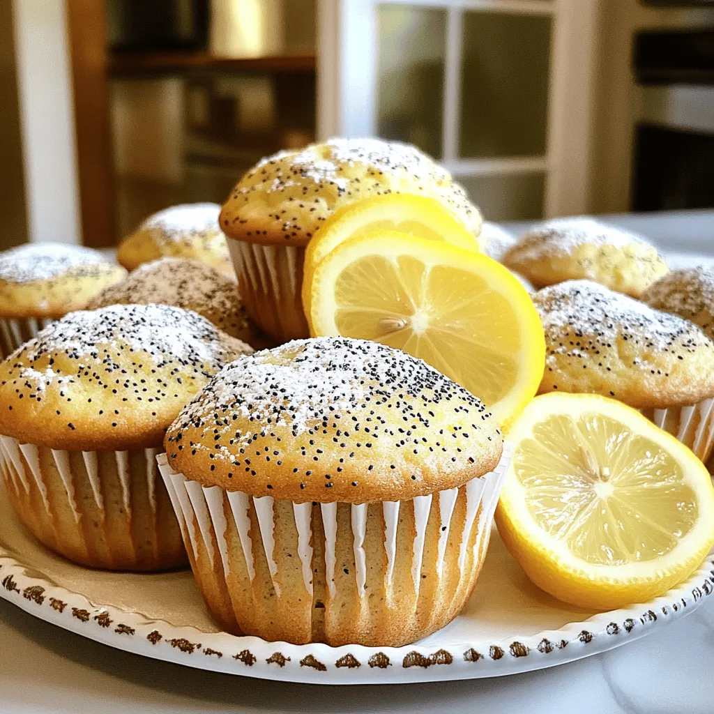 For the perfect lemon poppy seed muffins, gather these items: - 1 ½ cups all-purpose flour - ½ cup granulated sugar - 2 tablespoons poppy seeds - 1 tablespoon baking powder - ½ teaspoon salt - 1 cup buttermilk (or 1 cup milk + 1 tablespoon lemon juice) - ½ cup vegetable oil - 2 large eggs - Zest of 2 lemons - 2 tablespoons fresh lemon juice - Optional: ½ cup powdered sugar (for glaze) These ingredients create a delightful balance of flavors. The lemon zest and juice bring bright notes, while the poppy seeds add a fun crunch. If you want a sweet finish, the powdered sugar glaze is a tasty option. You can find the full recipe for these muffins to get started. - Preheat your oven to 375°F (190°C). Grease the muffin tin or use paper liners. - In a large mixing bowl, whisk together these dry ingredients: - 1 ½ cups all-purpose flour - ½ cup granulated sugar - 2 tablespoons poppy seeds - 1 tablespoon baking powder - ½ teaspoon salt - In a separate bowl, mix the wet ingredients until frothy: - 1 cup buttermilk (or 1 cup milk plus 1 tablespoon lemon juice) - ½ cup vegetable oil - 2 large eggs - Zest of 2 lemons - 2 tablespoons fresh lemon juice - Pour the wet mixture into the dry mixture. Stir gently until just combined. - Do not overmix; it’s okay to have a few lumps. This will keep your muffins light and fluffy. - Divide the batter evenly among the muffin cups. Fill each cup about two-thirds full. - Bake in the preheated oven for 18-20 minutes. Check with a toothpick; it should come out clean. - Once done, let the muffins cool in the pan for 5 minutes. Then, transfer them to a wire rack to cool completely. If you want a sweet finish, try the optional lemon glaze after cooling. Drizzle it over the muffins for extra zesty flavor. For the full recipe, check out the details! - Proper measurement techniques: Always use dry measuring cups for flour and sugar. Spoon the flour into the cup, then level it off. This helps you avoid packing it down. For liquid ingredients, use a clear measuring cup for an accurate measure. - Avoiding overmixing: Mix the batter until just combined. Overmixing makes the muffins tough. A few lumps are fine. This gives the muffins a light and fluffy texture. - Suggestions for zest and juice amounts: Use the zest of two lemons for great flavor. This adds a bright taste. For juice, two tablespoons gives a nice balance. Adjust based on how lemony you like it. - Ways to achieve a fluffier muffin: Use room temperature eggs and buttermilk. This helps the batter mix better. Also, let the batter rest for about 10 minutes before baking. This makes the muffins rise beautifully. - How to make a lemon glaze: Mix ½ cup of powdered sugar with 1-2 tablespoons of fresh lemon juice. Stir until smooth. Add more juice if you want a thinner glaze. Drizzle it over the cooled muffins. - Additions to enhance glaze flavor: Try adding a teaspoon of vanilla extract or a pinch of salt. This adds depth to the glaze. You can also mix in some lemon zest for extra zing. {{image_2}} You can easily change the flavor of your lemon poppy seed muffins. One fun option is to add blueberries. The sweet berries mix well with the tangy lemon. Just fold in a cup of fresh or frozen blueberries into the batter before baking. This adds a burst of flavor and color. Another option is to use almond extract. Just replace half of the lemon juice with almond extract. The nutty flavor pairs nicely with lemon. It gives a unique twist that many will love. If you want to make your muffins a bit healthier, try using whole wheat flour. This change gives your muffins more fiber and nutrients. You can swap out half of the all-purpose flour for whole wheat flour. Your muffins will still taste great! You can also reduce the sugar content. Try cutting the sugar in half and see how it turns out. The lemon zest and juice still provide great flavor, even with less sugar. For those who need gluten-free options, use a gluten-free flour blend. Many blends work well in muffin recipes. Just make sure to follow the package instructions for best results. If you want to make vegan lemon poppy seed muffins, replace the eggs with flax eggs. Mix one tablespoon of ground flaxseed with three tablespoons of water. Let it sit for a few minutes until it thickens. Also, use almond milk instead of buttermilk. These swaps keep the muffins tasty and suitable for everyone. Try these variations to make your lemon poppy seed muffins even more delightful! For the full recipe, check out the section above. To keep your lemon poppy seed muffins fresh, store them in an airtight container. This helps prevent them from drying out. You can use a plastic container or a resealable bag. Place a paper towel at the bottom to absorb excess moisture. This keeps the muffins soft for longer. Freezing is a great way to save muffins for later. To freeze, wrap each muffin in plastic wrap, then place them in a freezer bag. This keeps out air and preserves flavor. When you're ready to enjoy, take out a muffin and let it thaw at room temperature. You can also warm it in the microwave for 15-20 seconds. Lemon poppy seed muffins last about 2-3 days at room temperature. Keep them in a cool, dry spot away from direct sunlight. If you refrigerate them, they can last up to a week. However, refrigeration may dry them out. So, only refrigerate if you need to keep them longer. Enjoy your delightful treats fresh! To make lemon poppy seed muffins, follow these steps: 1. Preheat your oven to 375°F (190°C). Prepare a muffin tin with liners. 2. In a bowl, whisk together 1 ½ cups all-purpose flour, ½ cup granulated sugar, 2 tablespoons poppy seeds, 1 tablespoon baking powder, and ½ teaspoon salt. 3. In another bowl, mix 1 cup buttermilk, ½ cup vegetable oil, 2 large eggs, zest of 2 lemons, and 2 tablespoons fresh lemon juice. Whisk until frothy. 4. Pour the wet mixture into the dry ingredients and stir gently. A few lumps are okay. 5. Fill the muffin cups about two-thirds full with batter. 6. Bake for 18-20 minutes. A toothpick should come out clean. 7. Cool the muffins in the pan for 5 minutes. Then, move them to a wire rack. Yes, you can use lemon juice from a bottle. However, fresh lemon juice gives a brighter taste. Fresh lemons add zest too, which enhances flavor. For the best results, I recommend fresh juice when you can. You can easily substitute buttermilk. Mix 1 cup of milk with 1 tablespoon of lemon juice. Let this sit for 5 minutes. This creates a similar tangy taste. You can also use yogurt or sour cream mixed with water. To check if the muffins are done, insert a toothpick into the center. If it comes out clean, they are ready. You can also gently press the top. If it springs back, they are done. Lemon poppy seed muffins are simple and fun to make. We covered ingredients, preparation, and baking steps. You learned tips for great flavor and variations to try. Storing and freezing muffins helps keep them fresh. Answering common questions makes baking easier. Enjoy these delightful muffins warm, share them, and make them your own. Happy baking!