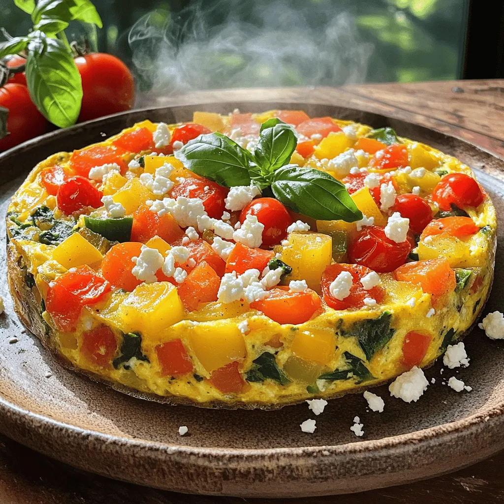 - 6 large eggs - 1/2 cup milk - 1 cup spinach, chopped - 1/2 cup cherry tomatoes, halved - 1/2 cup bell pepper, diced - 1/4 cup red onion, finely chopped - 1/2 cup feta cheese, crumbled - 1 teaspoon garlic powder - 1 teaspoon dried oregano - Salt and pepper to taste - 2 tablespoons olive oil When I make a vegetable frittata, I focus on fresh ingredients. Fresh veggies bring out great flavors. I love using a mix of bell peppers for color and taste. Cherry tomatoes add a nice sweetness. Spinach gives it a bright green look and packs in nutrients. For the eggs, I choose large ones. They hold up well in the frittata. The milk adds creaminess but is not too heavy. Feta cheese crumbles add a salty kick. - Choose Seasonal Vegetables: This gives your frittata the best flavor. Look for local produce at farmers' markets. - Inspect for Freshness: Check for firm, bright vegetables. Avoid any that feel soft or look dull. - Store Properly: Keep eggs and veggies in the fridge. This keeps them fresh longer. - Prep Ahead: Wash and chop your veggies before cooking. This saves time and makes cooking easier. Using fresh, high-quality ingredients sets the stage for a delicious vegetable frittata. If you want to try this recipe, check out the Full Recipe for more details! Start by preheating your oven to 375°F (190°C). This step ensures the frittata cooks evenly. In a large bowl, mix together six large eggs, 1/2 cup of milk, garlic powder, oregano, and salt and pepper. Whisk these ingredients well until they blend smoothly. Next, heat two tablespoons of olive oil in an oven-safe skillet over medium heat. I prefer using a cast iron skillet for better heat retention. Add 1/4 cup of finely chopped red onion and 1/2 cup of diced bell pepper. Sauté them for about 3-4 minutes until the onions are soft. Then, toss in 1 cup of chopped spinach and 1/2 cup of halved cherry tomatoes. Cook for another 2 minutes, stirring often, until the spinach wilts. Pour the egg mixture over the sautéed vegetables. Stir gently to mix everything well. Sprinkle 1/2 cup of crumbled feta cheese on top. Cook on the stove for 2 minutes to set the edges. Then, transfer the skillet to the oven. Bake for 15-20 minutes until the frittata is puffed and the center is set. Once done, remove it from the oven and let it cool for a few minutes before slicing. For more details, refer to the Full Recipe. To make a great vegetable frittata, you need to focus on texture. A frittata should be soft but firm. Start by cooking the vegetables just enough. This way, they stay tender and keep their flavor. Sauté them on medium heat for about 5-6 minutes. This helps to release their juices without making them mushy. Using an oven-safe skillet is key. A cast iron skillet works best. It heats evenly and keeps the frittata warm. Plus, it can go straight from the stove to the oven. This makes cooking easier and helps the frittata rise nicely. Feel free to switch up the veggies. You can use zucchini, mushrooms, or even broccoli. Just remember to chop them small for even cooking. If you have leftover veggies, throw them in too! This makes the dish fun and unique each time. Cheese can change the whole taste. Feta is a great choice, but try cheddar or goat cheese for something different. You can also add spices. A pinch of paprika or red pepper flakes can give a nice kick. Herbs like basil or thyme can add freshness. Use what you love! For more ideas, check out the Full Recipe for inspiration. {{image_2}} You can easily make this vegetable frittata fit many diets. For a vegetarian version, just leave out any meat. The recipe is already vegetarian-friendly because it uses eggs and fresh veggies. If you want to make it vegan, replace the eggs with a mixture of chickpea flour and water. This mix gives a nice texture and taste. Also, skip the cheese or use a vegan cheese alternative. For gluten-free options, you don’t need to worry at all! The frittata is naturally gluten-free since it uses no flour. Just make sure all your ingredients, like cheese or any added spices, are gluten-free. This way, everyone can enjoy a hearty and healthy breakfast. To make your frittata even more special, try adding different herbs. For a fresh twist, mix in basil, thyme, or rosemary. These herbs add a burst of flavor that brightens the dish. You can also try a blend of herbs for a unique taste. If you want to include meats, think about adding cooked bacon, ham, or sausage. These meats add a savory note that pairs well with the eggs. You can also add cooked chicken for a protein boost. Just remember to cook the meat before adding it to the frittata mix. This helps ensure everything cooks evenly. For the complete recipe, check out the [Full Recipe]. To keep your vegetable frittata fresh, store it in the fridge. Place it in an airtight container. This helps prevent it from drying out. You can keep it for up to three days. If you want to save it longer, consider freezing it. For freezing, let the frittata cool completely. Then, wrap it tightly in plastic wrap and place it in a freezer-safe bag. This way, it can stay fresh for up to two months. When you're ready to eat, just thaw it in the fridge overnight. Reheating frittata requires care to maintain its texture and flavor. The best method is using the oven. Preheat your oven to 350°F (175°C). Place the frittata on a baking sheet. Heat it for about 10-15 minutes. This warms it evenly without making it rubbery. You can also use a microwave if you’re in a hurry. Cut a slice and place it on a microwave-safe plate. Heat it for 30 seconds to 1 minute. Check it often to avoid overheating. Enjoy your frittata warm and tasty, just like when you first made it! Can you make frittata ahead of time? Yes, you can make a frittata ahead of time. It keeps well in the fridge. After baking, let it cool. Store it in an airtight container. It will stay fresh for up to three days. To serve, simply reheat it in the oven or microwave. This makes it a great choice for busy mornings. What vegetables work best in a frittata? Many vegetables work well in a frittata. Spinach and bell peppers add great flavor. Tomatoes bring juiciness, while onions add depth. You can also use zucchini, mushrooms, or broccoli. The key is to sauté them first. This enhances their taste and texture. Nutritional Information Overview A vegetable frittata is a healthy meal option. It is packed with protein from eggs. Each serving offers vitamins from fresh vegetables. It is also a good source of healthy fats, especially from feta and olive oil. This dish can be low in carbs, making it suitable for various diets. Benefits of Eating Vegetables in Breakfast Dishes Eating vegetables at breakfast offers many benefits. It helps you start the day with energy. Veggies provide fiber, which aids digestion. Having them in the morning can also support weight management. Plus, they boost your immune system with essential nutrients. Enjoying a vegetable frittata gives your body a healthy kick. For a tasty frittata, check out the Full Recipe. In this article, we explored the key ingredients and steps for a delicious vegetable frittata. We covered techniques to ensure the right texture and shared customization options for various diets. You learned how to store leftovers for freshness and reheating tips. A vegetable frittata is not just tasty; it’s also packed with nutrients. Enjoy making this dish and feel great about the healthy choices you’re making. Keep experimenting with flavors and vegetables!