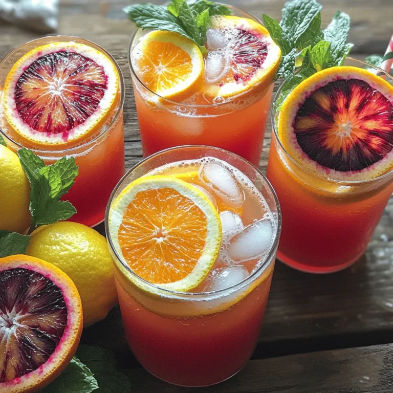 - Blood oranges - Fresh lemons - Agave syrup or honey - Water (still or sparkling) - Vanilla extract - Ice cubes - Garnishes (lemon and blood orange slices, fresh mint) To make blood orange vanilla lemonade, gather these fresh ingredients. Blood oranges bring a vibrant color and a sweet taste. Fresh lemons add a nice tartness that balances the sweetness. I like using agave syrup or honey for sweetness, but feel free to choose either. Water, either still or sparkling, helps to mix everything together and create a refreshing drink. Vanilla extract adds a cozy flavor. This unique twist makes the drink stand out. You will also want ice cubes to keep your drink cold and refreshing. For garnishes, use slices of lemon and blood orange. Fresh mint leaves give a lovely aroma and a pop of green color. By using these ingredients, you set the stage for a delightful summer drink that everyone will enjoy. You can find the full recipe for all the steps to create this delicious beverage. Start with the blood oranges. Cut them in half and use a juicer. Collect all the juice in a bowl. You need about 1 cup of juice. Next, take the lemons. Cut them in half and squeeze them. You want half a cup of lemon juice. Mix the blood orange juice and lemon juice together in a large pitcher. Now, it's time to sweeten your drink. Add 1/4 cup of agave syrup or honey to the citrus juice. Stir well until the sweetener fully dissolves. Pour in 4 cups of water. You can use still or sparkling water, depending on your preference. Mix gently to combine everything. Finally, add 1 teaspoon of vanilla extract. This will give your lemonade a unique twist. Stir it in well to ensure the flavor spreads evenly. Let your drink chill in the fridge for at least 30 minutes. This helps the flavors mix better. While it chills, prepare your glasses. Fill each glass with ice cubes. This will keep your drink nice and cold. When you're ready to serve, pour the chilled lemonade over the ice. For a beautiful touch, garnish each glass with slices of lemon and blood orange. Add a sprig of fresh mint for extra flair. Enjoy your refreshing Blood Orange Vanilla Lemonade! For the complete details on making this drink, refer to the Full Recipe. To make your Blood Orange Vanilla Lemonade taste just right, you can adjust the sweetness. If you like it sweeter, add more agave syrup or honey. Start with the amount in the Full Recipe, then taste and tweak to your liking. Using fresh juice is best. Fresh blood oranges and lemons offer bright, vibrant flavors. Bottled juices may taste flat and less fresh. If you must use bottled juice, pick a high-quality brand. Serve your lemonade in clear glasses to show off its beautiful color. Add ice cubes to keep it cool. For a fun twist, use mason jars or fun-shaped glasses. Garnishes add flair. Slice fresh lemons and blood oranges to float on top. You can also use mint leaves for a pop of green. This makes your drink look inviting and fresh. For the best taste, serve your lemonade right away. If serving later, keep it chilled in the fridge. Stir it gently before pouring to mix the flavors again. You can prepare the lemonade in advance. Make it a few hours earlier and store it in the fridge. This lets the flavors blend nicely. Just remember to add ice when it’s time to serve! {{image_2}} You can switch up the sweetener in your blood orange vanilla lemonade. If you want a different flavor, try using maple syrup. It adds a rich taste that pairs well with the citrus. You can also use stevia or other artificial sweeteners. These options are great if you want to cut down on sugar. Just remember to adjust the amount based on how sweet you like your drink. There are many fruits you can add to make your lemonade even better. Other citrus fruits, like grapefruit or tangerines, can bring new flavors. You can also mix in berries. Strawberries and raspberries work well and add a pop of color. If you want something tropical, add pineapple or mango. These fruits will enhance the taste and make your drink more exciting. If you want to make your lemonade an adult drink, consider adding alcohol. A splash of vodka or gin can give it a fun kick. You can also experiment with flavored spirits, like coconut rum for a tropical vibe. For a refreshing cocktail, try mixing in prosecco or champagne. This adds bubbles and makes it perfect for a summer party! You can keep your Blood Orange Vanilla Lemonade in the fridge for up to five days. This drink stays fresh and tasty when stored properly. Use a clean glass pitcher or a tight-sealing jar for the best results. Make sure to cover it to prevent any odors from other foods in the fridge. Freezing is a great option if you want to save your lemonade for later. Pour the leftover lemonade into ice cube trays. Once frozen, you can add these cubes to drinks for a refreshing twist. Another fun idea is to make lemonade popsicles. Just pour the lemonade into popsicle molds and freeze until solid. These popsicles are perfect for hot days and a hit with kids! To make Blood Orange Vanilla Lemonade, follow these key steps: 1. Juice two large blood oranges. 2. Squeeze half a cup of fresh lemon juice. 3. Mix the juices in a large pitcher. 4. Add a quarter cup of agave syrup or honey. Stir until it dissolves. 5. Pour in four cups of still or sparkling water. Stir gently. 6. Add one teaspoon of vanilla extract and mix thoroughly. 7. Chill the mixture for at least thirty minutes. 8. Serve over ice and garnish with lemon and blood orange slices, plus fresh mint. Using bottled blood orange juice is possible, but it alters the flavor. Fresh juice tastes brighter and more vibrant. Bottled juice may lack the full, fresh taste you crave. If you choose bottled juice, look for one with no added sugars or preservatives. You’ll still enjoy a refreshing drink, but it might not be as special as using fresh fruit. Blood oranges are not only tasty but also healthy. They are rich in vitamin C, which boosts your immune system. They have antioxidants that fight free radicals. This can help reduce the risk of chronic diseases. Blood oranges also contain fiber, aiding digestion. They have fewer calories than many other fruits, making them a smart choice for a healthy drink. Absolutely! Blood Orange Vanilla Lemonade is great for kids. It has a sweet taste that most children love. The bright color and fun garnish make it appealing. You can also adjust the sweetness to suit their taste. This drink is perfect for family gatherings, barbecues, or hot summer days. It’s a fun way to keep everyone cool and refreshed. For the full recipe, check the section above! This blog post explained how to make a refreshing Blood Orange Vanilla Lemonade. You learned about key ingredients, like blood oranges, lemons, and agave syrup. The step-by-step instructions help you prepare, mix, and chill your drink. We covered tips to enhance flavor and make it look great. You can try different sweeteners or even add fruits for variation. Remember, store leftovers properly or freeze them to enjoy later. Now, you can impress friends with this tasty drink recipe. Enjoy making your lemonade!