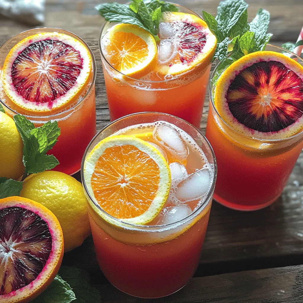 - Blood oranges - Fresh lemons - Agave syrup or honey - Water (still or sparkling) - Vanilla extract - Ice cubes - Garnishes (lemon and blood orange slices, fresh mint) To make blood orange vanilla lemonade, gather these fresh ingredients. Blood oranges bring a vibrant color and a sweet taste. Fresh lemons add a nice tartness that balances the sweetness. I like using agave syrup or honey for sweetness, but feel free to choose either. Water, either still or sparkling, helps to mix everything together and create a refreshing drink. Vanilla extract adds a cozy flavor. This unique twist makes the drink stand out. You will also want ice cubes to keep your drink cold and refreshing. For garnishes, use slices of lemon and blood orange. Fresh mint leaves give a lovely aroma and a pop of green color. By using these ingredients, you set the stage for a delightful summer drink that everyone will enjoy. You can find the full recipe for all the steps to create this delicious beverage. Start with the blood oranges. Cut them in half and use a juicer. Collect all the juice in a bowl. You need about 1 cup of juice. Next, take the lemons. Cut them in half and squeeze them. You want half a cup of lemon juice. Mix the blood orange juice and lemon juice together in a large pitcher. Now, it's time to sweeten your drink. Add 1/4 cup of agave syrup or honey to the citrus juice. Stir well until the sweetener fully dissolves. Pour in 4 cups of water. You can use still or sparkling water, depending on your preference. Mix gently to combine everything. Finally, add 1 teaspoon of vanilla extract. This will give your lemonade a unique twist. Stir it in well to ensure the flavor spreads evenly. Let your drink chill in the fridge for at least 30 minutes. This helps the flavors mix better. While it chills, prepare your glasses. Fill each glass with ice cubes. This will keep your drink nice and cold. When you're ready to serve, pour the chilled lemonade over the ice. For a beautiful touch, garnish each glass with slices of lemon and blood orange. Add a sprig of fresh mint for extra flair. Enjoy your refreshing Blood Orange Vanilla Lemonade! For the complete details on making this drink, refer to the Full Recipe. To make your Blood Orange Vanilla Lemonade taste just right, you can adjust the sweetness. If you like it sweeter, add more agave syrup or honey. Start with the amount in the Full Recipe, then taste and tweak to your liking. Using fresh juice is best. Fresh blood oranges and lemons offer bright, vibrant flavors. Bottled juices may taste flat and less fresh. If you must use bottled juice, pick a high-quality brand. Serve your lemonade in clear glasses to show off its beautiful color. Add ice cubes to keep it cool. For a fun twist, use mason jars or fun-shaped glasses. Garnishes add flair. Slice fresh lemons and blood oranges to float on top. You can also use mint leaves for a pop of green. This makes your drink look inviting and fresh. For the best taste, serve your lemonade right away. If serving later, keep it chilled in the fridge. Stir it gently before pouring to mix the flavors again. You can prepare the lemonade in advance. Make it a few hours earlier and store it in the fridge. This lets the flavors blend nicely. Just remember to add ice when it’s time to serve! {{image_2}} You can switch up the sweetener in your blood orange vanilla lemonade. If you want a different flavor, try using maple syrup. It adds a rich taste that pairs well with the citrus. You can also use stevia or other artificial sweeteners. These options are great if you want to cut down on sugar. Just remember to adjust the amount based on how sweet you like your drink. There are many fruits you can add to make your lemonade even better. Other citrus fruits, like grapefruit or tangerines, can bring new flavors. You can also mix in berries. Strawberries and raspberries work well and add a pop of color. If you want something tropical, add pineapple or mango. These fruits will enhance the taste and make your drink more exciting. If you want to make your lemonade an adult drink, consider adding alcohol. A splash of vodka or gin can give it a fun kick. You can also experiment with flavored spirits, like coconut rum for a tropical vibe. For a refreshing cocktail, try mixing in prosecco or champagne. This adds bubbles and makes it perfect for a summer party! You can keep your Blood Orange Vanilla Lemonade in the fridge for up to five days. This drink stays fresh and tasty when stored properly. Use a clean glass pitcher or a tight-sealing jar for the best results. Make sure to cover it to prevent any odors from other foods in the fridge. Freezing is a great option if you want to save your lemonade for later. Pour the leftover lemonade into ice cube trays. Once frozen, you can add these cubes to drinks for a refreshing twist. Another fun idea is to make lemonade popsicles. Just pour the lemonade into popsicle molds and freeze until solid. These popsicles are perfect for hot days and a hit with kids! To make Blood Orange Vanilla Lemonade, follow these key steps: 1. Juice two large blood oranges. 2. Squeeze half a cup of fresh lemon juice. 3. Mix the juices in a large pitcher. 4. Add a quarter cup of agave syrup or honey. Stir until it dissolves. 5. Pour in four cups of still or sparkling water. Stir gently. 6. Add one teaspoon of vanilla extract and mix thoroughly. 7. Chill the mixture for at least thirty minutes. 8. Serve over ice and garnish with lemon and blood orange slices, plus fresh mint. Using bottled blood orange juice is possible, but it alters the flavor. Fresh juice tastes brighter and more vibrant. Bottled juice may lack the full, fresh taste you crave. If you choose bottled juice, look for one with no added sugars or preservatives. You’ll still enjoy a refreshing drink, but it might not be as special as using fresh fruit. Blood oranges are not only tasty but also healthy. They are rich in vitamin C, which boosts your immune system. They have antioxidants that fight free radicals. This can help reduce the risk of chronic diseases. Blood oranges also contain fiber, aiding digestion. They have fewer calories than many other fruits, making them a smart choice for a healthy drink. Absolutely! Blood Orange Vanilla Lemonade is great for kids. It has a sweet taste that most children love. The bright color and fun garnish make it appealing. You can also adjust the sweetness to suit their taste. This drink is perfect for family gatherings, barbecues, or hot summer days. It’s a fun way to keep everyone cool and refreshed. For the full recipe, check the section above! This blog post explained how to make a refreshing Blood Orange Vanilla Lemonade. You learned about key ingredients, like blood oranges, lemons, and agave syrup. The step-by-step instructions help you prepare, mix, and chill your drink. We covered tips to enhance flavor and make it look great. You can try different sweeteners or even add fruits for variation. Remember, store leftovers properly or freeze them to enjoy later. Now, you can impress friends with this tasty drink recipe. Enjoy making your lemonade!
