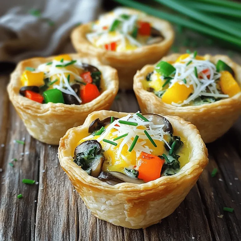 To start, you need a few key items. These will help you create the perfect mini quiche cups. - 6 large eggs - 1 cup milk - 1 cup shredded cheese (cheddar or your choice) - 1 package (1 roll) of refrigerated pie crusts or puff pastry Each ingredient plays a big role. Eggs give the quiche its rich base. Milk adds creaminess, while cheese provides flavor and texture. The pie crust or puff pastry forms a delightful shell for your filling. You can add extra flavors with these optional ingredients. Here are some tasty options: - 1 cup diced vegetables (bell peppers, spinach, and mushrooms work well) - 1/2 cup diced cooked ham or cooked bacon (optional) - 1 teaspoon garlic powder - 1 teaspoon onion powder - Salt and pepper to taste Adding vegetables boosts nutrition. Ham or bacon gives a savory twist. You can also use various seasonings to enhance the taste. Finally, garnishing your mini quiches makes them look special. Consider these ideas: - Fresh herbs (chives or parsley) for garnish - Additional toppings like a dollop of sour cream or a sprinkle of paprika Garnishes add color and freshness. They also make your dish more appealing. For the full recipe, check out the Mini Quiche Cups guide online. First, you need to preheat your oven to 375°F (190°C). This step is key for even baking. Next, take your pie crust or puff pastry out of the fridge. Roll it out on a clean surface. Use a round cutter or a glass to cut out circles. Make sure these circles are big enough to fit into a greased muffin tin. Gently press each cut-out dough into the muffin tin cups. Ensure there are no gaps so the filling won’t leak. In a large mixing bowl, whisk together 6 large eggs and 1 cup of milk. Add 1 teaspoon of garlic powder and 1 teaspoon of onion powder for flavor. Season with salt and pepper to taste. Now, stir in 1 cup of shredded cheese and 1 cup of diced vegetables. Bell peppers, spinach, and mushrooms are great choices. If you like, add 1/2 cup of diced cooked ham or bacon. Mix everything well until it is evenly distributed. Now, it’s time to fill the crusts. Pour the egg mixture into each prepared crust. Fill them about 3/4 of the way full to allow for rising. Place the muffin tin in the preheated oven. Bake for 18-20 minutes. You want the quiche cups to be set and the tops golden brown. Once done, take them out and let them cool for a few minutes. Gently remove the quiche cups from the tin. You can garnish with fresh herbs like chives or parsley before serving. Enjoy your delicious mini quiche cups! To keep your crusts from getting soggy, pre-bake the crusts for five minutes. This step gives them a head start. Use a fork to poke small holes in the crust. This allows steam to escape while baking. For even cooking, fill the cups no more than three-quarters full. This helps them cook evenly. Rotate the muffin tin halfway through baking for consistent heat. Use fresh herbs like chives or parsley to boost flavor. Mix and match your favorite veggies, like spinach, bell peppers, or mushrooms. Add garlic or onion powder for extra taste. Try different cheese options, such as feta or goat cheese. Combining flavors can make your quiche unique. For a twist, add crumbled bacon or diced ham for more depth. Serve your mini quiches warm. They look great on a colorful plate. Garnish with fresh herbs for a vibrant touch. Arrange quiche cups on a tiered stand for a fun display. This setup makes them easy to grab and enjoy at parties. Place small labels next to each type to inform guests about the flavors. {{image_2}} Vegetarian mini quiche cups are a great choice for plant lovers. You can use many veggies to make them tasty. Some popular vegetable choices include: - Bell peppers - Spinach - Mushrooms - Zucchini - Broccoli These vegetables add flavor and color. They also pack in nutrients. If you want to try different cheese, consider: - Feta cheese - Goat cheese - Mozzarella These cheese options can add a unique taste to your quiches. If you love meat, you can make a meat-lovers version. Different meat options work well in mini quiche cups, such as: - Cooked ham - Crispy bacon - Sausage - Diced chicken Pair these meats with complementary flavors. Try adding onions or peppers to enhance the taste. These combinations create rich and hearty bites. To make your mini quiche cups stand out, add unique spices or ingredients. Here are a few ideas: - Smoked paprika for a smoky touch - Fresh herbs like basil or thyme - Sun-dried tomatoes for a burst of flavor - Jalapeños for a spicy kick Get creative with your mix-ins. Consider adding olives, artichokes, or even a dash of hot sauce. These choices can take your quiche to new levels. To keep your mini quiche cups fresh, store them correctly. First, let them cool completely. This step is key to maintaining their texture. Then, place them in an airtight container. You can keep them in the fridge for up to four days. If you want to save them longer, consider freezing. Wrap each quiche cup in plastic wrap, then place them in a freezer-safe bag. This method helps avoid freezer burn. You can freeze them for up to three months. Reheating your mini quiche cups is easy. The best way is to use an oven. Preheat the oven to 350°F (175°C). Place the quiche cups on a baking sheet. Heat them for about 10-15 minutes. This method keeps the crust crispy. You can also use a microwave if you’re in a hurry. Heat on medium power for 30 seconds to 1 minute. Be careful not to overheat, as this can make them soggy. In the fridge, mini quiche cups last about four days. In the freezer, they can last up to three months. Always check for signs of spoilage. If they smell off or have a strange texture, it’s best to toss them. Keeping track of storage times helps ensure you enjoy every bite of these fluffy and flavorful treats. You can find the full recipe for preparation and more tips on making these delightful snacks. Yes, you can make Mini Quiche Cups ahead of time. Prepare them and bake as usual. After they cool, store them in the fridge. Use an airtight container to keep them fresh. You can also freeze them for later. To reheat, use the oven. Preheat to 350°F (175°C). Bake for about 10-15 minutes or until hot. This keeps them fluffy and tasty. If you want to avoid eggs, there are good substitutes. You can use a mix of silken tofu and water. Blend them until smooth. Another option is unsweetened applesauce. Use 1/4 cup applesauce for each egg. You can also try chickpea flour. Mix 1 tablespoon of chickpea flour with 2 tablespoons of water per egg. These options will keep your quiche cups tasty and hold them together well. To prevent overcooking, watch the time and temp. Bake your quiche cups at 375°F (190°C) for 18-20 minutes. Check them around the 15-minute mark. The cups should be set but still slightly jiggly in the middle. If they look too brown, take them out. Let them cool a bit before serving. This helps keep them fluffy and soft. Yes, you can find the full recipe for Mini Quiche Cups online. It includes all the steps and tips you need to make these tasty treats. Just follow this [link to the Mini Quiche Cups full recipe](#). Mini quiche cups are easy to make and fun to enjoy. This guide covers key ingredients, step-by-step instructions, and handy tips to perfect your dish. You can explore variations to suit any taste, from vegetarian to meat-lover options. Remember to store extras properly and follow reheating tips for the best flavor. Mini quiche cups can add joy to any meal. With these insights, you’ll impress your family and friends with your skills. Now, grab your ingredients and get cooking!