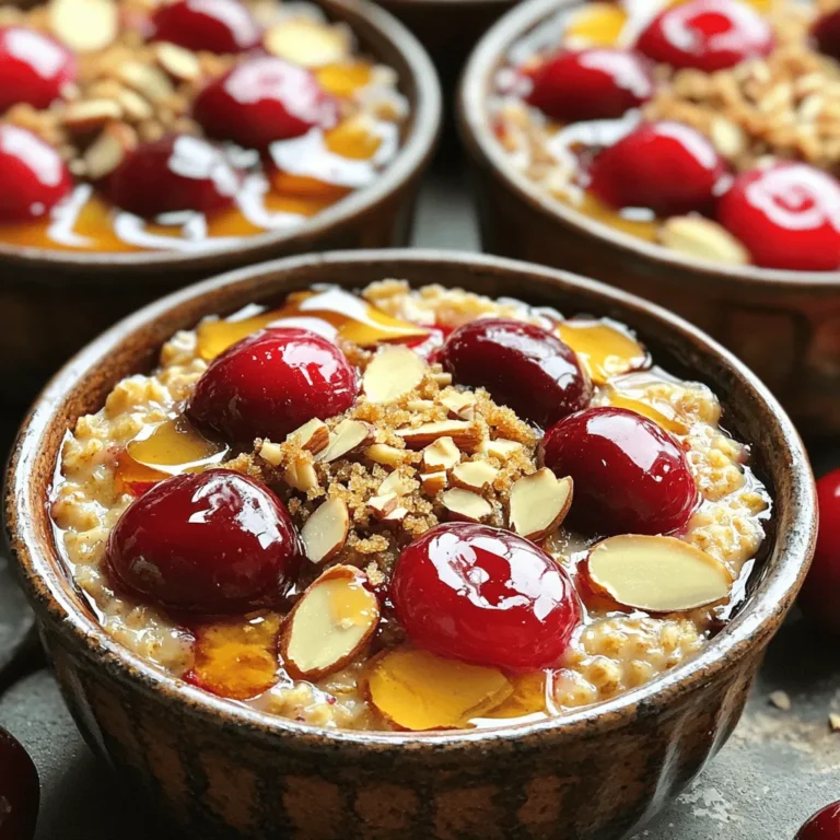 To make Baked Cherry Almond Oatmeal, gather these simple ingredients: - 2 cups rolled oats - 1 ¾ cups almond milk (or any milk of choice) - ½ cup pitted cherries, halved (fresh or frozen) - ⅓ cup almond butter - ¼ cup maple syrup (or honey) - 1 teaspoon vanilla extract - 1 teaspoon baking powder - ½ teaspoon cinnamon - ¼ teaspoon salt - ⅓ cup sliced almonds (for topping) - ¼ cup brown sugar (for topping) These ingredients blend well to create a tasty and filling breakfast. You can easily swap some ingredients based on what you have. Use oat milk or coconut milk instead of almond milk for a different taste. If you don’t have cherries, try blueberries or sliced bananas. Peanut butter works well if you don’t have almond butter. For sweetness, honey is a great choice in place of maple syrup. You can use vanilla extract or vanilla bean paste for a richer flavor. If you want to avoid sugar, use mashed ripe bananas for natural sweetness. This oatmeal is packed with nutrients. Each serving has about: - Calories: 210 - Protein: 6 grams - Fiber: 4 grams - Sugar: 8 grams The oats provide complex carbs for energy. Cherries add fiber and antioxidants. Almonds bring healthy fats and protein. This dish is not just tasty; it also fuels your body for the day ahead. You can find the Full Recipe in the section above. Start by preheating your oven to 375°F (190°C). Use a 9x9 inch baking dish and lightly grease it. In a large bowl, mix 2 cups of rolled oats and 1 ¾ cups of almond milk. Add ⅓ cup of almond butter and ¼ cup of maple syrup to the bowl. Pour in 1 teaspoon of vanilla extract, 1 teaspoon of baking powder, ½ teaspoon of cinnamon, and ¼ teaspoon of salt. Stir until everything blends well. Now, gently fold in ½ cup of halved cherries. Once your mixture is ready, pour it into the greased baking dish. Spread the mixture evenly across the dish. In a small bowl, combine ⅓ cup of sliced almonds and ¼ cup of brown sugar. Sprinkle this mix over the top of the oatmeal. Bake in your preheated oven for 30 to 35 minutes. The top should turn golden, and the oatmeal will set nicely. After baking, let it cool for a few minutes before slicing into squares. Serve your Baked Cherry Almond Oatmeal warm for the best flavor. For a special touch, add more almond butter or a drizzle of maple syrup on top. You can also garnish with fresh cherries and sliced almonds for color. This makes your dish look appealing and delicious! To get that perfect texture in your Baked Cherry Almond Oatmeal, start with rolled oats. They absorb liquid well and create a hearty base. Use almond milk for creaminess, but any milk works too. Mix the ingredients well to ensure even cooking. If you like it softer, add a little more milk. If you prefer it firmer, reduce the milk slightly. Bake it until the top is golden brown. This makes the edges crispy while keeping the center soft. To boost the flavor, add spices like nutmeg or cardamom. These spices will give your oatmeal a warm, cozy taste. You can also swap cherries for other fruits, like blueberries or apples. Consider adding vanilla extract for sweetness and aroma. For more richness, try different nut butters like peanut or cashew. Topping with sliced almonds and brown sugar adds a sweet crunch that you’ll love. One common mistake is not measuring the ingredients correctly. Use measuring cups for accuracy. Another mistake is overbaking. Check the oatmeal around 30 minutes; it should be set but not dry. Avoid skipping the cooling time after baking. This helps the oatmeal firm up, making it easy to cut into squares. Finally, don’t forget to let your creativity shine by adding your personal twist to the recipe. Enjoy the process and have fun! For the complete recipe, check the [Full Recipe]. {{image_2}} You can change up the fruit in your baked oatmeal. Try using blueberries, raspberries, or apples. These fruits add their own flavors and textures. You can mix in dried fruits like cranberries or apricots for added sweetness. Just remember to adjust the sugar if your fruit is sweet. If you want to change the sweetness, many options exist. You can use honey, agave syrup, or coconut sugar. Each offers a unique taste and health benefits. Try stevia or monk fruit for a low-calorie choice. Adjust the amount based on your preferred sweetness level. Nut butter adds creaminess and flavor to your oatmeal. While almond butter is tasty, peanut or cashew butter works well too. Each brings its own twist to the dish. You can also try sunflower seed butter for a nut-free option. Mix and match to find your favorite combination. For the full recipe, refer to the section above. To store leftovers, let the baked oatmeal cool completely. Then, cut it into squares. Place these squares in an airtight container. This will keep them fresh for up to five days in the fridge. If you want to enjoy them later, store them separately from any toppings. You can freeze individual squares for later use. Wrap each square tightly in plastic wrap. Then, place them in a freezer-safe bag or container. This way, they can last for up to three months. When you’re ready to eat, just take out what you need. Reheat leftovers in the microwave for about 30-60 seconds. If you prefer, you can also warm them in the oven at 350°F (175°C). Bake them for about 10-15 minutes until they are hot. Add a drizzle of almond butter or maple syrup when serving to bring back the fresh taste. For the full recipe, check the detailed instructions above. Yes, you can use regular milk. Almond milk gives a nice nutty flavor. If you prefer cow's milk, it works just as well. The texture and taste may change slightly, but it will still be delicious. To make Baked Cherry Almond Oatmeal gluten-free, choose certified gluten-free oats. Regular oats may contain gluten due to cross-contamination. Check labels for safety. You can also ensure other ingredients, like baking powder, are gluten-free. Absolutely! You can prepare it the night before. Just mix all the ingredients and place them in the baking dish. Cover it and store it in the fridge. When you’re ready, bake it in the morning. This saves time and makes breakfast easy. For the full recipe, check the previous section! In this post, we explored the essential ingredients for Baked Cherry Almond Oatmeal. We discussed preparation steps and the baking process. You also learned tips for texture and flavor. We looked at variations to make it your own and how to store leftovers. Remember, this dish is flexible and fun. Use these ideas to create something delicious and unique. Enjoy your cooking adventure!