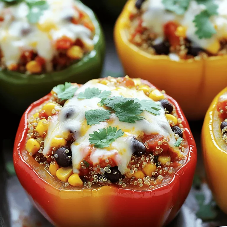 To make stuffed bell peppers with quinoa, gather these fresh ingredients: - 4 large bell peppers (any color) - 1 cup quinoa, rinsed - 2 cups vegetable broth - 1 can (15 oz) black beans, drained and rinsed - 1 cup corn (frozen or canned) - 1 medium onion, chopped - 2 cloves garlic, minced - 1 teaspoon cumin - 1 teaspoon smoked paprika - 1/2 teaspoon chili powder - Salt and pepper to taste - 1 cup diced tomatoes (canned or fresh) - 1 cup shredded cheese (cheddar or a dairy-free alternative) - Fresh cilantro, for garnish Each ingredient plays a key role in making this dish flavorful. - Bell peppers: Choose bright, firm peppers. Their sweetness balances the spices. - Quinoa: This protein-packed grain is gluten-free and adds a nice texture. - Vegetable broth: It infuses the quinoa with flavor, enhancing the overall dish. - Black beans: They provide protein and a hearty feel to the filling. - Corn: This sweet addition gives a pop of color and taste. - Onion and garlic: These aromatics bring depth and richness to the filling. - Spices: Cumin, smoked paprika, and chili powder add warmth and complexity. - Cheese: It melts beautifully, creating a creamy topping. By using high-quality and fresh ingredients, you ensure the best flavor and nutrition for your stuffed bell peppers. For the complete cooking process, refer to the Full Recipe. To prep the peppers, start by cutting off the tops. Remove seeds and membranes carefully. This will make room for the tasty filling. Brush the outside with a bit of olive oil. This adds flavor and helps them roast nicely. When choosing bell peppers, look for ones that are firm and brightly colored. Any color works, but red, yellow, and orange are sweeter. Avoid peppers with soft spots or wrinkles. Fresh peppers will give you the best taste. For perfect quinoa, rinse it under cold water first. This removes the bitter coating called saponin. In a medium pot, combine one cup of rinsed quinoa with two cups of vegetable broth. Bring it to a boil. Then, lower the heat, cover, and let it simmer. This should take about 15 minutes. A common mistake is cooking quinoa too long. If you do, it can turn mushy. Keep an eye on it, and fluff it with a fork when it's done. In a large skillet, heat a tablespoon of olive oil over medium heat. Add chopped onion and sauté until it turns clear, about five minutes. Stir in minced garlic, cumin, smoked paprika, and chili powder. Cook for another minute to release the spices' aroma. In a big bowl, mix the cooked quinoa, black beans, corn, and diced tomatoes. Add the sautéed onion mixture. Season everything with salt and pepper. For extra creaminess, stir in half of the cheese. When stuffing the peppers, use a spoon to fill each one with the quinoa mix. Pack it gently, but not too tight. Layer the ingredients evenly to ensure they cook properly. After stuffing, sprinkle the remaining cheese on top. This will melt beautifully while baking. Cover the baking dish with foil before baking. This helps the peppers cook evenly. Bake at 375°F (190°C) for 25 minutes. After that, remove the foil and bake for another 10 to 15 minutes. This will make the peppers tender and the cheese golden. Follow these steps for a delicious meal. For the complete recipe, check the Full Recipe link! For great flavor, season well. Use salt, pepper, and spices like cumin and smoked paprika. These enhance the taste. Adjust the seasoning to your liking. Taste the filling before stuffing the peppers. Cook your stuffed peppers at 375°F (190°C). Bake them for 25 minutes covered, then 10-15 minutes uncovered. This helps the cheese get golden and melts nicely. Check the peppers; they should be tender but not mushy. Store leftovers in an airtight container. They last for about three to four days in the fridge. You can also freeze them for longer storage, up to three months. To reheat, use the oven for best results. Preheat to 350°F (175°C) and place the peppers in a baking dish. Cover with foil to keep moisture in. Heat for about 20 minutes or until warmed through. You can also use the microwave, but the oven gives better texture. To elevate your stuffed peppers, try adding fresh herbs. Cilantro, parsley, or even basil can brighten the dish. Fresh herbs add a burst of flavor. You can also experiment with sauces. A drizzle of hot sauce or a spoonful of salsa can add a kick. For a creamy touch, consider a dollop of yogurt or sour cream when serving. These ideas will take your stuffed peppers to the next level. For the complete cooking experience, check the Full Recipe. {{image_2}} If you need gluten-free options, use quinoa. It is naturally gluten-free and works great in this dish. You can also use rice or millet if you prefer. For a vegan twist, skip the cheese or use a plant-based alternative. Nutritional yeast adds a cheesy flavor without dairy. If you have allergies, you can swap out the black beans. Try lentils or chickpeas instead. For protein, tofu or tempeh are great options that fit well in stuffed peppers. You can also use ground turkey or chicken for a meaty version. To change the flavor, play with spices. Add Italian herbs for a Mediterranean vibe. For an Asian twist, try soy sauce and ginger. You can even mix in curry powder for a unique taste. Each blend will give a new spin to your stuffed peppers. You can keep stuffed bell peppers in the fridge for up to four days. To maintain freshness, store them in an airtight container. Make sure to let them cool completely before sealing. This helps avoid moisture build-up, which can make them soggy. You can freeze stuffed peppers both before and after baking. To freeze before baking, simply stuff the peppers and wrap them tightly in plastic wrap. Place them in a freezer-safe bag. They can stay in the freezer for up to three months. If you freeze them after baking, let them cool first. Then, wrap them tightly in plastic wrap and place them in a freezer-safe container. To thaw, move them to the fridge overnight. You can bake them straight from the freezer too. Just add an extra 10 to 15 minutes to your baking time. Enjoy your meal whenever you want! How long do stuffed peppers take to cook? Stuffed peppers take about 55 minutes to cook. This includes 25 minutes covered and 10-15 minutes uncovered. You want them tender and the cheese melted. Can you make stuffed peppers in advance? Yes, you can make stuffed peppers in advance. You can prepare them a day early and store them in the fridge. Just bake them before you serve. What are the health benefits of this recipe? This recipe is rich in nutrients. Quinoa provides protein and fiber. Bell peppers are packed with vitamins A and C. Black beans add more protein and fiber. Caloric content and macros per serving Each serving has about 350 calories. It contains 15g of protein, 10g of fat, and 55g of carbohydrates. It's a healthy and filling meal. What to serve with stuffed peppers? Stuffed peppers pair well with a simple side salad. You could also serve them with rice or crusty bread. They are tasty with a dollop of sour cream or yogurt. Can this recipe be doubled or halved? Yes, you can easily double or halve this recipe. Adjust the number of peppers and other ingredients accordingly. Just keep an eye on the cooking time. For the Full Recipe, check [here](#). Stuffed bell peppers with quinoa are easy to make and tasty. We covered the key ingredients, cooking steps, and helpful tips. Remember to choose quality peppers and season well. You can also swap ingredients for different diets. Don’t forget to store leftovers correctly for future meals. I hope these steps help you create a delicious dish. Happy cooking!