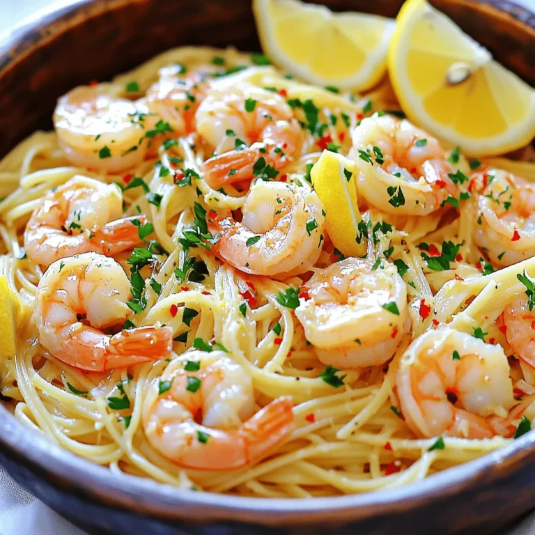 To make easy shrimp scampi, gather these ingredients: - 1 pound large shrimp, peeled and deveined - 6 tablespoons unsalted butter - 4 cloves garlic, minced - 1 teaspoon red pepper flakes (adjust to taste) - 1 cup chicken broth (or vegetable broth) - 1 lemon, juiced and zested - 8 ounces linguine or spaghetti - 1/4 cup fresh parsley, chopped - Salt and pepper to taste Using fresh shrimp makes a big difference. Look for shrimp that smell clean and sweet. If you can, buy wild-caught shrimp. It tastes better and is more sustainable. For the butter, unsalted lets you control the salt level. Fresh garlic gives a strong flavor. If you can’t find fresh, use jarred, but fresh is best. The red pepper flakes add heat. You can reduce this if you want a milder dish. The chicken broth adds depth, but vegetable broth is a good swap. If you have a shellfish allergy, try chicken or tofu instead of shrimp. For vegan options, replace butter with olive oil and use vegetable broth. You can also swap pasta for zucchini noodles or gluten-free pasta for a lighter meal. Enjoy experimenting with ingredients that fit your tastes and needs. For more details on cooking techniques, check the Full Recipe. 1. Cook the Pasta: Start by boiling water in a large pot. Add salt to the water. Cook the linguine or spaghetti until it is al dente. This takes about 8-10 minutes. Drain the pasta and keep 1/2 cup of pasta water for later. 2. Sauté the Garlic: In a large skillet, melt 4 tablespoons of butter over medium heat. Once melted, add minced garlic and red pepper flakes. Cook for about 1-2 minutes. Watch closely to avoid burning the garlic. 3. Add Shrimp: Raise the heat to medium-high. Place the shrimp in the skillet. Cook each side for 2-3 minutes. The shrimp should turn pink and curl up. Season with salt and pepper. 4. Create the Sauce: Pour in the chicken broth, lemon juice, and lemon zest. Stir well and let it simmer for 2-3 minutes. This helps the flavors blend and the sauce thicken. 5. Combine Pasta and Shrimp: Add the drained pasta to the skillet. Toss everything together, mixing the shrimp and sauce with the pasta. Use the reserved pasta water if the sauce needs to be thinner. 6. Finish with Butter: Stir in the last 2 tablespoons of butter. Mix until it melts and blends into the sauce. 7. Garnish and Serve: Take the skillet off the heat. Sprinkle fresh parsley on top. Serve the shrimp scampi warm, right from the skillet or in a bowl. - Prep Time: 10 minutes - Cook Time: 20 minutes - Total Time: 30 minutes - Servings: This recipe serves 4. For a visual guide, I suggest watching a video on shrimp scampi. Look for cooking channels that show step-by-step videos. They can help you see the cooking process and tips in action. You can also find images of each step online to help you visualize the dish. To make your Easy Shrimp Scampi shine, focus on a few key points. First, use fresh shrimp. Frozen shrimp work, but fresh has better taste. Next, don't rush the garlic. Sauté it slowly to bring out its sweet flavor. Keep an eye on the shrimp, cooking them just until pink. Overcooking makes them tough. Lemon zest adds a nice touch. Use it for a bright, fresh flavor. Avoid these common errors to ensure great results. First, don’t skip the reserved pasta water. This starchy water helps the sauce cling to your pasta. Second, don’t add salt to the shrimp too early. It can pull out moisture and make them rubbery. Lastly, be careful with the heat. High heat can burn the garlic. A gentle sauté is best for a perfect scampi. Having the right tools makes cooking easier and more fun. Here are a few must-haves for your kitchen: - Large pot for boiling pasta - Large skillet for sautéing - Tongs for flipping shrimp - Ladle for adding reserved pasta water - Zester for lemon zest - Sharp knife for mincing garlic Using these tools can help you create the best Easy Shrimp Scampi. For more details on making this dish, check out the Full Recipe. {{image_2}} You can change the flavor of shrimp scampi easily. If you love creamy sauces, add heavy cream or cream cheese. This will give you a rich, velvety taste. For a spicy kick, increase the red pepper flakes. You can also add a splash of hot sauce to make it even bolder. Want a hint of sweetness? Stir in a bit of honey or brown sugar to balance the heat. If shrimp isn’t your thing, try other proteins. Chicken is a great substitute. Cut it into small pieces and cook it until golden. Scallops are another tasty option. They cook quickly and have a sweet flavor. For a plant-based choice, use mushrooms or tofu. They soak up the flavors well and keep the dish hearty. You can adapt shrimp scampi to fit the seasons. In spring, add fresh asparagus or peas for a pop of color and taste. Summer is perfect for ripe tomatoes or corn, giving the dish a fresh twist. In fall, consider adding roasted pumpkin or butternut squash for a warm touch. Winter calls for hearty greens like kale or spinach, which add both color and nutrients. Each season brings new flavors to explore with this dish. For more ideas, check out the Full Recipe. Store leftover shrimp scampi in an airtight container. Let it cool to room temperature first. This step helps keep the shrimp tender and the flavors fresh. Place the container in the fridge within two hours of cooking. Make sure to eat leftovers within three days for the best taste. To reheat shrimp scampi, use a skillet over medium heat. Add a splash of broth or water to keep it moist. Heat for about 5 minutes, stirring gently. Alternatively, you can microwave it in short bursts. Start with 30 seconds, then check if it’s warm. Shrimp scampi lasts for about three days in the fridge. If you want to keep it longer, freeze it. Place it in a freezer-safe container or bag. It will stay good for up to three months. When ready to eat, thaw it in the fridge overnight before reheating. For the full recipe, check back to ensure you have all the details. The best shrimp for shrimp scampi is large, fresh, or frozen shrimp. Look for shrimp labeled as "U20" or "21/25." These numbers indicate that there are 20 or 21 to 25 shrimp per pound. Fresh shrimp has the best flavor. If using frozen shrimp, thaw them in cold water first. Yes, you can make shrimp scampi without pasta. You can serve it over rice, quinoa, or even zucchini noodles. For a low-carb option, use cauliflower rice. The buttery garlic sauce works well with many sides. To adjust the spice level in shrimp scampi, change the amount of red pepper flakes. For mild heat, use less than a teaspoon. For more spice, add more flakes or a dash of hot sauce. Always taste the sauce as you go. This helps you find the right balance for your palate. For the full recipe, check out the complete details above. In this article, we covered the essential ingredients for easy shrimp scampi, including substitutions for allergies. We also outlined step-by-step cooking instructions and shared timing tips. I provided helpful tricks to avoid common mistakes and suggested tools. Additionally, we explored flavor variations and discussed proper storage and reheating methods. Shrimp scampi is versatile and easy to make. Use these tips to create your perfect dish every time.