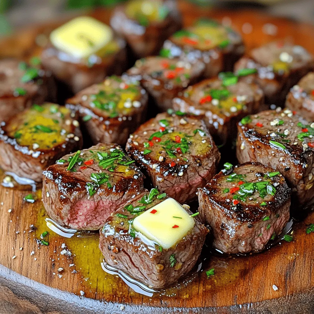- 1 lb sirloin steak - 4 tablespoons unsalted butter - 4 cloves of garlic, minced The main star of this dish is the sirloin steak. It gives a rich flavor and tender bite. I prefer using sirloin because it is both tasty and easy to cook. The unsalted butter adds a creamy texture and a great taste. Fresh garlic brings a punch of flavor that pairs well with the steak. - Fresh rosemary and parsley - Salt and pepper - Optional: red pepper flakes Fresh rosemary and parsley add a nice touch. They brighten up the dish with their colors and flavors. I always use salt and pepper to enhance the taste. If you like a little heat, red pepper flakes are a fun option. - Olive oil - Equipment needed for cooking Olive oil helps to sear the steak and adds a hint of flavor. You will need a large skillet for cooking. A spatula or tongs will help you flip the steak bites easily. Make sure to have some paper towels handy for drying the steak. This step makes a big difference in getting a good sear. You can find the full recipe [here](#). Start by patting the steak cubes dry with paper towels. This step is key for a nice sear. If the steak is wet, it won’t brown well. Once dry, season the steak cubes generously with salt and pepper. This simple seasoning brings out the meat's natural flavor. Now, let’s cook the steak. In a large skillet, heat the olive oil over medium-high heat until it shimmers. Add the steak cubes in a single layer. Be careful not to overcrowd the pan. Sear the steak for about 2-3 minutes without moving them. This helps form a good crust. After that, flip the steak bites and cook for another 2-3 minutes. Check for your desired doneness; medium-rare is about 130°F. Next, reduce the heat to medium. Add the butter, minced garlic, and rosemary to the pan. As the butter melts, use a spoon to baste the steak bites. Cook for another minute to let the flavors blend. Once done, remove the skillet from the heat. Sprinkle the steak bites with fresh parsley and, if you like, some red pepper flakes for heat. Let the steak bites rest for a couple of minutes. This keeps the juices inside and makes them tender. For presentation, serve the garlic butter steak bites on a large platter. Garnish with extra parsley and rosemary sprigs. For fun, add toothpicks for easy serving. Enjoy every bite! For the full recipe, check out the complete instructions. To get a great sear, start by patting the steak dry. Use paper towels and remove any moisture. This step is key because moisture prevents browning. When the steak is dry, it will brown nicely in the pan. Cook in batches to avoid crowding the pan. Overcrowding cools the pan down. This can lead to steaming instead of searing. Sear the steak cubes in a single layer. This way, they get a nice crust. Consider using different herbs to boost flavor. Fresh thyme, oregano, or basil can add a twist. You can also mix in some spices to adjust heat levels. Red pepper flakes add warmth, while paprika can give a sweet touch. Try different combinations to find your favorite. A meat thermometer helps ensure perfect doneness. For medium-rare, aim for about 130°F. Insert the thermometer into the thickest part of the steak. This gives you an accurate reading. Look for signs of doneness as well. Medium-rare steak is firm but still has some give. If it feels very firm, it may be overcooked. Letting the steak rest allows juices to settle. This keeps the steak juicy and delicious. {{image_2}} You can switch up the cut of steak for your garlic butter steak bites. Sirloin is great, but filet mignon is even more tender. Filet mignon gives a rich taste and melts in your mouth. If you want to save money, consider using flank or chuck steak. These cuts are tasty and budget-friendly. Just remember to cut them against the grain for tenderness. Enhancing flavors is easy. You can add different spices and herbs to the garlic butter. For a kick, try adding smoked paprika or thyme. You can also use sauces like teriyaki for a sweet twist. Mixing in chili sauce or soy sauce can bring a new layer of flavor. Experimenting helps you find your favorite taste! If you need gluten-free options, this recipe is already safe! Just check your butter and sauces. For low-carb diets, skip the red pepper flakes and pair with veggies. You can serve the steak bites with a salad or roasted cauliflower for a filling meal. These small changes make the dish fit your needs while keeping it delicious. To keep your garlic butter steak bites fresh, cool them quickly. Place them in a shallow dish and let them sit at room temperature for no more than two hours. Once cool, seal them in an airtight container. This keeps moisture in and prevents outside air from spoiling them. Store in the fridge for up to three days for the best taste. When it's time to enjoy leftovers, reheating them well is key. I recommend using a skillet over low heat. Add a little butter or oil for moisture. Warm the steak bites gently, stirring often, until heated through. This method keeps the steak juicy and flavorful without overcooking it. To freeze steak bites, make sure they are completely cool. Place them in a single layer on a baking sheet. Once frozen, transfer them to a freezer bag. Squeeze out the air and seal tightly. They can stay in the freezer for up to three months. When you're ready to enjoy them, thaw in the fridge overnight before reheating. This helps retain their taste and texture. Yes, you can use other cuts of steak. Ribeye and filet mignon work well. They are tender and flavorful. You can also try flank steak or sirloin. These cuts may need different cooking times. Always cut them into small, bite-sized pieces for even cooking. To reduce grease, use less butter. You can also drain excess fat after searing. Another tip is to choose a leaner cut of meat, like tenderloin. Pat the steak cubes dry before cooking. This helps to get a good sear without too much grease. Garlic butter steak bites go great with mashed potatoes or rice. You can also serve them with roasted vegetables. A fresh salad is a nice touch too. Try garlic bread for a tasty addition. These sides balance the rich flavors of the steak bites. In this post, I covered how to make garlic butter steak bites. You learned about the main ingredients, cooking steps, and tips for a perfect meal. I shared ways to store leftovers and answered common questions. Enjoying steak bites can bring joy to any dinner. Remember to try different cuts or flavors to keep it exciting. Simple changes can make a big difference. Happy cooking!