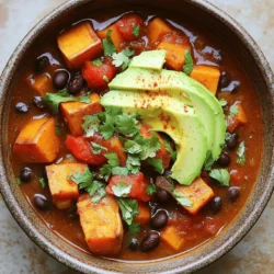 To make sweet potato and black bean chili, you need: - 2 medium sweet potatoes, peeled and diced - 1 can (15 oz) black beans, drained and rinsed - 1 can (14 oz) diced tomatoes with green chilies - 1 medium onion, chopped - 2 cloves garlic, minced - 1 red bell pepper, diced - 2 tablespoons olive oil - 1 tablespoon chili powder - 1 teaspoon cumin - 1 teaspoon smoked paprika - 1/2 teaspoon cayenne pepper (adjust to taste) - Salt and pepper to taste - 2 cups vegetable broth You can make your chili pop with these tasty toppings: - Fresh cilantro leaves - Avocado slices If you need to change ingredients, here are some ideas: - Use sweet potatoes with butternut squash for a different flavor. - Swap black beans with kidney beans or pinto beans. - Change the vegetable broth to chicken broth for a non-vegetarian option. - Use fresh tomatoes instead of canned, if you prefer. - For a spicier kick, add jalapeños or a hotter chili powder. These options keep the dish flavorful and fun! You can find the full recipe in the article. First, gather all your ingredients. You will need sweet potatoes, black beans, diced tomatoes, onion, garlic, and red bell pepper. Chop the onion and red bell pepper. Peel and dice the sweet potatoes. Mince the garlic. Drain and rinse the black beans. This prep helps the cooking process go smoothly. In a large pot, heat the olive oil over medium heat. Add the chopped onion and cook until it turns clear, about 5 minutes. Next, stir in the minced garlic and diced red bell pepper. Cook these for another 2-3 minutes until they soften. Now, add the diced sweet potatoes to the pot. Sprinkle in the chili powder, cumin, smoked paprika, cayenne pepper, salt, and pepper. Mix well to coat the sweet potatoes in the spices. Pour in the can of diced tomatoes with green chilies and the vegetable broth. Bring everything to a gentle boil. Once boiling, lower the heat and cover the pot. Let it simmer for about 20 minutes. Stir occasionally until the sweet potatoes are soft. When they are tender, stir in the black beans. Heat for another 5 minutes. Taste and adjust the seasoning if needed. Serve the chili hot. I recommend garnishing it with fresh cilantro leaves. You can also add avocado slices for a creamy contrast. This adds flavor and makes the dish look great. Enjoy your delicious creation! For the full recipe, check out the details above. When making sweet potato and black bean chili, avoid overcooking the sweet potatoes. They should be tender but not mushy. Also, don't skip on the spices. They add depth to the dish. Lastly, be mindful of your salt. Taste as you go to find the right balance. To boost flavor, try adding a splash of lime juice before serving. This brightens the dish. Fresh herbs, like cilantro, add freshness. For heat, consider adding sliced jalapeños or extra cayenne. You can also top with avocado for creaminess. A sturdy pot or Dutch oven works best for this chili. It helps cook evenly. A good knife is key for chopping veggies. Use a cutting board to keep your workspace tidy. Lastly, a can opener is necessary for those canned ingredients. For a smoother texture, consider using an immersion blender, but that’s optional. For the complete recipe, check the Full Recipe link. {{image_2}} This chili is already vegetarian and vegan. You can enjoy it without any meat. The sweet potatoes and black beans give it a rich taste. This dish is filling and satisfying. You can serve it with rice or bread. These options make it even better! You can swap ingredients to fit your needs. If you want low-sodium, use low-sodium black beans. Need it spicier? Add more cayenne or some jalapeños. For a creamy touch, try coconut milk instead of broth. You can also use quinoa in place of black beans. It adds protein and a unique taste. You can add regional flavors to spice things up. If you like a Mexican twist, try adding corn or lime juice. For a Southern flair, add smoked sausage or okra. Want a sweet touch? Toss in some diced mango or pineapple. These tweaks make the dish your own. For the full recipe, check out the Spicy Sweet Potato & Black Bean Chili . To keep your sweet potato and black bean chili fresh, let it cool first. Once cooled, place it in an airtight container. You can store it in the fridge for up to five days. Be sure to label the container for easy identification. If you want the best flavor, eat it within three days. When you are ready to enjoy your chili again, reheat it gently. You can use a pot on the stove or the microwave. If you use the stove, heat on low. Stir often to avoid burning. In the microwave, heat in short bursts. Stir between each burst until warm. Add a splash of broth if it seems too thick. You can freeze sweet potato and black bean chili for longer storage. Use freezer-safe containers or bags. Be sure to leave some space at the top, as the chili will expand when frozen. It can last for up to three months in the freezer. When you're ready to eat, thaw it in the fridge overnight. Reheat it on the stove or microwave before serving. For the full recipe, check out the detailed instructions provided above. Sweet Potato and Black Bean Chili has a mild to medium spice level. The cayenne pepper adds warmth, but you can adjust it to your taste. If you want more heat, add extra cayenne or a dash of hot sauce. For less spice, use less cayenne or skip it altogether. Yes, you can make this chili in a slow cooker. Just follow these steps: - Sauté the onion, garlic, and bell pepper in a pan. - Add all ingredients to the slow cooker, including the sautéed veggies. - Cook on low for 6-8 hours or on high for 4 hours. This method will let the flavors blend well and make the chili even tastier. Great sides for this chili include: - Cornbread - Rice or quinoa - A simple green salad - Tortilla chips with salsa These sides complement the chili's flavors and add texture to your meal. Yes, Sweet Potato and Black Bean Chili is gluten-free. All the ingredients used, like sweet potatoes, black beans, and spices, do not contain gluten. Always check labels to be sure, especially for canned goods. This chili is a hearty option for those avoiding gluten. For the full recipe, you can refer to the instructions and ingredients listed above. This blog post covered everything you need for making Sweet Potato and Black Bean Chili. We explored the key ingredients and optional garnishes, plus some easy substitutions. The step-by-step guide made preparation simple, and tips helped you avoid common cooking mistakes. We also looked at tasty variations and smart ways to store leftovers. Remember, you can adapt this chili to fit any diet. Enjoy experimenting with flavors. Your kitchen adventure awaits!