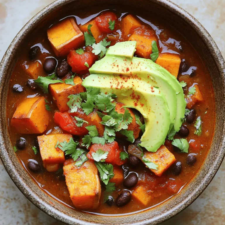 To make sweet potato and black bean chili, you need: - 2 medium sweet potatoes, peeled and diced - 1 can (15 oz) black beans, drained and rinsed - 1 can (14 oz) diced tomatoes with green chilies - 1 medium onion, chopped - 2 cloves garlic, minced - 1 red bell pepper, diced - 2 tablespoons olive oil - 1 tablespoon chili powder - 1 teaspoon cumin - 1 teaspoon smoked paprika - 1/2 teaspoon cayenne pepper (adjust to taste) - Salt and pepper to taste - 2 cups vegetable broth You can make your chili pop with these tasty toppings: - Fresh cilantro leaves - Avocado slices If you need to change ingredients, here are some ideas: - Use sweet potatoes with butternut squash for a different flavor. - Swap black beans with kidney beans or pinto beans. - Change the vegetable broth to chicken broth for a non-vegetarian option. - Use fresh tomatoes instead of canned, if you prefer. - For a spicier kick, add jalapeños or a hotter chili powder. These options keep the dish flavorful and fun! You can find the full recipe in the article. First, gather all your ingredients. You will need sweet potatoes, black beans, diced tomatoes, onion, garlic, and red bell pepper. Chop the onion and red bell pepper. Peel and dice the sweet potatoes. Mince the garlic. Drain and rinse the black beans. This prep helps the cooking process go smoothly. In a large pot, heat the olive oil over medium heat. Add the chopped onion and cook until it turns clear, about 5 minutes. Next, stir in the minced garlic and diced red bell pepper. Cook these for another 2-3 minutes until they soften. Now, add the diced sweet potatoes to the pot. Sprinkle in the chili powder, cumin, smoked paprika, cayenne pepper, salt, and pepper. Mix well to coat the sweet potatoes in the spices. Pour in the can of diced tomatoes with green chilies and the vegetable broth. Bring everything to a gentle boil. Once boiling, lower the heat and cover the pot. Let it simmer for about 20 minutes. Stir occasionally until the sweet potatoes are soft. When they are tender, stir in the black beans. Heat for another 5 minutes. Taste and adjust the seasoning if needed. Serve the chili hot. I recommend garnishing it with fresh cilantro leaves. You can also add avocado slices for a creamy contrast. This adds flavor and makes the dish look great. Enjoy your delicious creation! For the full recipe, check out the details above. When making sweet potato and black bean chili, avoid overcooking the sweet potatoes. They should be tender but not mushy. Also, don't skip on the spices. They add depth to the dish. Lastly, be mindful of your salt. Taste as you go to find the right balance. To boost flavor, try adding a splash of lime juice before serving. This brightens the dish. Fresh herbs, like cilantro, add freshness. For heat, consider adding sliced jalapeños or extra cayenne. You can also top with avocado for creaminess. A sturdy pot or Dutch oven works best for this chili. It helps cook evenly. A good knife is key for chopping veggies. Use a cutting board to keep your workspace tidy. Lastly, a can opener is necessary for those canned ingredients. For a smoother texture, consider using an immersion blender, but that’s optional. For the complete recipe, check the Full Recipe link. {{image_2}} This chili is already vegetarian and vegan. You can enjoy it without any meat. The sweet potatoes and black beans give it a rich taste. This dish is filling and satisfying. You can serve it with rice or bread. These options make it even better! You can swap ingredients to fit your needs. If you want low-sodium, use low-sodium black beans. Need it spicier? Add more cayenne or some jalapeños. For a creamy touch, try coconut milk instead of broth. You can also use quinoa in place of black beans. It adds protein and a unique taste. You can add regional flavors to spice things up. If you like a Mexican twist, try adding corn or lime juice. For a Southern flair, add smoked sausage or okra. Want a sweet touch? Toss in some diced mango or pineapple. These tweaks make the dish your own. For the full recipe, check out the Spicy Sweet Potato & Black Bean Chili . To keep your sweet potato and black bean chili fresh, let it cool first. Once cooled, place it in an airtight container. You can store it in the fridge for up to five days. Be sure to label the container for easy identification. If you want the best flavor, eat it within three days. When you are ready to enjoy your chili again, reheat it gently. You can use a pot on the stove or the microwave. If you use the stove, heat on low. Stir often to avoid burning. In the microwave, heat in short bursts. Stir between each burst until warm. Add a splash of broth if it seems too thick. You can freeze sweet potato and black bean chili for longer storage. Use freezer-safe containers or bags. Be sure to leave some space at the top, as the chili will expand when frozen. It can last for up to three months in the freezer. When you're ready to eat, thaw it in the fridge overnight. Reheat it on the stove or microwave before serving. For the full recipe, check out the detailed instructions provided above. Sweet Potato and Black Bean Chili has a mild to medium spice level. The cayenne pepper adds warmth, but you can adjust it to your taste. If you want more heat, add extra cayenne or a dash of hot sauce. For less spice, use less cayenne or skip it altogether. Yes, you can make this chili in a slow cooker. Just follow these steps: - Sauté the onion, garlic, and bell pepper in a pan. - Add all ingredients to the slow cooker, including the sautéed veggies. - Cook on low for 6-8 hours or on high for 4 hours. This method will let the flavors blend well and make the chili even tastier. Great sides for this chili include: - Cornbread - Rice or quinoa - A simple green salad - Tortilla chips with salsa These sides complement the chili's flavors and add texture to your meal. Yes, Sweet Potato and Black Bean Chili is gluten-free. All the ingredients used, like sweet potatoes, black beans, and spices, do not contain gluten. Always check labels to be sure, especially for canned goods. This chili is a hearty option for those avoiding gluten. For the full recipe, you can refer to the instructions and ingredients listed above. This blog post covered everything you need for making Sweet Potato and Black Bean Chili. We explored the key ingredients and optional garnishes, plus some easy substitutions. The step-by-step guide made preparation simple, and tips helped you avoid common cooking mistakes. We also looked at tasty variations and smart ways to store leftovers. Remember, you can adapt this chili to fit any diet. Enjoy experimenting with flavors. Your kitchen adventure awaits!