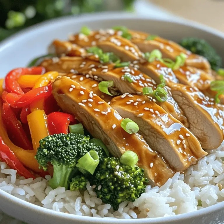 To make teriyaki chicken rice bowls, you need these main ingredients: - 2 boneless, skinless chicken breasts - 1 cup jasmine rice - 1 cup water - 1 bell pepper (red or yellow), sliced - 1 cup broccoli florets The flavor comes from a simple marinade. Gather these items: - 1 tablespoon sesame oil - 2 tablespoons soy sauce (low sodium) - 2 tablespoons honey - 1 tablespoon rice vinegar - 1 teaspoon fresh ginger, grated - 2 cloves garlic, minced - Salt and pepper to taste Garnishes add a nice touch. Use these to enhance your bowls: - 2 green onions, sliced - Sesame seeds To marinate chicken, start with a bowl. Mix soy sauce, honey, rice vinegar, ginger, and garlic. This mix adds great taste. Place the chicken breasts in the bowl. Make sure they are fully coated in the marinade. Let it sit for at least 15 minutes. For stronger flavor, marinate up to 1 hour. This process helps the chicken soak up the sauce. First, rinse the jasmine rice under cold water. Keep rinsing until the water is clear. This step removes extra starch. Then, place the washed rice in a pot with 1 cup of water. Bring it to a boil. Lower the heat to a simmer and cover. Cook for 15 minutes. After cooking, turn off the heat and let it rest for 5 minutes. Fluff the rice with a fork before serving. This makes the rice light and fluffy. In a skillet, heat sesame oil over medium heat. Add the marinated chicken to the pan. Cook for about 5-6 minutes on each side. The chicken should be golden brown and fully cooked. Check the internal temperature; it should reach 165°F. After cooking, let the chicken rest for 5 minutes before slicing. In the same skillet, add sliced bell pepper and broccoli florets. Sauté the veggies for about 4-5 minutes. They should be tender but still crisp. Lastly, add the reserved marinade to the pan and cook for 2-3 minutes. This helps thicken the sauce, making it even tastier. For the full recipe, check out the ingredients and instructions above. To get tender chicken, first marinate it. The marinade helps soften the meat. Use soy sauce, honey, and vinegar. Let it soak for at least 15 minutes. For best results, marinate it for an hour. Cook the chicken over medium heat. This keeps it juicy. Always check the internal temperature. It should reach 165°F for safety. Fluffy rice starts with rinsing the jasmine rice. Rinse until the water runs clear. This removes excess starch. Use a 1:1 ratio of rice to water. Bring the water to a boil first. Once boiling, lower the heat and cover. Let it simmer for 15 minutes. After cooking, let it rest for 5 minutes. This makes it light and fluffy. You can boost flavor with simple add-ins. Try adding bell peppers and broccoli. These complement the teriyaki sauce well. You can also use sesame seeds or green onions as toppings. These add texture and freshness. For a spicy kick, add sliced jalapeños. Feel free to get creative with your choices. Check out the Full Recipe for more ideas! {{image_2}} You can easily swap chicken for tofu in teriyaki bowls. Use firm tofu for the best results. Press the tofu to remove extra water. Cut it into cubes and marinate just like the chicken. Cook it until golden brown for a tasty vegetarian option. This version is just as satisfying and packed with flavor. Feel free to mix in various vegetables. Try snap peas, carrots, or mushrooms. Each veggie adds its own taste and texture. You can use frozen or fresh produce, depending on what you have. Sauté until they are just tender for the best crunch. Experimenting keeps your bowls exciting and fun. You can create your own teriyaki sauce for a personal touch. Start with soy sauce as a base. Add honey or brown sugar for sweetness. A splash of lime juice brightens the sauce. Want a kick? Add some chili paste or sriracha. Play with flavors to find your favorite blend. Check out the Full Recipe for ideas on how to make it your own. Store any leftover teriyaki chicken rice bowls in an airtight container. This keeps the dish fresh and tasty. Make sure to separate the chicken, rice, and veggies if possible. This way, they stay crisp and flavorful longer. When ready to eat your leftovers, reheat them gently. You can use the microwave or a skillet. If using a microwave, cover the bowl to keep moisture in. Heat in short bursts, stirring in between until warm. If using a skillet, add a splash of water to help steam the rice and veggies. Leftover teriyaki chicken rice bowls stay good in the fridge for about 3-4 days. For longer storage, you can freeze them. Place the cooled dish in a freezer-safe container. It will last up to 3 months in the freezer. To enjoy, thaw overnight in the fridge and reheat as mentioned above. For the best taste, use the Full Recipe within a few days of making it. Serve Teriyaki Chicken Rice Bowls hot. Start with a bed of fluffy jasmine rice. Top it with sliced chicken and colorful veggies. Drizzle extra teriyaki sauce on top for added flavor. Garnish with sesame seeds and green onions. This adds a nice crunch and fresh taste. Enjoy it right away for the best experience. Yes, you can use different rice types. Brown rice is a healthy choice. It adds more fiber and nutrients. Sushi rice works well too, giving a sticky texture. Quinoa can be a fun swap, adding protein. Just remember to adjust the cooking times and water ratios for each rice type. To adjust the marinade, consider using low-sodium soy sauce. This helps reduce salt intake. You can replace honey with maple syrup for a vegan option. Use coconut aminos as a soy-free alternative. For gluten-free needs, choose tamari instead of soy sauce. Feel free to experiment to fit your taste! Teriyaki chicken rice bowls are tasty and easy to make. We covered key ingredients, marinating tips, and cooking steps. You learned how to make fluffy rice and tender chicken. Plus, I shared some variations for vegetarians and creative sauces. Don’t forget to store leftovers properly to keep them fresh. Enjoy experimenting with flavors and ingredients. You now have the tools to create your own delicious teriyaki bowls at home. Dive in and make this dish your own!