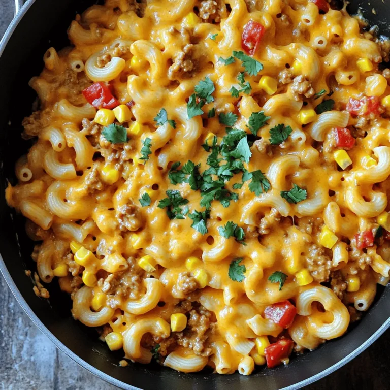 - 8 oz. elbow macaroni - 1 lb. ground chicken (or turkey) - 1 medium onion, diced - 1 red bell pepper, diced - 3 cloves garlic, minced - 1 packet taco seasoning - 2 cups chicken broth - 1 can (14 oz.) diced tomatoes, undrained - 1 cup corn (frozen or canned) - 1 cup shredded cheddar cheese - ½ cup sour cream - Fresh cilantro, chopped (for garnish) - Salt and pepper to taste Gather these ingredients for your One-Skillet Cheesy Taco Pasta. Each item plays a key role in creating a rich, cheesy flavor. The elbow macaroni gives the dish its base. Ground chicken or turkey adds protein and texture. Diced onion and red bell pepper bring sweetness and crunch. Minced garlic adds depth. The taco seasoning is a must for that classic taco flavor. Chicken broth keeps the pasta moist and flavorful. Diced tomatoes add acidity and balance. Corn gives a touch of sweetness. Shredded cheddar cheese melts into gooey goodness. Sour cream adds creaminess and tang. Fresh cilantro makes for a perfect garnish. Make sure to season with salt and pepper to enhance all those flavors. These ingredients together make a simple yet satisfying meal. You can check the [Full Recipe] for more details on how to combine them! 1. Heat olive oil and sauté vegetables Start with a large skillet. Pour in a drizzle of olive oil over medium heat. Add the diced onion and red bell pepper. Cook them for about 3-4 minutes until they soften. This step builds a solid base for your flavor. 2. Cook ground meat and add taco seasoning Next, stir in 1 pound of ground chicken or turkey. Cook it until fully browned, which should take about 5-7 minutes. Once the meat is ready, sprinkle the taco seasoning over it. Mix well and let it cook for a minute. This brings out the spices' full flavor. 3. Combine liquids and pasta Now, pour in 2 cups of chicken broth and a 14 oz. can of diced tomatoes (with juice). Add 8 oz. of elbow macaroni to the skillet. Bring the mixture to a boil. After it boils, reduce the heat and cover the skillet. Let it simmer for about 10-12 minutes. Stir it occasionally to keep everything mixed. 1. Simmer and cook pasta As the pasta simmers, check it for doneness. You want it to be al dente. This means it should be tender but still firm. This texture adds a nice bite to the dish. 2. Stir in corn, cheese, and sour cream Once the pasta is cooked, it’s time for the fun part! Stir in 1 cup of corn, 1 cup of shredded cheddar cheese, and ½ cup of sour cream. Mix until the cheese melts and everything is creamy and well combined. Taste it and add salt and pepper to your liking. 3. Final touches and plating After mixing, remove the skillet from the heat. Let it sit for a few minutes to thicken up. When ready, serve it hot. Garnish with fresh chopped cilantro for an extra burst of flavor. This One-Skillet Cheesy Taco Pasta is not just easy to make; it’s also a family favorite. Want the full details? Check the Full Recipe for all the steps! - How to avoid sticky pasta To keep your pasta from sticking, use plenty of water. Add a bit of salt to the water before it boils. Stir the macaroni often while it cooks. This will help it stay separate and cook evenly. - Ensuring perfect seasoning Taste as you go! Start with the taco seasoning, but adjust to your liking. If you want more spice, add a pinch of cayenne. If it’s too salty, add a touch of sugar. Balance is key. - Making the dish creamy and cheesy For a richer sauce, add more sour cream and cheese. Stir them in when the pasta is hot. This helps everything melt together. You can also use cream cheese for an extra creamy texture. - Best sides to pair with the dish Serve this pasta with a simple side salad or some garlic bread. Both add a nice crunch and freshness. You could also serve it with tortilla chips for a fun twist. - Garnishes for added flavor Fresh cilantro works great on top. You can also add sliced jalapeños for heat. A squeeze of lime juice brightens up the flavors too. - Creative serving ideas Try serving it in taco shells for a fun twist! You could also bake it in a casserole dish topped with more cheese. This gives a crunchy, golden layer that everyone loves. Check out the full recipe for more ideas! {{image_2}} You can easily switch up the proteins in this dish. Ground beef or turkey works great. If you're looking for plant-based options, try crumbled tofu or lentils. Both add great flavor and texture. Feel free to add more veggies too. Chopped spinach, zucchini, or mushrooms can boost nutrition. They blend well with the taco flavors. When it comes to cheese, you have choices. Pepper jack adds a nice kick. Monterey Jack or mozzarella can make it extra creamy. Mix and match to find your favorite combo. If you're avoiding gluten, look for gluten-free pasta. Many brands offer delicious options that cook just like regular pasta. This way, everyone can enjoy the meal. For a vegan version, swap the meat for beans or lentils. Use plant-based cheese or skip it altogether. Instead of sour cream, try cashew cream or a dairy-free yogurt. Low-carb eaters can switch pasta for zucchini noodles or spaghetti squash. It’s a tasty way to enjoy the dish without the carbs. You won't miss the pasta with all those taco flavors! Check out the Full Recipe for more details. Store leftover One-Skillet Cheesy Taco Pasta in an airtight container. This helps keep it fresh. It lasts in the fridge for about 3 to 5 days. When you want to eat it again, just reheat it in the microwave. Stir it well to ensure even heating. You can also warm it on the stovetop over low heat. Add a splash of broth if it seems dry. You can freeze this dish for later use. Let it cool completely before packing it into a freezer-safe container. Leave some space at the top for expansion. It can last in the freezer for about 2 to 3 months. To thaw, place it in the fridge overnight. For reheating, warm it slowly on the stovetop or microwave. The texture may change slightly, but it will still taste great! Can I make this dish ahead of time? Yes, you can make One-Skillet Cheesy Taco Pasta ahead of time. Cook the dish and let it cool. Then, store it in an airtight container in the fridge. When you’re ready to eat, just reheat it on the stove or in the microwave. The flavors will still be great! What can I use instead of chicken broth? If you don’t have chicken broth, use vegetable broth or water. You can also use beef broth for a different taste. Keep in mind that the flavor may change a bit, but it will still be tasty. Is it possible to make this recipe in a slow cooker? Yes, you can adapt this recipe for a slow cooker. Brown the meat and veggies in a pan first. Then, transfer everything to the slow cooker. Add all other ingredients and cook on low for 4-6 hours. This method makes it super easy! Can I add beans to the One-Skillet Cheesy Taco Pasta? Absolutely! Beans add protein and fiber. You can use black beans, pinto beans, or even kidney beans. Drain and rinse canned beans before adding them to the skillet. They mix well with the flavors and make the dish heartier. How do I make it spicier? To spice things up, add diced jalapeños or a dash of hot sauce. You can also use spicy taco seasoning instead of regular. Adjust the heat to your liking, and enjoy the kick! What’s the best way to serve this dish for a party? For a party, serve the One-Skillet Cheesy Taco Pasta in a large bowl. Offer toppings like extra cheese, sour cream, and fresh cilantro on the side. This way, guests can customize their plates. You can also pair it with tortilla chips for a fun crunch! For the full recipe, check out the detailed instructions above. This blog post covered everything you need for a tasty One-Skillet Cheesy Taco Pasta. You learned about the main ingredients, step-by-step cooking instructions, and useful tips. We also explored fun variations and how to store leftovers. Enjoy your cooking adventure! This dish is simple and delicious, perfect for any meal. With a few swaps or tweaks, you can make it your own. Cooking should be fun, and this recipe makes that easy!
