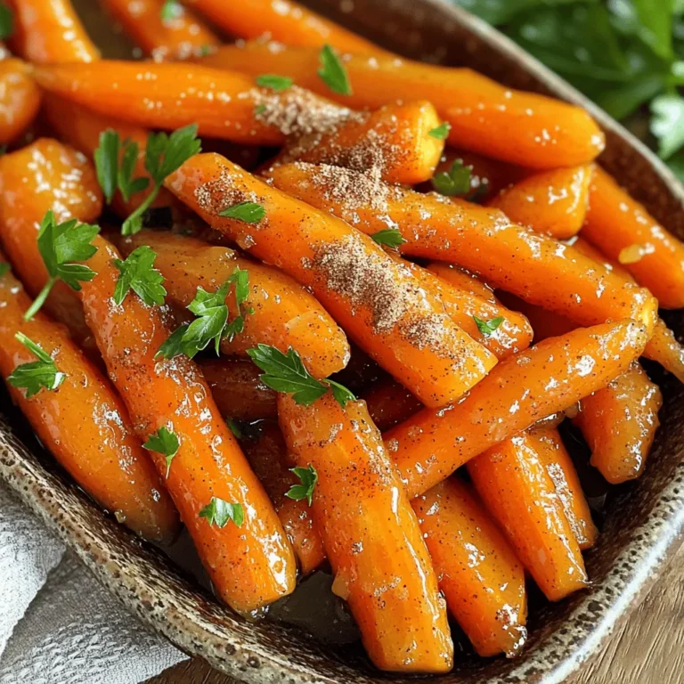 To create these tasty maple glazed carrots, you need just a few simple ingredients. They come together to make a delightful dish. Here is the list of ingredients you will need: - 1 pound baby carrots (or sliced regular carrots) - 2 tablespoons unsalted butter - 3 tablespoons pure maple syrup - 1 tablespoon brown sugar - 1 teaspoon cinnamon - Salt and pepper to taste - Fresh parsley, for garnish These ingredients work well together. The sweet maple syrup pairs nicely with the earthy carrots. The butter adds richness, while the brown sugar and cinnamon give depth to the flavor. Fresh parsley not only adds color but also a fresh taste. When you gather these items, you set the stage for a dish that shines at any dinner table. For the full recipe, check out the recipe section above. - Wash and peel carrots if necessary. - Cut regular carrots into uniform sticks or rounds. Start by washing your carrots under cool water. If you have baby carrots, you can skip peeling. For regular carrots, peeling them helps with taste. After peeling, slice the carrots into even sticks or rounds. This helps them cook evenly. - Melt butter in a skillet. - Sauté carrots until slightly softened. - Add brown sugar and cinnamon. Now, heat a large skillet over medium heat. Add the unsalted butter and let it melt. Once the butter is bubbly, add the carrots to the skillet. Sauté for about 5 minutes. Stir them often until they soften a bit. This step brings out the natural sweetness of the carrots. Next, sprinkle the brown sugar and cinnamon over the carrots. Stir well to coat them evenly. - Pour in maple syrup and cook until tender. - Season and garnish before serving. After mixing in the sugar and cinnamon, it's time for the star ingredient: maple syrup. Pour it in and cook for another 5-7 minutes. Keep stirring until the carrots are tender and the glaze thickens slightly. Finally, season with salt and pepper to taste. This will enhance all the sweet flavors. Transfer the carrots to a serving dish. Garnish with freshly chopped parsley for a pop of color. For the complete details, check out the Full Recipe for Maple Glazed Carrots. To make your maple glazed carrots shine, cook on medium heat. This heat allows the syrup to caramelize without burning. Stir occasionally to prevent sticking. This will help coat each carrot evenly with the sweet glaze. You can use baby carrots or regular carrots. Baby carrots are sweet and tender. Regular carrots have a stronger flavor and can be cut into sticks or rounds. Always select fresh, high-quality produce. Look for firm carrots with a vibrant color. Avoid carrots that are soft or have blemishes. A stunning presentation makes your dish pop. Garnish with fresh parsley for a splash of color. You can also add a sprinkle of nuts for texture. Serve these carrots on a beautiful platter. They pair well with roasted meats or as part of a festive spread. For a casual meal, place them in a simple bowl for easy serving. For the complete recipe, check the [Full Recipe]. {{image_2}} You can add toasted pecans or walnuts for a lovely crunch. The nuts give a nice texture contrast to the soft carrots. Just chop them roughly and sprinkle them on top. Toast them lightly in a dry pan for more flavor. This simple addition makes the dish more exciting. For a fun twist, try adding nutmeg or ginger. A pinch of nutmeg brings warmth to the dish. Ginger adds a zesty kick that brightens the flavor. You can mix these spices into the butter before adding the carrots. Adjust the amount to your taste. These spices make your maple glazed carrots unique and special. If you want to switch things up, you can use honey or agave syrup. Both sweeteners work well in place of maple syrup. Honey gives a floral note, while agave is milder. Just keep the same amount as the maple syrup in the recipe. This way, you can enjoy a different flavor profile. To store leftovers, let the carrots cool first. Place them in an airtight container. This helps keep them fresh. Seal the container well to avoid air. Store the container in the fridge. Use the leftover carrots within three days for the best taste. You can freeze maple glazed carrots for later. First, let them cool completely. Then, place them in a freezer-safe bag. Remove as much air as possible before sealing. Label the bag with the date. To reheat, thaw the bag in the fridge overnight. Then, warm them in a skillet over low heat until hot. Freshness matters for tasty maple glazed carrots. When stored in the fridge, they last about three days. In the freezer, they can last up to six months. For the best quality, enjoy them sooner. Check for any off smells or changes in color before eating. Yes, you can use frozen carrots. They save time, but the texture may change. Frozen carrots might become softer than fresh ones. Cook them for a shorter time to avoid mushiness. Start with about 3-4 minutes in the skillet. To make this recipe vegan, swap butter for a plant-based option. Use coconut oil or vegan butter. For maple syrup, make sure it is pure and vegan-friendly. This ensures your dish remains sweet and delicious without animal products. Maple glazed carrots go well with many dishes. They pair nicely with roasted chicken or pork. You can also serve them with quinoa or rice. Add a fresh salad for a complete meal. These carrots add a sweet touch to any plate. For more ideas, check the Full Recipe. In this post, we explored how to make maple glazed carrots step by step. We looked at the right ingredients, cooking process, and ways to achieve a perfect glaze. I shared tips on carrot selection and adding nuts for extra crunch. This dish is simple yet delicious and can fit various occasions. Whether for dinner or a special event, these carrots make a lovely side. Enjoy your cooking, and don’t hesitate to try the variations or storage tips to make it your own.