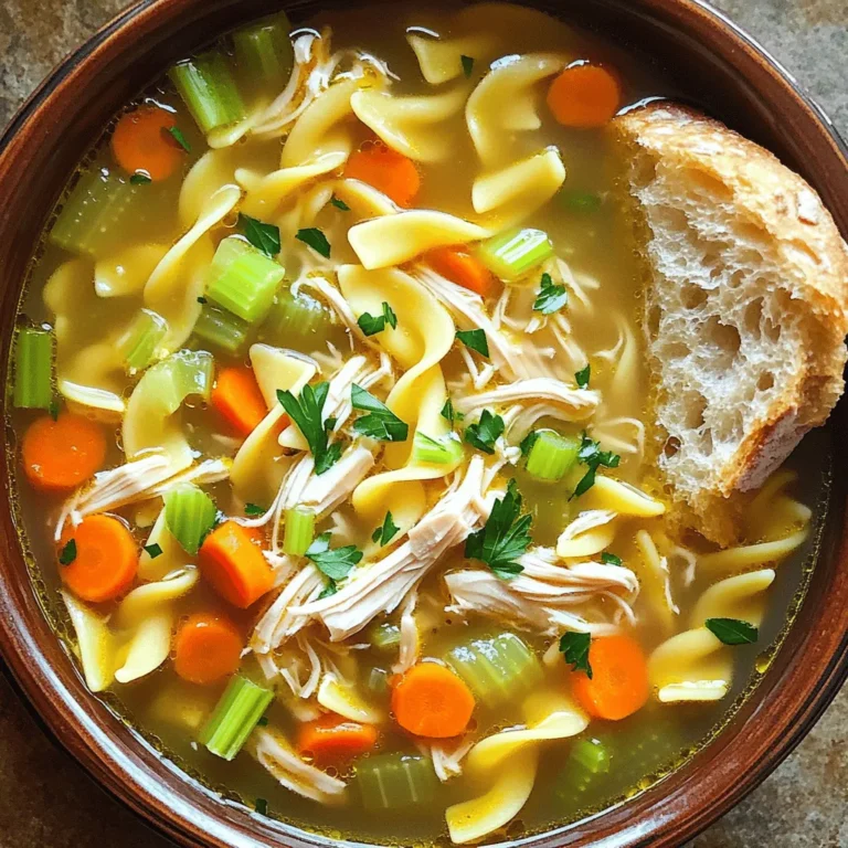 To make delicious chicken noodle soup, gather these key ingredients: - 2 tablespoons olive oil - 1 medium onion, diced - 2 carrots, sliced - 2 celery stalks, sliced - 3 cloves garlic, minced - 1 teaspoon dried thyme - 1 teaspoon dried rosemary - 6 cups chicken broth - 2 cups cooked chicken, shredded (rotisserie chicken works great) - 1 cup egg noodles - 1 cup frozen peas - Salt and black pepper to taste - Fresh parsley, chopped (for garnish) These ingredients create a warm and hearty soup. The broth is the base, while the chicken adds protein. The veggies bring color and crunch. For a flavor boost, consider adding these optional ingredients: - Lemon juice for brightness - Bay leaves for depth - Fresh dill or basil for a garden touch - Corn or mushrooms for extra texture These add-ins can enhance your soup and make it unique. They allow you to tailor the flavor to your liking. If you have dietary needs, here are some simple swaps: - Use vegetable broth instead of chicken broth for a vegetarian option. - Swap egg noodles for gluten-free pasta if needed. - Use tofu or chickpeas in place of chicken for a plant-based meal. These substitutions ensure everyone can enjoy this comforting dish. You can find the Full Recipe online for more details on how to prepare this soup perfectly. Start by gathering all your ingredients. You will need olive oil, onion, carrots, celery, garlic, thyme, rosemary, chicken broth, cooked chicken, egg noodles, peas, salt, pepper, and parsley. Heat the olive oil in a large pot over medium heat. Add the diced onion, sliced carrots, and sliced celery. Sauté these for about 5 minutes until they soften. Stir in the minced garlic, dried thyme, and dried rosemary. Cook for one more minute until you smell the herbs. Next, pour in the chicken broth. Bring the soup to a boil, then lower the heat to a simmer. Add the shredded chicken and egg noodles. Cook for about 7 to 8 minutes until the noodles are tender. Stir in the frozen peas and let them cook for 2 more minutes. Finally, season with salt and black pepper to taste. Timing is key for perfect noodles. Start cooking the noodles when you add the chicken broth. This way, they won’t overcook. Egg noodles cook quickly, so check them after 7 minutes. If they are soft, they are done. If not, give them another minute. Always taste a noodle to make sure it’s just right. Personalize your soup by adjusting the flavors. If you like more herbs, add extra thyme or rosemary. For a bit of heat, try adding a pinch of red pepper flakes. If you want a richer taste, use homemade chicken broth instead of store-bought. You can also stir in lemon juice for brightness. Always taste your soup before serving to ensure it’s perfect. For the full recipe, check back to see how to make your chicken noodle soup shine! Avoid adding raw chicken to the soup at the start. This can lead to tough meat. Always cook chicken first. Also, don’t skip the sautéing step. It brings out the flavors in your veggies. If you add too much salt early, you can't fix it later. Taste your soup as it cooks. To keep chicken moist, use rotisserie chicken if you can. It is already cooked and flavorful. Shred it just before adding it to the soup. This prevents it from drying out. Also, add the chicken towards the end of cooking. This helps it warm up without overcooking. Fresh herbs can really boost your soup’s flavor. Try adding fresh parsley or thyme at the end. This gives the soup a bright, fresh taste. You can also add a squeeze of lemon juice for extra zing. If you love basil, toss in a few leaves. It adds a nice twist to the classic soup. {{image_2}} You can make a delicious vegetarian version of chicken noodle soup. Start by swapping the chicken broth for vegetable broth. Use mushrooms to add depth. They give a hearty flavor that mimics chicken. Add chickpeas or lentils for protein. This makes the soup filling and nutritious. Stick with your favorite veggies like carrots, celery, and peas. You can still use egg noodles or switch to a plant-based noodle. To make this soup gluten-free, choose gluten-free noodles. Many brands offer great options made from rice or quinoa. Make sure to read the labels carefully. Use gluten-free chicken broth to keep it safe. You can also add more vegetables to make up for the noodles. Zucchini or spiralized veggies work well. They add texture without the gluten. Egg noodles are great, but there are many other choices. You can try rice noodles for a light option. They soak up flavors well and cook quickly. Whole wheat noodles add fiber and a nutty taste. If you're feeling adventurous, use spiralized zucchini. They add a fun twist and keep it healthy. Choose the noodle that fits your taste and diet. Each option brings a unique flavor to your comforting bowl of soup. For the full recipe, check out the Cozy Chicken Noodle Soup section. To keep your soup fresh, let it cool first. Then, pour it into an airtight container. Make sure to leave some space at the top, as the soup may expand when frozen. You can store it in the fridge for up to three days. If you want it longer, freeze it! When you reheat your soup, do it slowly. Pour the soup into a pot and warm it over low heat. Stir it often to help it heat evenly. If it looks thick, add a splash of broth or water to thin it. Taste and adjust the seasoning if needed. Freezing is a great way to save soup for later. Use freezer-safe containers or bags. Label them with the date so you know when to use them. Chicken noodle soup can last in the freezer for about three months. To enjoy it, thaw it overnight in the fridge or use the microwave. For the best taste, try to eat it within a month. This way, you keep all those yummy flavors! Enjoy your cozy chicken noodle soup whenever you want! For the full recipe, check out the Cozy Chicken Noodle Soup section. Homemade chicken noodle soup lasts about 3 to 4 days in the fridge. Store it in an airtight container to keep it fresh. When you want to eat it again, just reheat on the stove or in the microwave. Yes, you can use raw chicken in this recipe. Just chop it into small pieces and add it to the pot with the vegetables. Cook it until it is fully done before adding the broth. This adds great flavor to your soup. Chicken noodle soup pairs well with crusty bread or a fresh salad. You can serve it with grilled cheese sandwiches for a fun twist. The bread helps soak up the tasty broth. To spice up your soup, add crushed red pepper flakes or a dash of hot sauce. You could also mix in a bit of cayenne pepper for heat. Start with a small amount and taste as you go. This way, you get your perfect spice level without overwhelming the dish. In this article, we explored how to make homemade chicken noodle soup. We covered the essential and optional ingredients, plus substitutions for dietary needs. You learned step-by-step cooking instructions and tips to avoid common mistakes. We also discussed variations for different diets and storage methods for leftovers. Homemade chicken noodle soup is healthy and hearty. You can adapt it to suit your taste. Enjoy making your own delicious bowl!