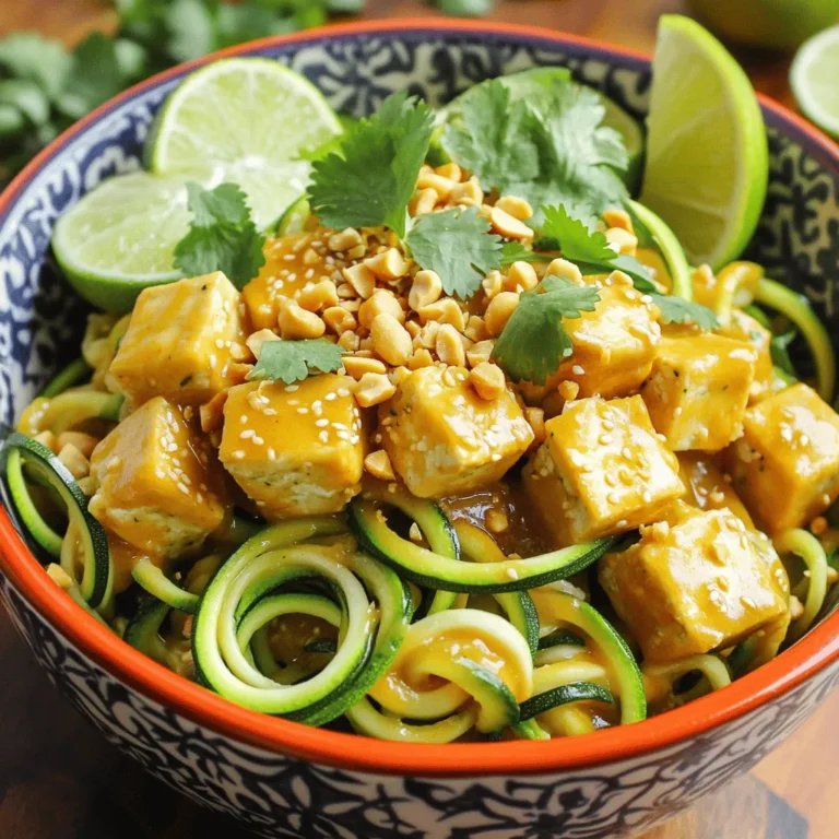 - Zucchini and Tofu - 2 medium zucchinis, spiralized - 1 cup firm tofu, cubed - Sauces and Seasonings - 2 tablespoons peanut butter - 2 tablespoons soy sauce (or tamari for gluten-free) - 1 tablespoon lime juice - 1 tablespoon tamarind paste - 1 tablespoon coconut sugar (or brown sugar) - 2 cloves garlic, minced - 1 tablespoon sesame oil - Garnishes - 2 green onions, chopped - 1/4 cup bean sprouts - Crushed peanuts for garnish - Lime wedges for serving - Fresh cilantro for garnish This Zucchini Noodle Pad Thai is a fun twist on the classic dish. You get the same great taste with a lighter touch. Zucchini noodles are fresh and full of flavor. They soak up the sauce well, making each bite delicious. Tofu adds a nice protein boost and absorbs all the flavors. To start, spiralize the zucchinis into noodles. This gives you that nice, noodle-like texture. Next, cube your firm tofu. This will help it brown nicely and hold its shape while cooking. For the sauces, we mix peanut butter, soy sauce, lime juice, tamarind paste, and coconut sugar. This blend creates a sweet and tangy sauce that brings everything together. Don't forget the garnishes! Green onions and bean sprouts add a nice crunch and freshness. Crushed peanuts give a delightful crunch, while lime wedges add a tangy kick. Fresh cilantro ties it all together with its unique taste. If you want the full recipe, check it out for all the steps. Enjoy cooking and eating this healthy, tasty meal! To start, you need to prepare the tofu. Cut the firm tofu into small cubes. Heat 1 tablespoon of sesame oil in a non-stick skillet over medium heat. Once hot, add the tofu. Cook it for about 5 to 7 minutes. You want it golden brown on all sides. When done, remove the tofu from the skillet and set it aside. This step adds protein and gives a nice texture. Next, let's make the sauce. In a small bowl, combine 2 tablespoons of peanut butter, 2 tablespoons of soy sauce, 1 tablespoon of lime juice, 1 tablespoon of tamarind paste, and 1 tablespoon of coconut sugar. Whisk these ingredients together until smooth. Taste it, and adjust if needed. This sauce will bring the flavors together in your dish. Now, it's time to cook the zucchini noodles. In the same skillet, add 2 cloves of minced garlic. Sauté it for about 30 seconds until it smells great. Then, add the spiralized zucchini noodles. Cook them for 2 to 3 minutes. You want them soft but still a bit crunchy. This helps keep the nutrients intact. After the zucchini noodles are cooked, add the tofu back into the skillet. Pour the prepared sauce over everything. Toss the noodles and tofu until they are well-coated with sauce. Cook for another 1 to 2 minutes. This step ensures every bite is full of flavor. Next, stir in 2 chopped green onions and 1/4 cup of bean sprouts. Cook for one more minute. This adds a fresh crunch to your dish. It also boosts the nutrient content, making it even healthier. To serve, divide the Zucchini Noodle Pad Thai among your plates. Garnish with crushed peanuts, fresh cilantro, and lime wedges. This adds color and flavor. Enjoy your delicious meal that is both flavorful and healthy! For the full recipe, check out the details above. To get the best zucchini noodles, start by spiralizing your zucchinis. Use a spiralizer for even noodles. If you don’t have one, a vegetable peeler works too. Aim for thin, long strands to mimic traditional noodles. Once you spiralize, make sure to salt them lightly. This helps draw out excess moisture. Let them sit for about 10 minutes, then pat them dry with paper towels. This step keeps the dish from becoming watery. When cooking, sauté the noodles for just 2-3 minutes. You want them tender but still a bit crunchy. Overcooking can make them mushy. If you want to change up the flavors, there are many options. Here are a few ideas: - Add protein: Try shrimp, chicken, or tempeh for more texture. - Use different nuts: Swap crushed peanuts for cashews or almonds. - Spice it up: Add red pepper flakes or sriracha for heat. - Fresh herbs: Toss in basil or mint for a fragrant twist. The right tools make cooking easier and more fun. Here’s what I recommend: - Spiralizer: For making perfect zucchini noodles. - Non-stick skillet: Prevents sticking and makes cooking simple. - Whisk: For mixing your sauce smoothly. - Measuring spoons: To ensure you get the right amounts. These tools help you create a delicious Zucchini Noodle Pad Thai that impresses every time. For the full recipe, check out the details above. {{image_2}} You can add more protein to your Zucchini Noodle Pad Thai. Cooked chicken, shrimp, or even tempeh work well. To keep it simple, just cube the protein and cook it in the skillet. For vegan options, stick with tofu or try chickpeas. They add a nice texture and flavor. This dish can easily fit a vegan or gluten-free diet. Use tamari instead of soy sauce for a gluten-free option. For a vegan twist, swap the eggs with extra tofu or some veggies. You can also use coconut aminos for a sweet and savory touch without soy. You can change the flavors to match your taste. Want it spicy? Add red pepper flakes or sriracha to the sauce. For a sweeter taste, add more coconut sugar. If you like tang, squeeze in more lime juice. This recipe allows you to play with the flavors, making it your own. For the complete Zucchini Noodle Pad Thai recipe, check out the Full Recipe section. To keep your Zucchini Noodle Pad Thai fresh, place leftovers in an airtight container. This keeps moisture in but prevents any odors from other foods. Store it in the fridge for up to three days. Make sure the dish cools down before sealing the container. This will help avoid steam build-up, which can make the noodles soggy. Reheating Zucchini Noodle Pad Thai is easy. You can use either the microwave or the stove. If using the microwave, place the leftovers in a bowl, cover it loosely, and heat for about one to two minutes. Stir halfway through for even heating. If you prefer the stove, add a splash of water or oil in a skillet over medium heat. Heat for about three to five minutes, stirring gently. This method helps refresh the texture of the noodles. You can freeze Zucchini Noodle Pad Thai, but the texture changes when thawed. To freeze, let the dish cool completely. Then, portion it into freezer-safe bags or containers. Remove as much air as possible to prevent freezer burn. It can last for up to three months in the freezer. When you’re ready to eat, thaw it overnight in the fridge before reheating. For best results, consider cooking fresh zucchini noodles when you’re ready to serve. For the Full Recipe, check back to master this delightful dish! Zucchini noodles are low in calories and carbs. They add vitamins and minerals to your diet. Zucchini is high in fiber, which helps digestion. Using zucchini noodles instead of traditional pasta makes meals lighter. This swap also boosts your veggie intake. They are gluten-free, making them a great choice for many people. You can easily spiralize zucchini at home, which is fun and simple. Plus, they soak up flavors well, making your Zucchini Noodle Pad Thai even tastier. Yes, you can prepare Zucchini Noodle Pad Thai in advance. Cook the dish, then store it in an airtight container. Keep it in the fridge for up to three days. When you're ready to eat, just reheat it in a skillet. This method helps save time for busy days. However, the zucchini noodles may lose some crunch after reheating. To keep them fresh, consider making the sauce and tofu ahead, then add the zucchini noodles just before serving. To add heat, try using chili paste or sriracha. Mix it into the sauce for a spicy kick. You can also add red pepper flakes when cooking the zucchini. If you enjoy fresh heat, toss in sliced fresh chili peppers. Start with a little, then taste to see if you want more. Remember, you can always add spice, but it’s hard to take it away. Pad Thai pairs well with light side dishes. Try a simple cucumber salad for a refreshing crunch. A Thai-style mango salad adds sweetness and flavor. You can also serve spring rolls with a dipping sauce. These options keep the meal balanced and fun. They enhance your dining experience without overshadowing the main dish. You can find tamarind paste in many grocery stores. Look in the international aisle, especially near Asian or Indian foods. It is often near other sauces and pastes. You can also find it in health food stores. If you prefer online shopping, many websites sell tamarind paste. This ingredient adds a unique tangy flavor to your Zucchini Noodle Pad Thai. If you can't find it, consider using lime juice as a substitute, though the taste will differ. In this blog post, I covered the key ingredients for a tasty Zucchini Noodle Pad Thai. You learned how to prepare tofu, make the sauce, and cook zucchini noodles. I shared tips for achieving the right texture, along with storage and serving ideas. Consider trying variations to suit your taste, like adding proteins or enhancing flavors. Embrace the creativity in cooking this dish. Enjoy your Pad Thai adventure!