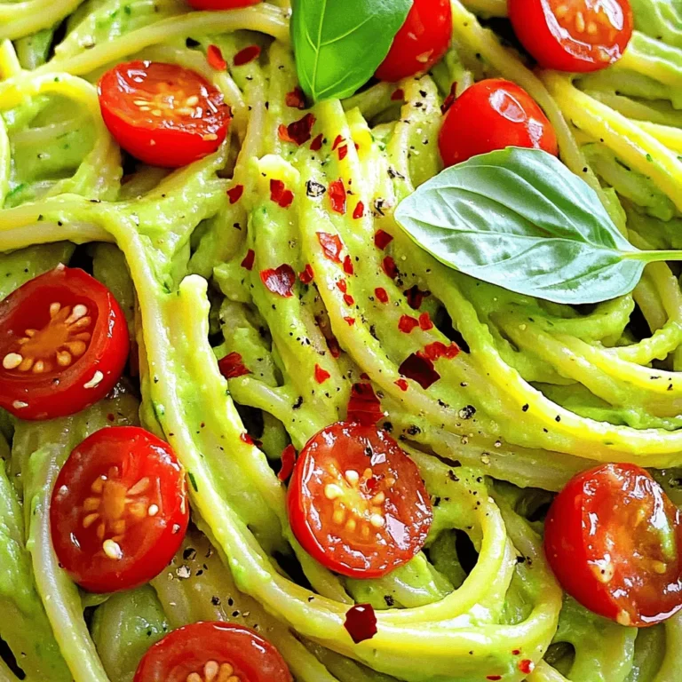 - 2 ripe avocados, halved and pitted - 12 oz spaghetti or your choice of pasta - 2 cloves garlic, minced - 1 tablespoon lemon juice The main ingredients make the dish creamy and fresh. Ripe avocados are key, as they bring a rich texture. Choose spaghetti or any pasta you like. Garlic adds a nice kick, while lemon juice brightens everything up. - 1/4 cup grated Parmesan cheese - Cherry tomatoes, halved (for garnish) - Red pepper flakes (optional, for heat) Adding Parmesan cheese gives the dish a savory depth. Cherry tomatoes add color and sweetness. If you enjoy heat, red pepper flakes are a great choice. - Food processor - Large pot for boiling pasta A food processor helps blend the sauce into a creamy mix. Use a large pot to boil the pasta. These tools make the cooking process quick and easy. For the full recipe, check the [Full Recipe]. Enjoy making a delicious dish with these simple ingredients! Start by boiling a large pot of salted water. The salt adds flavor to the pasta. Once the water is boiling, add 12 oz of spaghetti or your choice of pasta. Cook until it is al dente, which means it should still have a bit of firmness. This usually takes about 8 to 10 minutes. After cooking, drain the pasta, but remember to save about 1/2 cup of the pasta water. This water will help make your sauce creamy. While your pasta cooks, let’s make the sauce. Take 2 ripe avocados and cut them in half. Scoop out the flesh and put it in a food processor. Add 2 cloves of minced garlic, 1 tablespoon of lemon juice, 1/4 cup of fresh basil leaves, and 1/4 cup of extra virgin olive oil. Blend everything until it is smooth and creamy. If the sauce is too thick, add a little of the reserved pasta water. Mix until you reach a nice, creamy consistency. Once your pasta is ready and drained, put it back in the pot. Pour the creamy avocado sauce over the pasta. Toss gently until every strand is well coated. Now, season your dish with salt and pepper to taste. If you like, add 1/4 cup of grated Parmesan cheese for extra flavor. Serve the pasta in bowls and garnish it with halved cherry tomatoes and a sprinkle of red pepper flakes if you want some heat. Enjoy this fresh and tasty meal! For the full recipe, check the details above. To make the best creamy avocado sauce, start with ripe avocados. Look for ones that are firm but yield slightly when you press gently. If they feel hard, they are not ready. If they feel mushy, they are overripe. For a smooth sauce, blend the avocado with garlic, lemon juice, basil, and olive oil. If it’s too thick, add some reserved pasta water. This helps achieve the perfect creamy texture. To boost flavor, think about adding herbs like parsley or dill. You can also sprinkle in some crushed red pepper flakes for a little heat. For garnishing, halved cherry tomatoes add color and freshness. A sprinkle of grated Parmesan cheese elevates the dish even more. Cook pasta until it's al dente, which means it should still have a slight bite. This adds texture to the dish. Always reserve some pasta water before draining. This water is starchy and can help adjust the sauce's thickness. It’s a simple trick that makes a big difference! {{image_2}} You can add protein to your creamy avocado pasta for a heartier meal. Grilled chicken or shrimp gives great flavor and texture. They cook quickly and pair well with the creamy sauce. For a vegetarian option, try tofu or chickpeas. Both add protein and blend nicely with the dish. If you need gluten-free options, choose gluten-free pasta. There are many kinds available that cook just like regular pasta. For a vegan dish, you can skip the cheese. The creamy avocado sauce stands strong on its own without it. To spice it up, add chopped jalapeños to the sauce. This gives your pasta a nice kick. For an Italian twist, use sun-dried tomatoes. They add a rich flavor that complements the avocado beautifully. Don’t be afraid to mix and match these ideas to create your perfect dish. For the complete recipe, check out the Full Recipe section! To store leftover creamy avocado pasta, place it in an airtight container. Make sure it is sealed well to keep the air out. This helps to slow down browning. You can keep it in the fridge for up to 2 days. After that, the taste and texture may change. Always check for any off smells or changes in color before eating. If you want to freeze creamy avocado pasta, follow these steps. First, let the pasta cool completely. Then, place it in a freezer-safe container or bag. Try to remove as much air as possible. You can freeze it for up to 2 months. When you’re ready to eat, thaw it in the fridge overnight. To reheat, place the pasta in a pot over low heat. Add a splash of water or extra olive oil. Stir gently until it warms through. You may need to add a bit more avocado or lemon juice to bring back the creaminess. Enjoy your meal as if it was freshly made! Can I make creamy avocado pasta ahead of time? Yes, you can make creamy avocado pasta ahead. However, the sauce may brown due to oxidation. To slow this, add lemon juice to the sauce. Store it in an airtight container in the fridge. When ready to eat, just mix it with freshly cooked pasta. What can I substitute for avocado? If you don’t have avocados, try using silken tofu. It gives a creamy texture without the fat. Another option is to use cooked butternut squash. Both will alter the flavor but still create a delicious sauce. How do I know when avocados are ripe? To check if avocados are ripe, gently squeeze them. They should feel slightly soft but not mushy. The skin should also be dark green or black, depending on the variety. If you see a stem, you can pop it off. If it’s green underneath, the avocado is ripe. Can I use other types of pasta? Absolutely! You can use any pasta you like. Whole wheat, gluten-free, or even spiralized veggies work well. The key is to cook the pasta al dente. This means it should be firm when bitten. Is creamy avocado pasta healthy? Yes! Creamy avocado pasta is packed with healthy fats from avocados. It also has fiber and vitamins. The dish is a great option for a balanced meal. Just watch the portion sizes if you are mindful of calories. How can I reduce calories in this dish? To lower the calories, use less pasta and more veggies. You can also skip the cheese or use a lighter version. Reducing the amount of olive oil in the sauce can help too. For a lighter meal, serve it with a side salad. For the full recipe, check out the [Full Recipe]. This blog post covered how to make creamy avocado pasta easily and deliciously. You learned about the main ingredients, step-by-step instructions, tips for flavor, and how to store leftovers. You can also customize the dish with proteins and dietary swaps. Enjoy experimenting with flavors and making it your own. This dish is not just tasty; it can fit many diets too. Try it out today and share your creation!